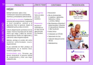 Bebida Funcional, sabor a Uva.
Combinación natural de aminoácidos,
vitaminas y antioxidantes (Resveratrol).
Combate los
síntomas del envejecimiento, mejorando
el nivel energético, anímico y la
apariencia física en general, mejora la
calidaddelsueñoyreduceelestrés.
Personas que
deseen desacelerar el proceso natural
de envejecimiento y tener una mejor
calidaddevida.
Beneficios de su consumo:
Recomendable para:
Evita la degeneración prematura de las
células. Favorece la producción de óxido
nítrico que relaja y dilata las arterias,
reduciendo los niveles de triglicéridos y
colesterol,reducelagrasacorporal.
Además, protege al cerebro del estrés
oxidativo (enfermedades neuro-
degenerativas).
El uso sostenido de HGH, produce un
reforzamiento en el Sistema Oseo,
tendonesyligamentos.
HGH
PRODUCTO CONTENIDO PRESENTACIÓN
Uso sugerido:
Preparación:
Tome un sobre
antes de
acostarse.
Disuelva el
contenido en
un vaso con de
agua hervida
fría.
bien.
Revolver
¿CÓMOSE TOMA?
?
?
?
?
?Endulzado con STEVIA
?Saborizante de Uva
?
?Maltodextrina
Resveratrol
Mix de Aminoácidos
(L-arginina, L-glutamina,
Isoleucina, L-lisina,
L-ornitina, Valina)
Mix Vitamínico (Vitamina C
Ácido Ascórbico, Vitamina
D Colecalciferol, Vitamina
E Alfa Tocoferol)
Ácido Cítrico
Colorante Natural Carmín
WS-50
CAJA DE 30 SOBRES.
Sobres de 7.5 gr.
F U X I O N
Potenciadores
LINEAANTIEDAD10
 