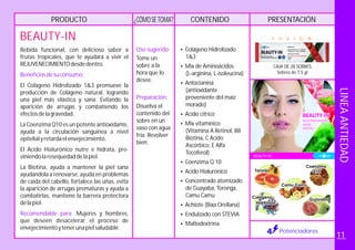 BEAUTY-IN
PRODUCTO CONTENIDO PRESENTACIÓN¿CÓMOSETOMA?
CAJA DE 28 SOBRES.
Sobres de 7.5 gr.
F U X I O N
Potenciadores
Bebida funcional, con delicioso sabor a
frutas tropicales, que te ayudará a vivir el
REJUVENECIMIENTOdesdedentro.
Beneficiosdesuconsumo:
Recomendable para:
El Colágeno Hidrolizado 1&3 promueve la
producción de Colágeno natural, logrando
una piel más elástica y sana. Evitando la
aparición de arrugas y combatiendo los
efectosdelagravedad.
La Coenzima Q10 es un potente antioxidante,
ayuda a la circulación sanguínea a nivel
epitelialyretardaelenvejecimiento.
El Acido Hialurónico nutre e hidrata, pre-
viniendolaresequedaddelapiel.
La Biotina, ayuda a mantener la piel sana
ayudándola a renovarse, ayuda en problemas
de caída del cabello, fortalece las uñas, evita
la aparición de arrugas prematuras y ayuda a
combatirlas, mantiene la barrera protectora
delapiel.
Mujeres y hombres,
que deseen desacelerar el proceso de
envejecimientoytenerunapielsaludable.
Uso sugerido:
Preparación:
Tome un
sobre a la
hora que lo
desee.
Disuelva el
contenido del
sobre en un
vaso con agua
fría.
bien.
Revolver
?
1&3
?Mix de Aminoácidos
(L-arginina, L-isoleucina)
?Antocianina
(antioxidante
proveniente del maíz
morado)
?Acido cítrico
?Mix vitaminico
(Vitamina A Retinol, B8
Biotina, C Acido
Ascórbico, E Alfa
Tocoferol)
?Coenzima Q 10
?Acido Hialurónico
?Concentrado atomizado
de Guayaba, Toronga,
Camu Camu
?Achiote (Bixa Orellana)
?Endulzado con STEVIA
?Maltodextrina
Colágeno Hidrolizado
BEAUTY-IN
LINEAANTIEDAD
11
 
