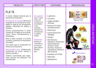 PRODUCTO CONTENIDO PRESENTACIÓN¿CÓMOSE TOMA?
CAJA DE 30 SOBRES.
Sobres de 7.5 gr.
F U X I O N
Potenciadores
?L-glutamina
?Curcumina
?Jengibre (Zingiber
officinale)
?Extracto de Té Verde
(Camellia sinensis)
?Ácido Cítrico
?Luteína (Extracto de
Marigold)
?Omega 3
?Mix Vitamínico
(Vitamina A, Vitamina B5
Ácido Pantoténico,
Vitamina C Ácido
Ascórbico, Vitamina D
Colecalciferol, Vitamina E
Alfa Tocoferol)
?
?Saborizante
?Maltodextrina
Endulzado con STEVIA
Uso sugerido:
Preparación:
Tome 1 sobre
al día o de
acuerdo a sus
necesidades.
El uso
sostenido,
mantiene las
articulaciones
en optimo
estado.
Revolver
Disuelva el
contenido en
una taza de
agua caliente.
bien.
FLX TE
Té herbal, Bebida funcional para la
saluddelasarticulaciones.
Refuerza la
integridad de las articulaciones sanas.
Mejora la salud de las articulaciones
dañadas, eliminando los dolores y
molestias,
Elimina paulatinamente el dolor
causado por la rigidez de las articula-
ciones. Efecto antiinflamatorio y
antioxidante.
Alivia el dolor asociado a la artritis
reumática, y pacientes con desordenes
musculares.
Gran poder para la recuperación de
lesionesytraselejercicio.
epor-
tistas, personas con sobrepeso o de
edadavanzada.
Beneficios de su consumo:
Recomendable para: Complementar
tratamientos de artritis, artrosis o
lesionesarticulares.
También recomendado para d
LINEAANTIEDAD
13
 