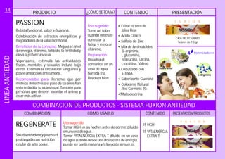 PRODUCTO CONTENIDO PRESENTACIÓN¿CÓMOSE TOMA?
CAJA DE 30 SOBRES.
Sobres de 7.5 gr.
F U X I O N
Bebidafuncional,saboraGuaraná.
Combinación de extractos energéticos y
mejoradoresdelasaludhormonal.
Mejora el nivel
de energía, el ánimo, la líbido, la fertilidad y
elevalapotenciasexual.
Personas que por
motivos del estrés o el paso de los años han
visto reducida su vida sexual.
Beneficios de su consumo:
Recomendable para:
Vigorizante, estimula las actividades
físicas, mentales y sexuales incluso bajo
estrés. Estimula la circulación sanguínea y
poseeunaacciónantitumoral.
También para
personas que deseen levantar el animo y
estarmásactivas
PASSION Uso sugerido:
Preparación:
Tome un sobre
cuando necesite
controlar la
fatiga y mejorar
el ánimo.
Disuelva el
contenido en un
vaso de agua
hervida fría.
bien.Revolver
?
Jalea Real
?Ácido Cítrico
?Sulfato de Zinc
?
?Endulzado con
STEVIA
?
?
?Maltodextrina
Extracto seco de
Mix de Aminoácidos
(L-arginina,
L glutamina,
Isoleucina, Glicina,
L-ornitina, Valina)
Saborizante Guaraná
Colorante Natural
Red Carminic 20.
Potenciadores
REGENERATE
Salud verdadera y juventud
prolongada con nutrición
celular de alto poder.
F U X I O N
15 HGH
15 VITAENERGIA
EXTRA T
Usosugerido:
Tomar HGH en las noches antes de dormir, diluido
enunvasodeagua.
Tomar VITAENERGIA EXTRA T diluido en un vaso
de agua cuando desee una dosis extra de energía,
puedeserporlamañanay/oluegodealmuerzo.
COMBINACION CONTENIDOCOMO USARLO PRESENTACIÓN/PRODUCTOS
COMBINACION DE PRODUCTOS - SISTEMA FUXION ANTIEDAD
LINEAANTIEDAD14
 