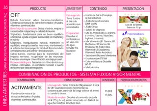 PRODUCTO CONTENIDO PRESENTACIÓN¿CÓMOSETOMA?
CAJA DE 30 SOBRES.
Sobres de 7.5 gr.
F U X I O N
Potenciadores
Bebida funcional, sabor durazno-mandarina,
Combinaciónnaturaldeextractosherbalesyfrutales,
vitaminasyaminoácidos.
Disipa el estrés, mejora la
capacidadderelajaciónylacalidaddelsueño.
Triptófano, fundamental para un buen equilibrio
emocional, ayuda a regular la ansiedad, el insomnio y
elestrés.
Magnesio, tranquilizante natural, mantiene el
equilibrio energético en las neuronas, manteniendo
al sistema nervioso en perfecta salud. Recomendado
entratamientosantiestrésyantidepresión.
Calcio Lácteo, esencial para la transmisión del
impulso nervioso, recuperador de las neuronas.
Personasconritmodevidamuy
intenso, estresadas, en constante tensión o sueño
deficienteporfaltaderelajación.
Beneficios de su consumo:
Recomendablepara:
Favoreceunamayorconcentraciónaúnbajopresión.
OFF Uso sugerido:
Tome 1 sobre
al día o de
acuerdo a sus
necesidades.
Disuelva el
contenido en
un vaso con
de agua
hervida fría.
bien.
Preparación:
Revolver
?
de Calcio Lácteo)
?Ácidos Grasos Esenciales
(DHA y ARA)
?Ácido Cítrico
?Sulfato de Magnesio
?
?
?
?Endulzado con STEVIA
?
?Maltodextrina
Fosfato de Calcio (Complejo
Mix de Aminoácidos (L-arginina,
L-ornitina, Taurina, Triptófano,
L-glicina, L-teanina)
Mix Vitamínico (B1 Tiamina, B2
Rivoflavina, B3 Niacina, B6
Piridoxina, B9 Ácido Fólico,
Vitamina B12 Cobalamina,
Vitamina C Ácido Ascórbico)
Saborizante Durazno Mandarina
Colorante Natural GlobeBix
WS 15
ACTIVAMENTE
15 OFF
15 ON
Uso sugerido: Tome 1 stick de ON junto con 1 stick
de OFF cuando necesite incrementar su
concentración, controlar la fatiga y elevar el ánimo
o cuando lo desee.
Disuelva el contenido de cada
stick (7.5 g / c.u.), en un toma todo con 360 mL de
agua hervida fría. bien.
Modo de empleo:
Revolver
Combinación natural de
extractos herbales y frutales,
vitaminas y aminoácidos.
COMBINACION CONTENIDOCOMO USARLO PRESENTACIÓN/PRODUCTOS
COMBINACION DE PRODUCTOS - SISTEMA FUXION VIGOR MENTAL
F U X I O N
16LINEAANTIESTRES(PARAINCREMENTARELVIGORMENTAL)
 