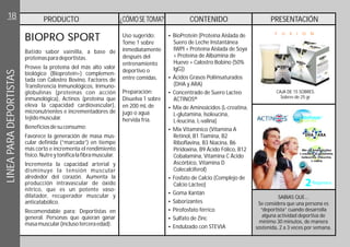 BIOPRO SPORT Uso sugerido:
Preparación:
Tome 1 sobre
inmediatamente
después del
entrenamiento
deportivo o
entre comidas.
Disuelva 1 sobre
en 200 mL de
jugo o agua
hervida fría.
PRODUCTO CONTENIDO¿CÓMOSE TOMA? PRESENTACIÓN
CAJA DE 15 SOBRES.
Sobres de 25 gr.
Batido sabor vainilla, a base de
proteínasparadeportistas.
Provee la proteína del más alto valor
biológico (Bioproteín+) complemen-
tada con Calostro Bovino, Factores de
Transferencia Inmunológicos, Inmuno-
globulinas (proteínas con acción
inmunológica), Actinos (proteína que
eleva la capacidad cardiovascular),
micronutrientes e incrementadores de
tejidomuscular.
Recomendable para: Deportistas en
general.
Beneficiosdesuconsumo:
Favorece la generación de masa mus-
cular definida (”marcada”) en tiempo
más corto e incrementa el rendimiento
físico.Nutreytonificalafibramuscular.
Incrementa la capacidad arterial y
disminuye la tensión muscular
alrededor del corazón. Aumenta la
producción intravascular de óxido
nítrico, que es un potente vaso-
dilatador, recuperador muscular y
anticatabólico.
Personas que quieran ganar
masamuscular(inclusoterceraedad).
?
?Ácidos Grasos Poliinsaturados
(DHA y ARA)
?Concentrado de Suero Lacteo
ACTINOS®
?
?
?
?
?
?
?
?Endulzado con STEVIA
BioProtein (Proteína Aislada de
Suero de Leche Instantánea
IWPI + Proteína Aislada de Soya
+ Proteína de Albúmina de
Huevo + Calostro Bobino (50%
lgG))
Mix de Aminoácidos (L-creatina,
L-glutamina, Isoleucina,
L-leucina, L-valina)
Mix Vitamínico (Vitamina A
Retinol, B1 Tiamina, B2
Riboflavina, B3 Niacina, B6
Piridoxina, B9 Ácido Fólico, B12
Cobalamina, Vitamina C Ácido
Ascórbico, Vitamina D
Colecalciferol)
Fosfato de Calcio (Complejo de
Calcio Lácteo)
Goma Xantán
Saborizantes
Pirofosfato férrico
Sulfato de Zinc
F U X I O N
COLOSTRUM
+
SABIAS QUE...
desarrolla
alguna actividad deportiva de
mínimo 30 minutos, de manera
sostenida, 2 a 3 veces por semana.
Se considera que una persona es
“deportista” cuando
18LINEAPARADEPORTISTAS
 