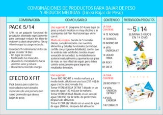 COMBINACIONES DE PRODUCTOS PARA BAJAR DE PESO
Y REDUCIR MEDIDAS (Linea Bajar de Peso)
COMBINACION CONTENIDOCOMO USARLO
PACK 5/14
5/14 es un paquete funcional de
productos diseñado especialmente
para conseguir reducir los kilos de
más con la dosis de proteina, fibra y
vitaminaquetucuerponecesita.
Usando 5/14 eliminarás 5 kilos de
grasa en sólo 14 días:
- Sin dejar de comer.
- Tonificando tus músculos.
- Llevando tu metabolismo hacia
un ritmo sano y natural.
- Elevando tu nivel de energía.
PRESENTACIÓN/PRODUCTOS
14 TE NOCARB
14 TERMOTE
28 BIOPRO FIT
14 VITA
ENERGIA XT
14 LIQUID
FIBRA
04 RGX1
01 DIETA
Uso sugerido:
Modo de empleo:
El programa 5/14 para bajar de
peso y reducir medidas es muy efectivo si lo
acompañas del Plan Nutricional que viene
con él.
Consta de 5 comidas
diarias, complementadas con nuestros
alimentos y bebidas funcionales (se incluye
cartilla con programa detallado), con las que
te sentirás más satisfecho, tendrás mayor
sensación de saciedad, tu metabolismo se
acelerará naturalmente y quemarás esa grasa
de más; es rico y fácil de seguir, pero debes
ceñirte estrictamente para lograr los
resultados deseados.
5 14
ELIMINA 5 KILOS
EN 14 DIAS
PACK
EFECTO X FIT
28 BIO PRO FIT
14 VITA
ENERGIA
EXTRA T
14 VITA
ENERGIA
14 FLORA LIV
Pack básico para cubrir las
necesidades nutricionales
esenciales de una persona con
salud promedio que desea
bajar de peso.
Uso sugerido:
Tomar BIO PRO FIT a media mañana y a
media tarde, diluido en una taza (250 mL) de
agua o leche descremada fría.
Tomar VITAENERGIA EXTRA T diluido en un
vaso de agua (180 mL) por la mañana.
Tomar VITAENERGIA diluido en un vaso de
agua (180 mL) por la tarde, de preferencia
después de almuerzo.
Tomar FLORA LIV diluido en un vaso de agua
de agua (180 mL) después del almuerzo.
F U X I O N
3
LA CAJA
CONTIENE:
LA CAJA
CONTIENE:
 