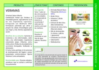 PRODUCTO CONTENIDO¿CÓMO SE TOMA? PRESENTACIÓN
VERAMAS Uso sugerido:
Preparación:
Tome 1 sobre al
día o de acuerdo a
sus necesidades.
En temporada de
invierno se
recomienda 1
sobre por las
noches y otro por
las mañanas.
Disuelva el
contenido en una
taza de agua
caliente.
bien.
Revolver
Teherbal,SaboraMenta.
Combinación herbal que fortalece la
inmunidad general, especialmente la de
las vías respiratorias superiores.
Aumenta la
resistencia a las enfermedades, sobre
todo a las enfermedades respiratorias
estacionales (gripe, influenza, asma,
rinitisyotras).
Personas alérgicas,
asmáticas o que se resfrían o enferman
frecuentemente.
Enriquecido con Wellmune WGP,
formulación patentada que alerta y
prepara las células inmunológicas para
una mayor y más efectiva capacidad de
acción.
Reducelaviscosidaddelas
secreciones bronquiales, facilitando su
eliminación.
El Camu Camu participa en los procesos
de desintoxicación del hígado y posee
propiedades antimicrobianas. Aporta
VitaminaCcomoantioxidante.
Beneficios de su consumo:
Recomendable para:
?
Polisacárido (
)
?
?
?
?
?
?Endulzado con STEVIA
?
?Maltodextrina
Derivado Natural Gluco
Welmune
WPG
Ácido Cítrico
Vitamina C (Ácido
Ascórbico)
Extracto de Aloe Vera
(Aloe barbadensis)
Extracto de Camu Camu
(Myrciaria dubia)
Mix de Aminoácidos
(L-cisteína, L-glicina,
L-glutamina)
Saborizantes
CAJA DE 30 SOBRES.
Sobres de 7.5 gr.
F U X I O N
Es un ingrediente natural derivado de la pared celular de
una cepa patentada de levadura (Saccharomyces
cerevisiae), este glucopolisacárido único actúa como un
modificador de respuesta biológica que activa millones
de células inmunitarias que son una parte esencial y
mayoritaria de las defensas naturales con las que cuenta
elcuerpohumano.
Potenciadores
5
LINEAFORTALECIMIENTODELSISTEMAINMUNOLOGICO
 