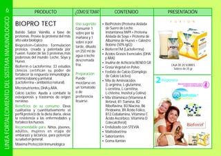 PRODUCTO CONTENIDO¿CÓMOSETOMA? PRESENTACIÓN
BIOPRO TECT
CAJA DE 20 SOBRES.
Sobres de 25 gr.
F U X I O N
Batido Sabor Vainilla, a base de
proteínas. Provee la proteína del más
altovalorbiológico
(Lactoferrina=antibióticonatural).
Micronutrientes,DHAyARA.
Eleva
cualitativa y cuantitativamente el
perfil proteico de la dieta diaria, eleva
la resistencia a las enfermedades y
fortaleceloshuesos.
Niños, jóvenes,
adultos, mujeres en etapa de
embarazo y lactancia, para potenciar
susaludengeneral.
Bioprotein+Calostro: Formulación
proteica, creada y patentada por
Fuxion. Fusión de las 3 proteínas más
poderosas del mundo: Leche, Soya y
Huevo.
Bioferrín o Lactoferrina: 33 estudios
clínicos certifican su poder de
fortalecer la respuesta inmunológica;
antimicrobianoyantiviral.
Calcio Lácteo: Ayuda a combatir la
osteoporosis y trastornos de origen
nervioso.
MáximaProtecciónInmunológica
Beneficios de su consumo:
Recomendable para:
Uso sugerido:
Preparación:
Consumir 1
sobre por la
mañana y 1
sobre a por
tarde, diluido
en 250 ml de
agua o leche
descremada
fría.
Puede
mezclarse en
un tomatodo
o de
preferencia
licuarse.
?
?BioferrínTM (Lactoferrina)
?Ácidos Grasos Esenciales (DHA
y ARA)
?
?
?
?
?
?Endulzado con STEVIA
?Maltodextrina
?Saborizantes
?Goma Xantán
BioProtein (Proteína Aislada
de Suero de Leche
Instantánea IWPI + Proteína
Aislada de Soya + Proteína de
Albúmina de Huevo + Calostro
Bobino (50% lgG))
Inulina de Achicoria BENEO GR
Grasa Vegetal en Polvo
Fosfato de Calcio (Complejo
de Calcio Lácteo)
Mix de Aminoácidos
(L-arginina, L-glutamina,
L-ornitina, L-carnitina,
L-cisteína, Inositol y Colina)
Mix Vitamínico (Vitamina A
Retinol, B1 Tiamina, B2
Riboflavina, B3 Niacina, B6
Piridoxina, B9 Ácido Fólico,
B12 Cobalamina, Vitamina C
Ácido Ascórbico, Vitamina D
Colecalciferol)
COLOSTRUM
+
Bioferrin
R
6LINEAFORTALECIMIENTODELSISTEMAINMUNOLOGICO
 