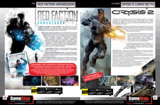 _THQ                                                                                                                                           _EA GAMES
                      red faction armageddon                                                                                                                             CRYSIS 2 L’ARMA SEI TU



                                                                                                                                                       IL MONDO È STATO DEVASTATO DA UNA SERIE DI CATACLISMI CLIMATICI E LA SOCIETÀ
                                                                                                                                                       È SULL’ORLO DEL TOTALE DISFACIMENTO. GLI ALIENI SONO TORNATI, CON UNA FORZA
                                                                                                                                                       D’INVASIONE AL COMPLETO, E IL LORO OBIETTIVO È NIENTE MENO CHE LA TOTALE
                                                                                                                                                       DISTRUZIONE DELL’UMANITÀ. UN PROCESSO A CUI DARE INIZIO STRAPPANDO IL CUORE DELLA
                                                                                                                                                       CITTÀ PIÙ FAMOSA DELLA TERRA.

                      IL QUARTO CAPITOLO DI RED FACTION, UNO SPARATUTTO IN TERZA                                                                               A NEW YORK, TERRIFICANTI INVASORI SPAZIALI SI AGGIRANO PER LE STRADE E UNA
                      PERSONA AMBIENTATO NEL PIANETA ROSSO, RINNOVA LA SERIE CON UN                                                                                PIAGA DA INCUBO FALCIA MILIONI DI ABITANTI CON BRUTALE ED EPIDEMICA
                      GRANDE MULTIPLAYER E LA FORZA DEVASTANTE DEL NANO FORGE IN GRADO DI                                                                                VELOCITÀ. LA CITTÀ È NEL CAOS, LE SUE STRADE E I SUOI PALAZZI SONO
                        DISTRUGGERE E DI RICOSTRUIRE OGGETTI E STRUTTURE!                                                                                                     RIDOTTI A CUMULI DI MACERIE FUMANTI. È UNA NEW YORK
                                                                                                                                                                                   COME NON L’AVETE MAI VISTA.
                           SONO PASSATI 50 ANNI DAL GIORNO IN CUI LA RED FACTION E GLI ALLEATI
                            MARAUDER HANNO LIBERATO MARTE DALLA MINACCIA DELLA EARTH                                                                                                NÉ LE FORZE DELL’ORDINE PARAMILITARI, NÉ LA POTENZA
                              DEFENSE FORCE, MA LA PACE SUL PIANETA ROSSO È NUOVAMENTE                                                                                               DELLA MACCHINA DA GUERRA DEGLI USA POSSONO
                               MINACCIATA, STAVOLTA DA UNA MISTERIOSA FORZA DI ORIGINE                                                                                               RESISTERE AGLI INVASORI. TUTTI COLORO CHE HANNO
                                ALIENA. L’EQUILIBRIO CLIMATICO È NUOVAMENTE PRECARIO                                                                                                 SCELTO DI NON FUGGIRE SONO CONDANNATI. LA
                                 E SONO TORNATE LE TEMPESTE DI SABBIA E I TORNADO. IL                                                                                                SEMPLICE SOPRAVVIVENZA IN QUESTO URAGANO DI
                                 GIOCATORE PRENDE IL RUOLO DI DARIUS MASON, NIPOTE DEGLI                                                                                             MORTE RICHIEDE L’USO DI TECNOLOGIE BEN SUPERIORI A
                                  EROI DELLA RIVOLUZIONE ALEC MASON E SAMANYA. DARIUS                                                                                                QUELLE MAI VISTE DA UN SOLDATO MODERNO.
                                  SCATENA IN UN TEMPIO MARAUDER UN’ENTITÀ DEMONIACA
                                   DORMIENTE DA TANTO TEMPO E PORTA L’ARMAGEDDON SU                                                                                                 UN UOMO STA PER EREDITARE TALE TECNOLOGIA: È LA
                                   MARTE. LE COLONIE SONO MINACCIATE DALL’ARMAGEDDON E                                                                                            TUTA DA COMBATTIMENTO DEL FUTURO, LA NANOSUIT 2.
                                   SOLO DARIUS È IN GRADO DI SALVARLE.                                                                                                           CON ESSA, QUESTO SINGOLO SUPERSOLDATO SI OPPORRÀ
                                                                                                                                                                                ALLA DISTRUZIONE DELL’UMANITÀ, NELLA GIUNGLA URBANA
                                    • NANO FORGE: SCATENA LA FORZA DEVASTANTE DEI POTENTI                                                                                   NOTA COME NEW YORK CITY.
                                    NANO FORGE, IN GRADO DI DISINTEGRARE E RICOMPORRE
                                   OGGETTI E STRUTTURE.                                                                                                 NEW YORK: CRYSIS® HA IMPOSTO UNO STANDARD GRAFICO PER I GIOCHI PC CHE RESISTE
                                                                                                                                                       ANCORA OGGI. CRYSIS 2 RIDEFINIRÀ DI NUOVO IL PANORAMA SU PC E CONSOLE SPOSTANDO
                                  • MODALITÀ EXTERMINATION: GRAZIE ALLA MODALITÀ ONLINE,                                                               LA PROPRIA ATTENZIONE SULLA GIUNGLA URBANA DI NEW YORK CITY.
                                 QUATTRO GIOCATORI POSSONO UNIRSI IN SQUADRA E AFFRONTARE                                                               ALIENI E IA INCREDIBILI: IA DI PRIMISSIMO LIVELLO OFFRONO UNA GRANDE SFIDA GRAZIE
                                LE ONDATE DI NEMICI MENTRE I MISTERI DI UNA MINACCIA ANTICA                                                            UNA COORDINAZIONE E UN COMPORTAMENTO DI GRUPPO ASSOLUTAMENTE UNICI, CAPACI
                               CONTINUANO A SVELARSI.                                                                                                  DI DARE RISPOSTE REALISTICHE ALLE TUE AZIONI.
                            • DISTRUZIONE ASSOLUTA: DISTRUGGI GLI AVAMPOSTI SEPARATISTI,                                                                NANOSUIT 2: ADATTA LE TUE TATTICHE DI COMBATTIMENTO, PERSONALIZZANDO LA TUA
                          CANCELLA I MONOLITI ALIENI E RICOSTRUISCI LE DIFESE DEI COLONI                                                               NANOSUIT E LE TUE ARMI IN TEMPO REALE CON MODIFICHE SPECIALI E SBLOCCANDO
                       GRAZIE AL GEO MOD 2.0, IL PIÙ AGGIORNATO TRA I MOTORI DI DISTRUZIONE                                                            COSÌ UNA VARIETÀ DI POTERI DA SUPERSOLDATO.
                       IN TEMPO REALE.                                                                                                                   MULTIGIOCATORE*: LO STUDIO CRYTEK UK, FAMOSO NEL MONDO PER I SUOI
                                                                                                                                                       SPARATUTTO, È PRONTO A REINVENTARE IL MULTIPLAYER GRAZIE
                                                                                                                                                       ALLA DINAMICA INTENSITÀ DELLA NANOSUIT 2, UNA TECNOLOGIA CHE
      DISPONIBILE UNA FANTASTICA EDIZIONE SPECIALE:                                                                                                    OFFRE AL GIOCATORE UNA VARIETÀ PRATICAMENTE ILLIMITATA DI
     IN UNA CONFEZIONE CON EFFETTO LENTICOLARE, SONO INCLUSI                                                                                           OPZIONI PER AFFRONTARE OGNI BATTAGLIA.
          INTERESSANTI CONTENUTI SCARICABILI PER IL GIOCO!
     • PACCHETTO DLC COMMANDO: INDOSSA L’UNIFORME COMMANDO E AGGIUNGI
     DUE NUOVE ARMI AL TUO ARSENALE: PLASMA THROWER E DUAL LASER PISTOLS.
          • PACCHETTO DLC RECON: QUESTO PACCHETTO DI CONTENUTI INCLUDE
               L’UNIFORME RECON E DUE FANTASTICHE ARMI AGGIUNTIVE:
                             ARC WIELDER E XNG 5000.
                                                                                                                BILE
                                                                                                           O N II T I O N!
                                                                                                       DISP ED
                                                                                                          O
                                                                                                      NAN


         RISPARMIA
                                                      PCGAMES
        PORTANDOCI                                                                                 RISPARMIA
                                                                                                                                            PCGAMES
       IL TUO USATO
                      E69.98        E69.98           E49   .98                                    PORTANDOCI
                                                                                                 IL TUO USATO
                                                                                                                E69.98     E69.98          E54   .98


60                                                                                                                                                                                                                                            61
                _GARANTIAMO LA TUA SODDISFAZIONE SULL’ACQUISTO. Non sei soddisfatto del              _GARANTIAMO LA TUA SODDISFAZIONE SULL’ACQUISTO. Non sei soddisfatto del
                tuo acquisto? Avrai 24 ore di tempo per cambiarlo con altri prodotti.                  tuo acquisto? Avrai 24 ore di tempo per cambiarlo con altri prodotti.
 