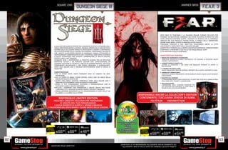 _SQUARE ENIX                                                                                                                                               _WARNER BROS
                                              DUNGEON SIEGE III                                                                                                                                                f.e.a.r. 3




                                                                                                                                                    NOVE MESI FA, POINTMAN E LA SQUADRA F.E.A.R. FURONO RECLUTATI PER
                                                                                                                                                    FERMARE UN MISTERIOSO CANNIBALE DAI POTERI TELEPATICI IN PREDA AD UNA
                                                                                                                                                    FURIA OMICIDA.POINTMAN SCOPRÌ DURANTE LA RICERCA CHE IL CANNIBALE
                                                                                                                                                    OMICIDA ERA SUO FRATELLO, PAXTON FETTEL, A FIANCO DELLA TORMENTATA
                                                                                                                                                    MADRE ALMA WADE, DOTATA DI IMMENSI POTERI PSICHICI.
                                                                                                                                                    POINTMAN PERSEGUÌ IL SUO OBIETTIVO, DEVASTANDO ANCHE LA CITTÀ
                IL DELICATO EQUILIBRIO DI POTERE TRA IL REGNO DEI POTENTI E LE FAZIONI EHB, È                                                       CIRCOSTANTE E GRAN PARTE DELLA SQUADRA F.E.A.R.
                ORMAI IRREPARABILMENTE LACERATO. INDOSSA L’ARMATURA DI UNO DEI POCHI                                                                OGGI FETTEL È TORNATO DALLA MORTE CON INTENTI MISTERIOSI, PERSEGUITANDO
                MEMBRI DELLA 10A LEGIONE RIMASTI A PROTEGGERE IL REGNO E CONTRIBUISCI                                                               POINTMAN E CHIEDENDO IL SUO AIUTO PER RAGGIUNGERE ALMA.
                ALLA RICOSTRUZIONE DELLA LEGIONE PER FERMARE L’INESORABILE DECLINO DI                                                               A CHI PRESTERÀ FEDELTÀ POINTMAN?
                EHB. UNISCITI ALL’AFFIATATO GRUPPO DI COMPAGNI, VIAGGIA ATTRAVERSO LE
                IMPRESSIONANTI AMBIENTAZIONI DI EHB E SCONFIGGI OGNI SORTA DI NEMICO                                                                CARATTERISTICHE PRINCIPALI
                O BESTIA ATTRAVERSO UNA SAPIENTE COMBINAZIONE DI ABILITÀ EROICHE,
                POTENTI ARMI E ARTI MAGICHE.                                                                                                        • MODALITÀ COOPERATIVA DIVERGENTE:
                DUNGEON SIEGE 3 RAPPRESENTA LA PERFETTA FUSIONE TRA UN INTUITIVO                                                                      COMPLESSA MODALITÀ DI GIOCO COOPERATIVA CHE ASSEGNA AI GIOCATORI ABILITÀ
                                                                                                                                                      DIVERSE E CONTRASTANTI.
                GAMEPLAY ACTION E UN ROBUSTO SISTEMA GDR, CARATTERIZZATO DA
                UN’AMPIA SELEZIONE DI TECNICHE E ABILITÀ DA COMBATTIMENTO, UN’ESTESA                                                                • COMBATTIMENTO FRENETICO:
                COMPONENTE MULTIPLAYER E UNA STORIA PROFONDA E COINVOLGENTE,                                                                          SISTEMA DI COPERTURA A 360 GRADI CON MODALITÀ AVANZATE DI AZIONE AL
                COME SOLO SQUARE ENIX E OBSIDIAN ENTERTAINMENT SONO IN GRADO DI                                                                       RALLENTATORE.
                PRODURRE.                                                                                                                           • IL MONDO SECONDO ALMA:
                                                                                                                                                      NUOVE INQUIETANTI CREATURE NEMICHE PARTORITE DALLA MENTE CONTORTA DI ALMA.
                CARATTERISTICHE:                                                                                                                    • IMPREVISTI TERRIFICANTI:
                • PER LA PRIMA VOLTA, GIOCA DUNGEON SIEGE SU CONSOLE AD ALTA                                                                          AUMENTA IL SENSO DI ISOLAMENTO E IMPREVEDIBILITÀ GRAZIE A NUOVI EVENTI GENERATI
                  DEFINIZIONE                                                                                                                         CASUALMENTE.
                • VIVI LA STORIA IN SINGLE PLAYER OPPURE, GIOCA CON UN AMICO NELLA                                                                  • MAESTRI DELL’HORROR:
                  MODALITÀ MULTIPLAYER CO OP                                                                                                          IL LEGGENDARIO REGISTA JOHN CARPENTER E LO SCRITTORE STEVE NILES HANNO INTRISO
                • SCOPRI UNA STORIA DAVVERO IMMERSIVA COME SOLO SQUARE ENIX E                                                                         DELLA LORO ARTE I FILMATI E LA NARRAZIONE.
                  OBSIDIAN ENTERTAINMENT SONO IN GRADO DI REALIZZARE                                                                                • MULTIGIOCATORE:
                • SCEGLI IL TUO PERSONAGGIO PREFERITO E PERSONALIZZALO CON LE                                                                         L’IMMERSIONE DELLE CLASSICHE MODALITÀ PER
                  TANTISSIME CLASSI E ABILITÀ DISPONIBILI                                                                                             PIÙ GIOCATORI NELL’UNIVERSO DI ALMA DONA A
                • RECLUTA I COMPAGNI CON PERSONALITÀ E ABILITÀ UNICHE PER VIVERE                                                                      F.E.A.R. 3 UNO STILE INCONFONDIBILE.
                  L’UNIVERSO CHE LI AVVOLGE IN MODO SEMPRE DIVERSO E ORIGINALE
                • PRENDI DECISIONI IMPORTANTI DA CUI DIPENDERANNO LE SORTI DELLA TUA
                  ALLEANZA E IL CULMINE DELLA STORIA.
                                                                                                                         DISPONIBILE ANCHE LA COLLECTOR’S EDITION
                      DISPONIBILE LIMITED EDITION                                                                         CONTENENTE L’ESCLUSIVA STATUA DI ALMA.
               INCLUDE 4 OGGETTI ESCLUSIVI PER POTENZIARE                                                                                  PS3 E79,98        XBOX360 E79,98
                    LE ABILITÀ DEL TUO PERSONAGGIO:
              • FASCIA ROVENTE DI SCORCH • MORSO D’ARAKUN
       • TALISMANO DEL GRAN MAGO • CUORE SACRO DELLA LEGIONE




                                                                                                PARTECIPA AL TORNEO
                                                                                                        DI FEAR
       RISPARMIA
                                                    PCGAMES                                             PRESSO
      PORTANDOCI                                                                                ITALIA IN MINIATURA,          RISPARMIA
                                                                                                                                                                        PCGAMES
     IL TUO USATO
                    E69.98        E69.98           E49   .98                                      IL 27 E 28 AGOSTO          PORTANDOCI
                                                                                                                            IL TUO USATO
                                                                                                                                           E59.98     E59.98           E54   .98


62                                                                                                                                                                                                                                      63
                                                                                                  _GARANTIAMO LA TUA SODDISFAZIONE SULL’ACQUISTO. Non sei soddisfatto del
           Garantiamo prezzi competitivi                                                            tuo acquisto? Avrai 24 ore di tempo per cambiarlo con altri prodotti.
 