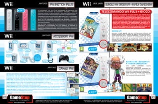 _NINTENDO                                                                                    _BLUE LABEL
                                                                                                      motion plus                                                                        BUNDLE Wii: order up! + Family gameshow
                            E54.98
                                                                                                                                                                                 TELECOMANDO Wii PLUS + GIOCO
                                                                    IL TELECOMANDO Wii PLUS È UN TELECOMANDO Wii MIGLIORATO CON
                                                                    L’AGGIUNTA DELL’ACCESSORIO Wii MOTIONPLUS INTEGRATO. I GIOCATORI
                                                                    POTRANNO PROVARE UN NUOVO LIVELLO DI PRECISIONE E ACCURATEZZA NEI
                                                                    GIOCHI SENZA DOVERSI PREOCCUPARE DI ACQUISTARE ULTERIORI ACCESSORI.                                                               SPECIALE TELECOMANDO
                                                                                                                                                                                                      SPECIALE TELECOMANDO Wii CON SISTEMA Wii MOTION PLUS
                                                                                                                                                                                                         C           CO       O   ii CON SISTEMA
                                                                                                                                                                                                                                           S      ii MOTION PLUS
                                                                                                                                                                                                                                                      O O       S
                                                                    DISPONIBILE IN QUATTRO COLORI BIANCO, NERO, ROSA E BLU , IL TELECOMANDO                                                           INTEGRATO. QUESTO RIVOLUZIONARIO CONTROLLER PER LA
                                                                    Wii PLUS POSSIEDE LE STESSE DIMENSIONI DI UN NORMALE TELECOMANDO                                                                  CONSOLE NINTENDO Wii È SENSIBILE AI MOVIMENTI IN UNO SPAZIO
                                                                                                                                                                                                      TRIDIMENSIONALE E COMUNICA SENZA FILI CON LA BARRA SENSORE
                                                                    Wii, E TUTTE LE PERIFERICHE COMPATIBILI, COME NUNCHUK E CONTROLLER                                                                PER OTTENERE UNA PRECISIONE MAI VISTA PRIMA E UNA GRANDE
                                                                    TRADIZIONALE, POSSONO ESSERE CONNESSE ALLA BASE DEL TELECOMANDO Wii                                                               FACILITÀ DI UTILIZZO. OGNI MINIMO MOVIMENTO DEL POLSO O DEL
                                                                    PLUS COME IN PASSATO.                                                                                                             BRACCIO DEL GIOCATORE È AUTOMATICAMENTE RIPRODOTTO IN
                                                                    CON LE STESSE FUNZIONALITÀ DEL TELECOMANDO Wii CONNESSO A Wii                                                                     TEMPO REALE SULLO SCHERMO, GARANTENDO UNA RISPOSTA 1:1
                                                                    MOTIONPLUS, IL TELECOMANDO Wii PLUS PERMETTE AI GIOCATORI DI                                                                      EFFETTIVA DEL GIOCO. IL TELECOMANDO Wii È INOLTRE DOTATO DI
                                                                                                                                                                                                      UN SISTEMA DI VIBRAZIONE ED UN ALTOPARLANTE INTERNO PER
                                                                    RIPRODURRE SULLO SCHERMO OGNI MINIMO MOVIMENTO DEL POLSO O DEL                                                                    RENDERE L’ESPERIENZA DI GIOCO ANCORA PIÙ INCREDIBILE.
                                                                    BRACCIO CON ESTREMA PRECISIONE, CON L’UTILIZZO DI UN SOLO CONTROLLER
                                                                    COMPATTO.
                                                                                                                                                                                                    ORDER UP!
                                                                                                                                                                                                    BENVENUTI A PORT ABELLO, UNA DELLE PIÙ IMPORTANTI LOCATION PER
                                                                                                                                                                                                    QUANTO RIGUARDA L’ARTE CULINARIA. NEI PANNI DI UNO CHEF EMERGENTE,
                                                                           _NINTENDO
                                                                                                  accessori                                                                                         DOVRAI DIMOSTRARE MOLTO. DOPO AVER IMPARATO A CUCINARE IN UN FAST
                                                                                                                                                                                                    FOOD, DOVRAI DECIDERE DI COMPRARE IL TUO RISTORANTE. MA QUESTO
                                                                                                                                                                                                    NON È L’UNICO TUO OBIETTIVO. LA FORTIFIED CHEF COMPETITION STA PER
                                                                                                                                                                                                    ARRIVARE IN CITTÀ E VINCERE LA GARA TI PORTERÀ AL CENTRO DEL PANORAMA
                                                                                                                                                                                                    CULINARIO. DURANTE IL TUO VIAGGIO, FARAI TUTTI GLI STEP FINO A DIVENTARE
                   E19.98                             E29.98                                   E24.98                             E19.98                                                            PROPRIETARIO DEL TUO RISTORANTE.




                            Wii CLASSIC
                            CONTROLLER     E19.98                                                          E12.98                   E34.98                 E49.98
  Wii NUNCHUK                                                Wii COMPONENT           Wii RGB CABLE
  CONTROLLER                                                 AV CABLE                                            NINTENDO POINTS CARD
                                                                                           Wii NUNCHUK
                                      Wii ZAPPER
      E29.98                                                   + GIOCO                     CONTROLLER
                                                                                           BLACK
                                                                                                                                Wii CONTROLLER
                                                                                                                                TRADIZIONALE
                                                            ZELDA LINK’S
                                                             CROSSBOW                                                           PRO BLACK
                                                              TRAINING
      Wii LAN
      ADAPTER                     E29.98                                      E19.98                                           E24.98                                                                                         BUONASERA E BENVENUTI
                                                                                                                                                                                                                              A “FAMILY GAMESHOW”
                                                                                                                                                                                                                              SONO      LARRY       LIGHTFOOT,        L’AMATO
                                                                                     _NINTENDO                                                                                                                                PRESENTATORE DI GAMESHOW.
                                                                                                             canali                                                                                                           QUESTO SARÀ IL GIOCO PIÙ DIVERTENTE CHE
                                                                                                                                                                                                                              ABBIATE MAI VISTO IN TV PERCHÉ TU E I TUOI AMICI
                                                                                                                                                                                                                              DIVENTERETE CONCORRENTI DEL GAMESHOW!
                                                                                                                                                                                                                              POTRAI SCEGLIERE DI GIOCARE IN TRE MODALITÀ:
      UNA DELLE IDEE PORTANTI NELLA CONCEZIONE DELLA CONSOLE Wii È STATAAUMENTARE IL NUMERO DI CANALI DISPONIBILI       I                                                                                                     BRAIN TRAINING, QUIZ E CRUCIVERBA; OGNUNO
      NEL TELEVISORE. VISTO CHE SITRATTA DI UNA CONSOLE DI GIOCO, IL PRINCIPIO DI INSERIRE UN DISCO PERGIOCARE È RIMASTO
      IMMUTATO, MA SONO STATI INTRODOTTI ANCHE DEI“CANALI”. CI SONO CANALI CHE UTILIZZANO WiiCONNECT24 PER                                                                                                                    CON TRE DIVERSI LIVELLI DI DIFFICOLTÀ.
      LADISTRIBUZIONE DI INFORMAZIONI, CANALI CREATIVI CHE FUNZIONANO INSIEMEAI GIOCHI, CANALI CHE UTILIZZANO LE SCHEDE
      DI MEMORIA SD, E COSÌ VIA. DI SEGUITO SOLO UNA PARTE DEI CANALI ATTUALMENTE DISPONIBILI:
      CANALE FOTO: UTILIZZANDO LO SLOT SD CHE SI TROVA SULLA PARTE ANTERIORE DELLA CONSOLE, PUOIVEDERE SULLO SCHERMO
      DEL TELEVISORE LE FOTO E I FILMATI CHE HAI REALIZZATO CON ILTUO TELEFONO CELLULARE O LA TUA FOTOCAMERA DIGITALE.
      CANALE NOTIZIE: NOTIZIE DI OGNI TIPO, SIA NAZIONALI CHE INTERNAZIONALI, TUTTE PER TE.
      CANALE METEO: LA CONSOLE Wii TI PERMETTE DI IMPOSTARE IL PAESE E L’AREA DI RESIDENZA. SULLABASE DI QUESTE
      INFORMAZIONI, Wii TI MOSTRA LE CONDIZIONI ATMOSFERICHE ATTUALI.
      CANALE INTERNET: QUALCOSA HA CATTURATO LA TUA ATTENZIONE IN UN PROGRAMMA TV E VUOI FARE UNARAPIDA RICERCA
      SU INTERNET? VUOI RADUNARE TUTTA LA FAMIGLIA INTORNO AL TELEVISOREPER ORGANIZZARE LA PROSSIMA GITA?
      CANALE Wii SHOP: IL CANALE Wii SHOP È IL PUNTO D’ACCESSO DA CUI SI POSSONO ACQUISTARE GIOCHIPER LA VIRTUAL
      CONSOLE E I CANALI CHE VERRANNO VIA VIA AGGIUNTI.
      CANALE MII: IL CANALE MII TI PERMETTE DI CREARE TE STESSO O I TUOI AMICI COMBINANDO DIVERSECARATTERISTICHE
      DEL VOLTO.                                                                                                                                           E49.98
126                                                                                                                                                                                                                                                                              127
                                                               _GARANTIAMO IL RITIRO DI TUTTI I TUOI PRODOTTI USATI. SEI STUFO DEL TUO           _GARANTIAMO LA TUA SODDISFAZIONE SULL’ACQUISTO. Non sei soddisfatto del
                                                               USATO? PORTACELO E SCEGLI QUALSIASI ALTRO PRODOTTO IN NEGOZIO.                      tuo acquisto? Avrai 24 ore di tempo per cambiarlo con altri prodotti.
 