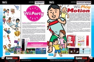 _nintendo                                                                                                                   _nintendo
                                                                        party                                                                                                                 PLAY MOTION




                                                                                                                                                              Wii PLAY: MOTION È IL SUCCESSORE DEL POPOLARISSIMO Wii PLAY,
                                                                                                                                                              CHE HA VENDUTO OLTRE 9 MILIONI DI UNITÀ IN TUTTA EUROPA. TI
                                                                                                                                                              FARÀ ROTEARE E GIRARE INSIEME AI TUOI AMICI, GRAZIE AL PACK
                                                                                                                                                              ESCLUSIVO CHE CONTIENE ANCHE UNO SPECIALE TELECOMANDO
                                                                                                                                                              Wii PLUS ROSSO. IL TELECOMANDO Wii PLUS UNISCE LE
                                                                                                                                                               CARATTERISTICHE DEL TELECOMANDO Wii ORIGINALE CON LA
                                                                                                                                                               PRECISIONE DELL’ACCESSORIO Wii MOTIONPLUS. ASSICURA UN
                                                                                                                                                             CONTROLLO DEL MOVIMENTO DI GRANDE QUALITÀ E PRECISIONE E
                                                                                                                                                      UN COINVOLGENTE DIVERTIMENTO PER TUTTI, DA IMPUGNARE E GODERE
                                                                                                                                                      ALL’ISTANTE.
                  Wii PARTY È IL TITOLO DI NINTENDO, ADATTO A TUTTA LA FAMIGLIA, NEL                                                                 IN OGNI MINI GIOCO PUOI USARE IL TUO MII PERSONALIZZATO CHE SI TROVERÀ
                  QUALE FINO A 4 GIOCATORI HANNO LA POSSIBILITÀ DI SFIDARSI IN UNA SERIE DI                                                          IN UNA SERIE DI AMBIENTI INASPETTATI E INTERESSANTI. NEL MINI GIOCO
                  DIVERTENTISSIMI MINIGIOCHI.                                                                                                        TURBOMBRELLO IL TUO MII INDOSSERÀ UN PAIO DI PATTINI A ROTELLE E AVRÀ
                                                                                                                                                     CON SÉ UN OMBRELLO. CON IL TELECOMANDO Wii PLUS SARÀ POSSIBILE APRIRE
                  GRAZIE ALLE DIVERSE MODALITÀ DI GIOCO INCLUSE NEL SOFTWARE, Wii PARTY
                  È UN TITOLO IN GRADO DI ADATTARSI AI GUSTI E ALLE NECESSITA’ DI TUTTI I TIPI                                                       L’OMBRELLO CHE TRASPORTERÀ IL TUO MII IN UNA GARA DI CORSA. INCLINANDO
                  DI GIOCATORI, E SA TRASFORMARE UNA QUALUNQUE SERATA IN COMPAGNIA DI                                                                SAPIENTEMENTE IL TELECOMANDO Wii PLUS PUOI FAR CAMBIARE DIREZIONE AL
                  AMICI O PARENTI IN UN ENTUSIASMANTE PARTY!                                                                                         MII, FARLO SALTARE E ACCELERARE MENTRE SI FA STRADA FINO ALLA FINE DELLA
                                                                                                                                                     CORSA, SCHIVANDO GLI OSTACOLI SUL SUO CAMMINO.
                  Wii PARTY OFFRE DIVERSI TIPI DI COMPETIZIONE TRA CUI IL GIOCATORE PUÒ
                  SCEGLIERE. VI SONO DIVERSE MODALITÀ BASATE SU GIOCHI DA TAVOLA CHE                                                                 MENTRE AVANZI FRA I 12 MINI GIOCHI, VEDRAI CHE OGNI MOVIMENTO
                  RICHIEDONO DAI 30 AI 60 MINUTI DI GIOCO E MODALITÀ CHE RIPRENDONO                                                                  ONDULATORIO, INCLINAZIONE, COLPO O ROTAZIONE CHE IMPRIMERAI AL
                  GIOCHI TRADIZIONALI COME IL BINGO O LA ROULETTE PER CHI DESIDERA                                                                   TELECOMANDO Wii PLUS PRENDERÀ VITA E SARÀ RIPRODOTTO FEDELMENTE
                  QUALCOSA DI MENO IMPEGNATIVO. LA NOVITÀ PIÙ SIGNIFICATIVA È PERÒ                                                                   SULLO SCHERMO TV.
                  COSTITUITA DALLA MODALITÀ HOUSE PARTY, CHE GARANTISCE UN’ESPERIENZA
                  MAI PROVATA PRIMA IN UN VIDEOGIOCO!

                  PER LA PRIMA VOLTA IN UN VIDEOGIOCO, LA MODALITÀ HOUSE PARTY PORTA
                  IL DIVERTIMENTO DENTRO IL TUO SALOTTO! ALCUNI GIOCHI PREVEDONO
                  INFATTI CHE I GIOCATORI INTERAGISCANO FRA DI LORO TRAMITE L’UTILIZZO DEL
                  TELECOMANDO Wii. NEL GIOCO HIDE ‘N’ HUNT AD ESEMPIO UN GIOCATORE
                  DEVE NASCONDERE I TELECOMANDI DEGLI AVVERSARI NELLA STANZA, CHE
                                          DOVRANNO TROVARLI CON L’AIUTO DEI SUONI EMESSI
                                           DAGLI ALTOPARLANTI. OPPURE IN ANIMAL TRACKER
                                           I GIOCATORI DEVONO PRENDERE PER PRIMI IL
                                          TELECOMANDO CHE EMETTE IL SUONO DELL’ANIMALE
                                         RAFFIGURATO SULLO SCHERMO.


                                              LA CONFEZIONE INCLUDE
                                               UN TELECOMANDO Wii
                                                  BIANCO O NERO




      E49.98
                                                                                                 E49.98

128                                                                                                                                                                                                                         129
                                                                                                  _GARANTIAMO LA TUA SODDISFAZIONE SULL’ACQUISTO. Non sei soddisfatto del
               _Garantiamo prezzi competitivi                                                       tuo acquisto? Avrai 24 ore di tempo per cambiarlo con altri prodotti.
 