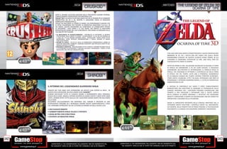 _SEGA
                                                                  CRUsH3D™                                                                                    _nintendo            the legend of zelda 3d
                                                                                                                                                                                           ocarina of time
                         DOPO IL GRANDE SUCCESSO RISCOSSO NELLE PRECEDENTI EDIZIONI RITORNA,
                         COMPLETAMENTE REINVENTATO PER NINTENDO 3DS.
                         CRUSH™3D È UN GIOCO PLATFORM UNICO CHE DÀ LA POSSIBILITÀ DI CAMBIARE
                         PROSPETTIVA DA 2D A 3D, MENTRE IL GIOCATORE CERCA DI RISOLVERE
                         ROMPICAPO STRIZZACERVELLI.
                         CRUSH™3D RACCONTA LA STORIA DI DANNY, UN PERSONAGGIO CURIOSO CHE
                         SI OFFRE VOLONTARIO PER TESTARE LA FANTASTICA MACCHINA C.R.U.S.H. DI
                         UN AMICO. QUESTA INVENZIONE GLI CONFERISCE LO STRABILIANTE POTERE
                         DI ESPLORARE I SUOI SOGNI E LE SUE PAURE, MA PRESTO LA MACCHINA
                         INTRAPPOLERÀ DANNY NEL SUO SUBCONSCIO. ORA DANNY HA BISOGNO DELLA
                         TUA ABILITÀ PER FUGGIRE.
                         • LA MECCANICA DI SCHIACCIAMENTO POSSIBILITÀ DI ESPLORARE LE INFINITE
                           PIATTAFORME DELLA MENTE DI DANNY “SCHIACCIANDO” LA VIA DA UN MONDO 3D
                           A UNO 2D E IN 3D ANCORA QUANDO SERVE. “SCHIACCIARE” PORTA VERSO VETTE
                           INARRIVABILI, OLTRE OSTACOLI INSORMONTABILI E TOGLIE PERSINO DI MEZZO
                           PERICOLOSI NEMICI
                         • DECINE DI LIVELLI PIÙ DI 50 LIVELLI DI ROMPICAPO STRIZZACERVELLI SPARSI SU
                           QUATTRO INCREDIBILI AMBIENTI, OGNUNO RICREANTE UNO SPECIFICO ASPETTO DEL
                           MONDO MENTALE DI DANNY
                         • RACCOGLI E SBLOCCA RACCOGLIENDO TUTTE LE BIGLIE E I RICORDI IN OGNI LIVELLO
                           SI OTTENGONO ILLUSTRAZIONI E COSTUMI ESCLUSIVI. PRENDENDO I TROFEI SI PUÒ
                           SBLOCCARE UNA SPECIALE MODALITÀ SFIDA

                                                                                                                                                                     CON UNA SONTUOSA GRAFICA RIMASTERIZZATA E NUOVE MERAVIGLIOSE
                                                                                                                                                                     IMMAGINI IN 3D, SIA I VECCHI FAN DEL GIOCO CHE QUELLI NUOVI
                                                                                                                                                                     RIMARRANNO ESTASIATI DA QUESTO CLASSICO SENZA TEMPO, IN CUI

      E49.98
                                                                                                                                                                     VIVRANNO LE INCREDIBILI AVVENTURE DI LINK, UNO DEGLI EROI DEI
                                                                                                                                                                     VIDEOGIOCHI PIÙ AMATI DI SEMPRE.

                                                                                                                                                                     ENTRA NEI PANNI DI LINK, UN GIOVANE INCARICATO DI SALVARE LA TERRA
                                                                                                                                                                     DI HYRULE DA GANONDORF, IL RE DEI LADRI GERUDO. IL MALVAGIO
                                                                                                                                                                     GANONDORF, NELL’INTENTO DI DETRONIZZARE LA FAMIGLIA REALE DI
                                                                                                                                                                     HYRULE, STA CERCANDO DI OTTENERE IL CONTROLLO SIA DELLA TERRA
                                                     _sega
                                                                      shinobi™                                                                                       DI HYRULE CHE DEL TEMPO. AIUTA LINK A FERMARLO, GUIDANDOLO
                                                                                                                                                                     IN UN MAGICO VIAGGIO NEL TEMPO. ESPLORA TERRITORI SCONFINATI,
                                                                                                                                                                     TEMPLI MITICI, DUNGEON, CITTÀ E VILLAGGI, INTERAGISCI CON TANTI DI
                                                                                                                                                                     PERSONAGGI E AFFRONTA NUMEROSI NEMICI, IL TUTTO IN FANTASTICHE
                                                                                                                                                                     AMBIENTAZIONI IN 3D!

                IL RITORNO DEL LEGGENDARIO GUERRIERO NINJA                                                                                                           IL SISTEMA DI CONTROLLO DEL GIOCO È STATO COMPLETAMENTE
                                                                                                                                                                     RIPROGETTATO PER SFRUTTARE AL MASSIMO LE POTENZIALITÀ DELLA
                TRADITO DAI TUOI AMICI DEVI AFFRONTARE UN ANTICO CLAN VOTATO AL MALE , IN                                                                            CONSOLE NINTENDO 3DS. I GIOCATORI POSSONO CONTROLLARE LINK
                QUESTA EPICA RIEDIZIONE DELL’ACCLAMATA SERIE SHINOBI™.                                                                                               TRAMITE IL PAD CIRCOLARE E INTERAGIRE CON IL TOUCH SCREEN
                SHINOBI RACCHIUDE TUTTA LA CLASSICA AZIONE A SCORRIMENTO DEGLI ORIGINALI                                                                             DELLA CONSOLE IN MODO ORIGINALE E INTUITIVO PER ASSEGNARE
                GIOCHI DELLA SERIE. GRAZIE A INTENSI SCONTRI IN LUOGHI ESOTICI E BOSS OLTRE OGNI                                                                     OGGETTI, CONSULTARE LE MAPPE ED EQUIPAGGIARE LINK NEL MODO PIÙ
                LIMITE, SHINOBI OFFRE TUTTO QUELLO CHE I GIOCATORI HANNO AMATO FIN DALL’INIZIO                                                                       OPPORTUNO A SECONDA DELLA SITUAZIONE.
                DELLA SERIE.
                SVILUPPATO ESCLUSIVAMENTE PER NINTENDO 3DS, SHINOBI SI PRESENTA IN UNA
                                                                                                                                                                     GRAZIE AL GIROSCOPIO INTEGRATO NELLA CONSOLE NINTENDO 3DS, SI
                STUPEFACENTE VERSIONE 3D E INTRODUCE DIVERSE NUOVE CARATTERISTICHE E SFIDE
                CHE VERRANNO APPREZZATE SIA DAI VETERANI DI SHINOBI SIA DALLE NUOVE LEVE.                                                                            POTRANNO ANCHE SFRUTTARE I CONTROLLI BASATI SUL MOVIMENTO.
                                                                                                                                                                     AD ESEMPIO, NELLA PROSPETTIVA IN PRIMA PERSONA, SI PUÒ MUOVERE
                • UN CLASSICO RINATO                                                                                                                                 FISICAMENTE LA CONSOLE PER OSSERVARE L’AMBIENTE CIRCOSTANTE.
                • COMBATTIMENTO NINJA VELOCE E POTENTE
                • SFIDA RETRO CON STREETPASS
                • DIVENTA UN MAESTRO NINJA




                                                                                                           E44.98
      E49 .98


142                                                                                                                                                                                                                                   143
                   _GARANTIAMO LA TUA SODDISFAZIONE SULL’ACQUISTO. Non sei soddisfatto del               _GARANTIAMO LA TUA SODDISFAZIONE SULL’ACQUISTO. Non sei soddisfatto del
                   tuo acquisto? Avrai 24 ore di tempo per cambiarlo con altri prodotti.                   tuo acquisto? Avrai 24 ore di tempo per cambiarlo con altri prodotti.
 