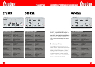 PRODUCTOS                   GRUPOS ELECTRÓGENOS INSONORIZADOS



375 KVA                                                   500 KVA                                                                                                    625 KVA




                                                          Grupo Electrógeno Diesel                                  Alimentar de energía los proyectos más am-
Grupo Electrógeno Diesel                                                                                                                                             Grupo Electrógeno Diesel
Modelo                      TG375T ins                    Modelo                      TG500T ins                    biciosos y las instalaciones más complejas es    Modelo                      TG625T ins

Revoluciones / Frecuencia   1500rpm / 50Hz                Revoluciones / Frecuencia   1500rpm / 50Hz                un juego de niños para la gama alta de grupos    Revoluciones / Frecuencia   1500rpm / 50Hz

Potencia Principal          300kw / 375kva                Potencia Principal          400kw / 500kva                electrógenos Taigüer, que ofrecen una potencia   Potencia Principal          500kw / 625kva

Voltaje, Fases, Cableado    400/230v, 3 fases, 4 cables   Voltaje, Fases, Cableado    400/230v, 3 fases, 4 cables   impresionante de 625 KVA a 1000 KVA con un       Voltaje, Fases, Cableado    400/230v, 3 fases, 4 cables

Factor Potencia             1/220 0.8/380                 Factor Potencia             1/220 0.8/380                 nivel acústico moderado gracias a su insonori-   Factor Potencia             1/220 0.8/380

Dimensiones (L*W*H)         3900*1400*1900 mm             Dimensiones (L*W*H)         4200*1600*2000 mm                                                              Dimensiones (L*W*H)         4200*1600*2000 mm
                                                                                                                    zación.
Peso                        3900kg                        Peso                        5750kg                                                                         Peso                        6100kg

Motor                                                     Motor                                                                                                      Motor
Modelo                      TGNTAA855-G7                  Modelo                      TGKTA19-G4                                                                     Modelo                      TGKTAA19-G7
Características Motor       6 cilindros,                  Características Motor       6 cilindros,
                                                                                                                    El poder del silencio                            Características Motor       6 cilindros,

Máxima Potencia             360kw                         Máxima Potencia             504kw                                                                          Máxima Potencia             610kw
                                                                                                                    Nuestros grupos más potentes permiten ali-
Consumo (g/kw.h)            208                           Consumo (g/kw.h)            200                                                                            Consumo (g/kw.h)            206
                                                                                                                    mentar negocios, instalaciones o proyectos con
Refrigeración               refrigerado por agua          Refrigeración               refrigerado por agua                                                           Refrigeración               refrigerado por agua
                                                                                                                    una demanda energética similar a la de un blo-
Sistema Arranque            eléctrico 24v con batería     Sistema Arranque            eléctrico 24v con batería                                                      Sistema Arranque            eléctrico 24v con batería
                                                          Ajuste Velocidad Motor      mecánico
                                                                                                                    que de viviendas o urbanización de cierto ta-
Ajuste Velocidad Motor      mecánico                                                                                                                                 Ajuste Velocidad Motor      mecánico
Nivel Sonoro (A) @ 7m       ≤98dBA                        Nivel Sonoro (A) @ 7m       ≤98dBA                        maño. El chasis insorizado de nuestros grupos    Nivel Sonoro (A) @ 7m       ≤98dBA
Refrigeración               refrigerado por agua          Refrigeración               refrigerado por agua          cerrados más potentes protegen los valiosos      Refrigeración               refrigerado por agua
Sistema Arranque            eléctrico 24v                 Sistema Arranque            eléctrico 24v                                                                  Sistema Arranque            eléctrico 24v
                                                                                                                    motores y ayudan a reducir considerablemente
Ajuste Velocidad Motor      mecánico                      Ajuste Velocidad Motor      mecánico                                                                       Ajuste Velocidad Motor      mecánico
                                                                                                                    el ruido producido por estas bestias.
Nivel Sonoro (A) @ 7m       ≤70dBA                        Nivel Sonoro (A) @ 7m       ≤70dBA                                                                         Nivel Sonoro (A) @ 7m       ≤70dBA




40                                                                                                                                                                                                                           41
 