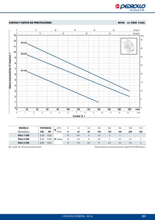 251
0 20 40 60 80 100 120 140 160 180 200 220
0
1
2
3
4
5
6
7
8
9
10
11
12
13
0 1
0
5
10
15
20
25
30
35
40
0 10 20 30 40 50
0 10 20 30 40
0 1 2 3 4 5 6 7 8 9 10 11 12 13
US g.p.m.
Imp g.p.m.
feet
l/min
m³/h
RX3-GM
RX2-GM
RX1-GM
CATALOGO GENERAL  60 Hz
Caudal Q 4
AlturamanométricaH(metros)4
CURVAS Y DATOS DE PRESTACIONES 	 60 Hz  n= 3450 1/min
Q = Caudal H = Altura manométrica total	 Tolerancia de las curvas de prestación según EN ISO 9906 Grade 3.
MODELO POTENCIA
Q
m³/h 0 1.2 3.6 6.0 8.4 9.6 12.0 13.2
Monofásica kW HP l/min 0 20 60 100 140 160 200 220
RXm 1-GM 0.25 0.33
H metros
7.5 6.5 5 3.5 2 1
RXm 2-GM 0.37 0.50 10 9.5 8 6.5 5 4.5 2.5 2
RXm 3-GM 0.55 0.75 12 11.5 9.5 8 6.5 5.5 3.5 3
 