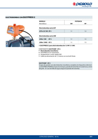 331CATALOGO GENERAL  60 Hz
EASYPUMP - EP 2
Grupos de presión con electrobomba monofásica completos de dispositivo eléctroni-
co EASYPRESS PEDROLLO para el arranque y parada de la bomba en la abertura y cierre
del grifo. En caso de falta de agua asegura la parada de la bomba.
MODELO POTENCIA
Monofásica kW HP
Electrobombas serie 2CP
2CPm 25/14B - EP 2 1.1 1.5
Electrobombas serie JSW
JSWm 15M 	 - EP 2 1.1 1.5
JSWm 15 MX 	- EP 2 1.1 1.5
➠ EASYPRESS 2 para electrobombas de 1.5 HP (1.1 kW)
COMPONENTES EASYPUMP - EP 2:
•• Electrobomba monofásica
•• EASYPRESS II con manómetro
•• Acoplamiento a unión rápida GSR
•• Cable de alimentación de 1.5 metros con enchufe Shuko
ELECTROBOMBAS CON EASYPRESS 2
 