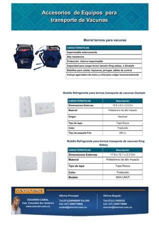 Morral termos para vacunas
CARACTERISTICAS
Impermeable externamente
Alta resistencia
Protección interna impermeable
Capacidad para cargar termo tamaño King seleey o Giostyle
Bolsillos para celular, lapiceros, jeringas, tablas de control
Incluye agarradera de mano y cinta para colgar transversalmente
Botella Refrigerante para termos transporte de vacunas Giostyle
Botella Refrigerante para termos transporte de vacunas King
Seleey
CARACTERISTICAS
Dimensiones Externas
Material
Origen
Tipo de tapa
Descripción
16.5 x 9.3 x 3.3 Cm
Poliestireno de alto impacto
Nacional
Tapa Rosca
Color Traslucido
Tipo de paquete Frío 400 cc
CARACTERISTICAS Descripción
Dimensiones Externas 17.8 x 12.1 x 2.3 Cm
Material Poliestireno de alto impacto
Tipo de tapa Tapa Rosca
Color Traslucido
Modelo 3504 UNCF
Accesorios de Equipos para
transporte de Vacunas
Accesorios de Equipos para
transporte de Vacunas
Oficina Principal:
Tel:(57)(2)8990800 Ext:200
Cel: (57) 3206778806
ecabal@sincron.com.co
Oficina Bogotá:
Tel:(57)(1) 2459322
Cel: (57) 3206778806
sincron@sincron.com.co
EDUARDO CABAL
Cali, Colombia Sur América
www.sincrón.com.co
 