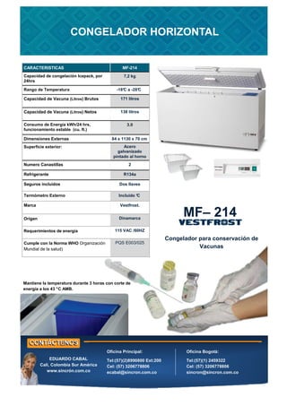 CARACTERISTICAS MF-214
Rango de Temperatura -18°
C a -28°
C
Capacidad de Vacuna (Litros) Brutos 171 litros
Capacidad de Vacuna (Litros) Netos 138 litros
Consumo de Energía kWh/24 hrs,
funcionamiento estable (cu. ft.)
3.0
Dimensiones Externas 84 x 1130 x 70 cm
Superficie exterior: Acero
galvanizado
pintado al horno
Numero Canastillas 2
Refrigerante R134a
Seguros incluidos Dos llaves
Termómetro Externo Incluido °
C
Marca Vestfrost.
Cumple con la Norma WHO Organización
Mundial de la salud)
PQS E003/025
Capacidad de congelación Icepack, por
24hrs
7,2 kg
Requerimientos de energía 115 VAC /60HZ
Origen Dinamarca
Congelador para conservación de
Vacunas
MF– 214
CONGELADOR HORIZONTAL
Oficina Principal:
Tel:(57)(2)8990800 Ext:200
Cel: (57) 3206778806
ecabal@sincron.com.co
Oficina Bogotá:
Tel:(57)(1) 2459322
Cel: (57) 3206778806
sincron@sincron.com.co
EDUARDO CABAL
Cali, Colombia Sur América
www.sincrón.com.co
Mantiene la temperatura durante 3 horas con corte de
energía a los 43 °C AMB.
 