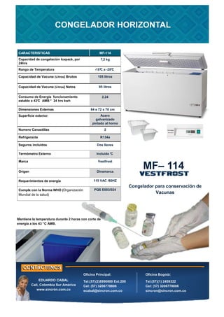 CARACTERISTICAS MF-114
Rango de Temperatura -18°
C a -28°
C
Capacidad de Vacuna (Litros) Brutos 105 litros
Capacidad de Vacuna (Litros) Netos 95 litros
Consumo de Energía funcionamiento
estable a 43°
C AMB * 24 hrs kwh
2.24
Dimensiones Externas 84 x 72 x 70 cm
Superficie exterior: Acero
galvanizado
pintado al horno
Numero Canastillas 2
Refrigerante R134a
Seguros incluidos Dos llaves
Termómetro Externo Incluido °
C
Marca Vestfrost
Cumple con la Norma WHO (Organización
Mundial de la salud)
PQS E003/024
Capacidad de congelación Icepack, por
24hrs
7,2 kg
Requerimientos de energía 115 VAC /60HZ
Origen Dinamarca
Congelador para conservación de
Vacunas
MF– 114
CONGELADOR HORIZONTAL
Oficina Principal:
Tel:(57)(2)8990800 Ext:200
Cel: (57) 3206778806
ecabal@sincron.com.co
Oficina Bogotá:
Tel:(57)(1) 2459322
Cel: (57) 3206778806
sincron@sincron.com.co
EDUARDO CABAL
Cali, Colombia Sur América
www.sincrón.com.co
Mantiene la temperatura durante 2 horas con corte de
energía a los 43 °C AMB.
 