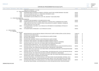 27/02/2019
108
14:58:27
CARTERA DE PROCEDIMIENTOS DE SALUD (CPT)
ESSALUD Fecha:
Hora:
Página:
Código Descripción UnidadGrupo Sección Sub Sección Nivel Grd. Cmp. Cir.
DIAMETRO DE LESION DE 1.1 A 2.0 CM.
03 OTROS PROCEDIMIENTOS DE DESTRUCCION
17340 SESIONCRIOTERAPIA (NIEVE DE DIÓXIDO DE CARBONO, NITRÓGENO LÍQUIDO) PARA LESIONES BENIGNAS Y MALIGNAS
17360 SESIONEXFOLIACION QUIMICA DE ACNE (P. EJ. CREMA PARA TRATAMIENTO, ACIDO)
17380 SESIONEPILACION POR ELECTROLISIS, CADA 1/2 HORA
17999 SESIONPROCEDIMIENTO QUE NO APARECE EN LA LISTA, PIEL, MUCOSAS Y TEJIDO SUBCUTANEO
05 OTROS PROCEDIMIENTOS
01 OTROS PROCEDIMIENTOS
92904 SESIONFOTOGRAFÍA PARA SEGUIMIENTO Y DOCUMENTACIÓN DE CASOS
96902 SESIONEXAMEN MICROSCOPICO DE PELO TOMADO (ARRANCADO O CORTADO) POR EL EXAMINADOR (EXCLUYENDO
CABELLORECOLECTADO POR EL PACIENTE) PARA LA EVALUACION DE TELOGENIA Y ANAGENIA, O ANOMALIAS
ESTRUCTURALES DEL TALLO DEL PELO.
96910 SESIONFOTOQUIMIOTERAPIA; ALQUITRAN Y LUZ ULTRAVIOLETA B (TRATAMIENTO DE GOECKERMAN) O PETROLATO Y
LUZULTRAVIOLETA B.
96912 SESIONFOTOQUIMIOTERAPIA; PSORALENOS Y LUZ ULTRAVIOLETA A (PUVA)
02 CIRUGIA GENERAL
01 ESOFAGO
00 ESOFAGO
39000 CONSULTAMEDIASTINOSCOPIA CON EXPLORACION, DRENAJE EXTRACCION DE CUERPO EXTRAÑO, BIOPSIA, ACCESO CERVICAL A
39200 SESIONESCISION DE QUISTE MEDIASTINICO A
43020 SESIONESOFAGOTOMIA, ABORDAJE CERVICAL, CON EXTIRPACION DE CUERPO EXTRAÑO C
43030 SESIONMIOTOMIA CRICOFARINGEA C
43045 SESIONESOFAGOTOMIA, ABORDAJE TORACICO, CON EXTIRPACION DE CUERPO EXTRAÑO B
43100 SESIONESCISION DE LESION, ESOFAGO, CON CORRECCION PRIMARIA; ABORDAJE CERVICAL B
43101 SESIONESCISION DE LESION, ESOFAGO, CON CORRECCION PRIMARIA; ABORDAJE TORACICO O ABDOMINAL A
43107 SESIONESOFAGOCTOMIA TOTAL O CASI TOTAL, SIN TORACOTOMIA; CON FARINGOGASTROSTOMIA O A
ESOFAGOGASTROSTOMIACERVICAL, CON O SIN PILOROPLASTIA (TRANSHIATAL).
43108 SESIONESOFAGOCTOMIA TOTAL O CASI TOTAL, SIN TORACOTOMIA; CON INTERPOSICION DEL COLON O RECONSTRUCCION DEL A
INTESTINO DELGADO, INCLUYENDO MOVILIZACION INTESTINAL, PREPARACION Y ANASTOMOSIS
43112 SESIONESOFAGECTOMIA TOTAL O CASI TOTAL, CON TORACOTOMIA; CON FARINGOGASTROSTOMIA O ESOFAGOGASTROSTOMIA A
CERVICAL, CON O SIN PILOROPLASTIA
43113 SESIONESOFAGECTOMIA TOTAL O CASI TOTAL, CON TORACOTOMIA; CON INTERPOSICION DEL COLON O RECONSTRUCCION DEL A
INTESTINO DELGADO, INCLUYENDO MOVILIZACION DEL INTESTINO, PREPARACION Y ANASTOMOSIS.
43116 SESIONESOFAGECTOMIA PARCIAL, CERVICAL, CON INJERTO INTESTINAL LIBRE, INCLUYENDO ANASTOMOSIS MICROVASCULAR, A
OBTENCION DEL INJERTO Y RECONSTRUCCION INTESTINAL.
43117 SESIONESOFAGECTOMIA PARCIAL, DOS TERCIOS DISTALES, CON TORACOTOMIA E INCISION ABDOMINAL SEPARADA, CON O A
SINGASTRECTOMIA PROXIMAL; CON ESOFAGOGASTROSTOMIA TORACICA, CON O SIN PILOROPLASTIA (LVOR LEWIS).
43118 SESIONESOFAGECTOMIA PARCIAL, DOS TERCIOS DISTALES, CON TORACOTOMIA E INCISION ABDOMINAL SEPARADA, CON O A
SIN GASTRECTOMIA PROXIMAL; CON INTERPOSICION DEL COLON O RECONSTRUCCION DEL INTESTINO DELGADO,
14:58:2809956952ORptCarProcSld
 