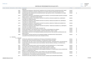 27/02/2019
111
14:58:27
CARTERA DE PROCEDIMIENTOS DE SALUD (CPT)
ESSALUD Fecha:
Hora:
Página:
Código Descripción UnidadGrupo Sección Sub Sección Nivel Grd. Cmp. Cir.
ABSOCION.
43647 SESIONLAPAROSCOPIA QUIRURGICA, IMPLANTACION O REEMPLAZO DE ELECTRODO GASTRICO NEUROESTIMULADOR, ANTRO.
43648 SESIONLAPAROSCOPIA QUIRURGICA, REVISION O REMOCION DE ELECTRODO GASTRICO NEUROESTIMULADOR, ANTRO.
43653 SESIONGASTROSTOMIA POR LAPAROSCOPIA SIN CONSTRUCCION DE TUBO GASTRICO (POR EJ. PROCEDIMIENTO DE STAMN). B
PROCEDIMIENTO SEPARADO
43770 SESIONLAPAROSCOPIA QUIRURGICA, PROCEDIMIENTO RESTRICTIVO GASTRICO, COLOCACION DE BANDA GASTRICA AJUSTABLE
(BANDA GASTRICA Y COMPONENTES SUBCUTANEOS).
43771 SESIONLAPAROSCOPIA QUIRURGICA, PROCEDIMIENTO RESTRICTIVO GASTRICO, REVISION SOLAMENTE DEL COMPONENTE
AJUSTABLE DE LA BANDA GASTRICA.
43772 SESIONLAPAROSCOPIA QUIRURGICA, PROCEDIMIENTO RESTRICTIVO GASTRICO, REMOCION SOLAMENTE DEL COMPONENTE
AJUSTABLE DE LA BANDA GASTRICA.
43773 SESIONLAPAROSCOPIA QUIRURGICA, PROCEDIMIENTO RESTRICTIVO GASTRICO, REMOCION Y REEMPLAZO SOLAMENTE DEL
COMPONENTE AJUSTABLE DE LA BANDA GASTRICA.
43774 SESIONLAPAROSCOPIA QUIRURGICA, PROCEDIMIENTO RESTRICTIVO GASTRICO, REEMPLAZO SOLAMENTE DEL COMPONENTE
AJUSTABLE DE LA BANDA GASTRICA.
43825 SESIONGASTROYEYUNOSTOMOA CON VAGOTOMIA, CUALQUIER TIPO B
43832 SESIONGASTROTOMIA ABIERTA CON CONSTRUCCION DE TUBO GASTRICO (PROCEDIMIENTO DE JANEWAY). B
43840 SESIONGASTRORRAFIA, SUTURA DE ULCERA DUODENAL O GASTRICA PERFORADA, HERIDA O LESION. B
43842 SESIONPROCEDIMIENTO RESTRICTIVO POR OBESIDAD MORBIDA SIN DERIVACION (BY PASS) GASTRICA, GASTROPLASTIA CON B
BANDA VERTICAL.
43843 SESIONPROCEDIMIENTO GASTRICO RESTRICTIVO POR OBESIDAD MORBIDA, SIN DERIVACION (BY PASS) GASTRICA. B
CUALQUIER OTRA GASTROPLASTIA QUE NO SEA CON BANDA VERTICAL
03 INTESTINO
00 INTESTINO
44005 SESIONENTEROLISIS (LIBERACION DE ADHERENCIAS INTESTINALES) (PROCEDIMIENTO SEPARADO). B
44010 SESIONDUODENOTOMIA, PARA EXPLORACION, BIOPSIA(S), O EXTIRPACION DE CUERPO EXTRAÑO. B
44015 SESIONYEYUNOSTOMIA CON TUBO O AGUJA CATETER PARA ALIMENTACION ENTERAL, INTRAOPERATORIA, CUALQUIER METODO. C
44020 SESIONENTEROTOMIA, INTESTINO DELGADO, QUE NO SEA DUODENO; PARA EXPLORACION, BIOPSIA(S), O EXTIRPACION DE B
CUERPO EXTRAÑO.
44021 SESIONENTEROTOMIA, INTESTINO DELGADO, QUE NO SEA DUODENO; PARA DESCOMPRESION (P. EJ. TUBO DE BAKER). B
44025 SESIONCOLOTOMIA, PARA EXPLORACION, BIOPSIA(S), O EXTIRPACION DE CUERPO EXTRAÑO. B
44050 SESIONREDUCCION DE VOLVULO, INTUSUSCEPCION, HERNIA INTERNA, MEDIANTE LAPAROTOMIA. C
44055 SESIONCORRECCION DE MALRROTACION MEDIANTE LISIS DE BANDAS DUODENALES Y/O REDUCCION DE VOLVULO DEINTESTINO B
MEDIO (P. EJ. OPERACION DE LADD).
44100 SESIONBIOPSIA DE INTESTINO MEDIANTE CAPSULA, TUBO, PERORAL (UNO O MAS ESPECIMENES). C
44110 SESIONESCISION DE UNA O MAS LESIONES DEL INTESTINO DELGADO O GRUESO QUE NO REQUIERA ANASTOMOSIS, C
EXTERIORIZACION, O FISTULIZACION; UNA SOLA ENTEROTOMIA
44111 SESIONESCISION DE UNA O MAS LESIONES DEL INTESTINO DELGADO O GRUESO QUE NO REQUIERA ANASTOMOSIS, C
14:58:2809956952ORptCarProcSld
 