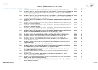 27/02/2019
138
14:58:27
CARTERA DE PROCEDIMIENTOS DE SALUD (CPT)
ESSALUD Fecha:
Hora:
Página:
Código Descripción UnidadGrupo Sección Sub Sección Nivel Grd. Cmp. Cir.
21360 SESIONTRATAMIENTO ABIERTO DE FRACTURA MALAR DEPRIMIDO, INCLUYENDO EL ARCO CIGOMATICO Y TRIPODE MALAR B
21365 SESIONTRATAMIENTO ABIERTO DE FRACTURA CON COMPLICACIONES (EJEM: CONMINUTA O CON COMPROMISO DE FORAMENES DE A
NERVIOS CRANEALES DE REGION MALAR, INCLUYENDO ARCO CIGOMATICO Y TRIPODE MALAR; CON FIJACION INTERNA
Y ABORDAJE QUIRURGICOS MULTIPLES
21366 SESIONTRATAMIENTO ABIERTO DE FRACTURA CON COMPLICACIONES (EJEM: CONMINUTA O CON COMPROMISO DE FORAMENES DE A
NERVIOS CRANEALES DE REGION MALAR, INCLUYENDO ARCO CIGOMATICO Y TRIPODE MALAR; CON FIJACION INTERNA
Y ABORDAJE QUIRURGICOS MULTIPLES CON INJERTO OSEO (INC
21385 SESIONTRATAMIENTO ABIERTO FRACTURA "POR ESTALLIDO" DEL PISO ORBITARIO ABORDAJE POR ANTROSTOMIA (OPERACION A
CALDWELL-LUC)
21386 SESIONTRATAMIENTO ABIERTO FRACTURA "POR ESTALLIDO" DEL PISO ORBITARIO ABORDAJE POR ANTROSTOMIA (OPERACION A
CALDWELL-LUC) ABORDAJE PERIORBITAL
21387 SESIONTRATAMIENTO ABIERTO FRACTURA "POR ESTALLIDO" DEL PISO ORBITARIO ABORDAJE POR ANTROSTOMIA (OPERACION A
CALDWELL-LUC) ABORDAJE COMBINADO
21390 SESIONTRATAMIENTO ABIERTO FRACTURA "POR ESTALLIDO" DEL PISO ORBITARIO ABORDAJE POR ANTROSTOMIA (OPERACION A
CALDWELL-LUC) ABORDAJE PERIORBITAL CON IMPLANTE ALOPLASTICO U OTRO
21395 SESIONTRATAMIENTO ABIERTO FRACTURA "POR ESTALLIDO" DEL PISO ORBITARIO ABORDAJE POR ANTROSTOMIA (OPERACION A
CALDWELL-LUC) ABORDAJE PERIORBITAL CON INJERTO OSEO (INCLUYE OBTENCION DE INJERTO)
21400 SESIONTRATAMIENTO CORRIDO DE FRACTURAS DE ORBITA EXCEPTO FRACTURA "POR ESTALLIDO"; SIN MANIPULACION. B
21401 SESIONTRATAMIENTO CORRIDO DE FRACTURAS DE ORBITA EXCEPTO FRACTURA "POR ESTALLIDO"; CON MANIPULACION A
21406 SESIONTRATAMIENTO ABIERTO DE FRACTURAS DE ORBITA EXCEPTO FRACTURA "POR ESTALLIDO"; SIN IMPLANTE B
21407 SESIONTRATAMIENTO ABIERTO DE FRACTURAS DE ORBITA EXCEPTO FRACTURA "POR ESTALLIDO"; CON IMPLANTE A
21408 SESIONTRATAMIENTO ABIERTO DE FRACTURAS DE ORBITA EXCEPTO FRACTURA "POR ESTALLIDO"; CON INJERTO OSEO A
(INCLUYE OBTENCION DEL INJERTO)
21421 SESIONTRATAMIENTO CERRADO FRACTURA (LE FORT I); EMPLEANDO FIJACION CON ALAMBRADO ITERDENTARIO O FIJACION A
DE DENTADURA O FERULA
21422 SESIONTRATAMIENTO ABIERTO DE FRACTURA PALATAL O MAXILAR (LE FORT I) A
21423 SESIONTRATAMIENTO ABIERTO DE FRACTURA MAXILAR O PALATINA (LEFORT I) COMPLICADA (CONMINUTA O QUE INVOLUCRA A
LOS FORAMENES DE SALIDA DE LOS NERVIOS CRANEALES), CON MULTIPLES ABORDAJES
21431 SESIONTRATAMIENTO CERRADO DE DISYUNCION CRANEO FACIAL (LE FORT III); EMPLEANDO FIJACION DE LA DENTADURA A
CON ALAMBRADO INTERDENTARIO O FERULA
21432 SESIONTRATAMIENTO CERRADO DE DISYUNCION CRANEO FACIAL (LE FORT III); CON FIJACION MEDIANTE ALAMBRE Y/O A
FIJACION INTERNA
21433 SESIONTRATAMIENTO CON COMPLICACIONES ( EJEM: CONMINUTA O CON COMPROMISO DE FORAMENES DE NERVIOS A
CRANEALES), MULTIPLES ABORDAJES QUIRURGICOS.
21435 SESIONTRATAMIENTO CON COMPLICACIONES, EMPLEANDO TECNICAS DE FIJACION INTERNA Y/O EXTERNA ( EJEM: CASQUETE A
CRANEAL DE YESO, HALO, Y/O FIJACION INTERMAXILAR).
21436 SESIONTRATAMIENTO CON COMPLICACIONES MULTIPLES ABORDAJES QUIRURGICOS, FIJACION INTERNA, CON INJERTO OSEO A
(INCLUYE OBTENCION DEL INJERTO)
14:58:2809956952ORptCarProcSld
 