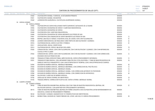 27/02/2019
147
14:58:27
CARTERA DE PROCEDIMIENTOS DE SALUD (CPT)
ESSALUD Fecha:
Hora:
Página:
Código Descripción UnidadGrupo Sección Sub Sección Nivel Grd. Cmp. Cir.
57420 SESIONCOLPOSCOPIA VAGINAL Y CERVICAL, SI ESTUBVIERA PRSENTE
57421 SESIONCOLPOSCOPIA VAGINAL CON BIOPSIA
57425 SESIONLAPAROSCOPIA QUIRURGICA, COLPOPLEXIA (SUSPENSION VAGINAL)
03 CERVIX UTERINO
00 CERVIX UTERINO
57452 SESIONCOLPOSCOPIA DE CERVIX INCLUYENDO PARTE SUPERIOR O ADYACENTE DE LA VAGINA
57454 SESIONCOLPOSCOPIA CON BIOPSIA DE CERVIX Y CURETAGE ENDOCERVICAL.
57455 SESIONCOLPOSCOPIA CON BIOPSIA DE CERVIX.
57456 SESIONCOLPOSCOPIA CON CURETAGE ENDOCERVICAL.
57460 SESIONCOLPOSCOPIA CON BIOPSIA DE CERVIX MEDIANTE ELECTRODO DE ASA
57461 SESIONCOLPOSCOPIA CON CONIZACION DE CERVIX MEDIANTE ELECTRODO DE ASA C
57500 SESIONBIOPSIA, UNA SOLA O VARIAS, O ESCISION LOCAL DE LESION, CON O SIN FULGURACION E
57505 SESIONLEGRADO ENDOCERVICAL (NO REALIZADO COMO PARTE DE UNA DILATACION Y LEGRADO) E
57510 SESIONCAUTERIZACION DEL CERVIX; ELECTRO O TERMICA E
57511 SESIONCRIOCAUTERIO, INICIAL O REPETICION
57513 SESIONCAUTERIZACION DEL CERVIX; ABLACION CON LASER. D
57520 SESIONCONIZACION DEL CERVIX, CON O SIN FULGURACION, CON O SIN DILATACION Y LEGRADO, CON O SIN REPARACION, C
CUCHILLO FRIO O LASER.
57522 SESIONCONIZACION DEL CERVIX, CON O SIN FULGURACION, CON O SIN DILATACION Y LEGRADO, CON O SIN CORRECCION; C
ESCISION CON ELECTRODO DE ASA.
57530 SESIONTRAQUELECTOMIA (CERVICECTOMIA), AMPUTACION DEL CERVIX (PROCEDIMIENTO SEPARADO). C
57531 SESIONTRAQUELECTOMIA RADICAL, CON LINFADENECTOMIA PELVICA TOTAL BILATERAL Y TOMA DE MUESTRA BIOPSICA DE A
GANGLIO LINFATICO PARAAORTICO, CON O SIN EXTIRPACION DE TROMPAS, CON O SIN EXTIRPACION DE OVARIOS.
57540 SESIONESCISION DE MUÑON CERVICAL, ABORDAJE ABDOMINAL. B
57545 SESIONESCISION DE MUÑON CERVICAL, ABORDAJE ABDOMINAL; CON CORRECCION DEL PISO PELVICO. C
57550 SESIONESCISION DE MUÑON CERVICAL, ABORDAJE VAGINAL. C
57555 SESIONESCISION DE MUÑON CERVICAL, ABORDAJE VAGINAL; CON CORRECCION ANTERIOR Y/O POSTERIOR. C
57556 SESIONESCISION DE MUÑON CERVICAL, ABORDAJE VAGINAL; CON CORRECCION DE ENTEROCELE. B
57558 SESIONDILATACION Y CURETAJE DE MUÑON CERVICAL.
57700 SESIONCERCLAJE DE CERVIX UTERINO, NO OBSTETRICO. D
57720 SESIONTRAQUELORRAFIA, CORRECCION PLASTICA DEL CERVIX UTERINO, ABORDAJE VAGINAL. C
04 CUERPO UTERINO
00 CUERPO UTERINO
58100 SESIONTOMA DE MUESTRA ENDOMETRIAL (BIOPSIA) CON O SIN TOMA DE MUESTRA ENDOCERVICAL (BIOPSIA), SIN E
DILATACION CERVICAL, CUALQUIER METODO (PROCEDIMIENTO SEPARADO).
58110 SESIONTOMA DE MUESTRA ENDOMETRIAL (BIOPSIA) EN FORMA CONJUNTA CON COLPOSCOPIA (LISTAR SEPARADAMENTE EN
ADICION AL CODIGO DE PROCEDIMIENTO PRIMARIO).
58120 SESIONDILATACION Y LEGRADO, DIAGNOSTICOS Y/O TERAPEUTICOS (NO OBSTETRICOS).
58140 SESIONMIOMECTOMIA, ESCISION DE TUMOR FIBROIDE DEL UTERO, UNO SOLO O VARIOS (PROCEDIMIENTO B
14:58:2809956952ORptCarProcSld
 