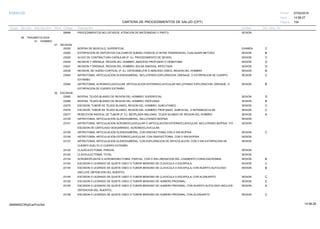 27/02/2019
154
14:58:27
CARTERA DE PROCEDIMIENTOS DE SALUD (CPT)
ESSALUD Fecha:
Hora:
Página:
Código Descripción UnidadGrupo Sección Sub Sección Nivel Grd. Cmp. Cir.
59899 SESIONPROCEDIMIENTOS NO LISTADOS, ATENCION DE MATERNIDAD Y PARTO.
08 TRAUMATOLOGIA
01 HOMBRO
01 INCISION
20200 EXAMENBIOPSIA DE MUSCULO, SUPERFICIAL C
23000 SESIONEXTIRPACION DE DEPOSITOS CALCAREOS SUBDELTOIDEOS (O INTRA TENDINOSOS), CUALQUIER METODO B
23020 SESIONALIVIO DE CONTRACTURA CAPSULAR (P. EJ. PROCEDIMIENTO DE SEVER) C
23030 SESIONINCISION Y DRENAJE, REGION DEL HOMBRO; ABSCESO PROFUNDO O HEMATOMA D
23031 SESIONINCISION Y DRENAJE, REGION DEL HOMBRO; BOLSA SINOVIAL INFECTADA D
23035 SESIONINCISION, DE HUESO CORTICAL (P. EJ. OSTEOMIELITIS O ABSCESO OSEO), REGION DEL HOMBRO B
23040 SESIONARTROTOMIA, ARTICULACION GLENOHUMERAL, INCLUYENDO EXPLORACION, DRENAJE, O EXTIRPACION DE CUERPO C
EXTRAÑO
23044 SESIONARTROTOMIA, ACROMIOCLAVICULAR, ARTICULACION ESTERNOCLAVICULAR INCLUYENDO EXPLORACION, DRENAJE, O B
EXTIRPACION DE CUERPO EXTRAÑO
02 EXCISION
23065 SESIONBIOPSIA, TEJIDO BLANDO DE REGION DEL HOMBRO; SUPERFICIAL D
23066 SESIONBIOPSIA, TEJIDO BLANDO DE REGION DEL HOMBRO; PROFUNDA B
23075 SESIONESCISION, TUMOR DE TEJIDO BLANDO, REGION DEL HOMBRO; SUBCUTANEO C
23076 SESIONESCISION, TUMOR DE TEJIDO BLANDO, REGION DEL HOMBRO; PROFUNDO, SUBFACIAL, O INTRAMUSCULAR C
23077 SESIONRESECCION RADICAL DE TUMOR (P. EJ. NEOPLASIA MALIGNA), TEJIDO BLANDO DE REGION DEL HOMBRO A
23100 SESIONARTROTOMIA, ARTICULACION GLENOHUMERAL, INCLUYENDO BIOPSIA
23101 SESIONARTROTOMIA, ARTICULACION ACROMIOCLAVICULAR O ARTICULACION ESTERNOCLAVICULAR, INCLUYENDO BIOPSIA, Y/O
ESCISION DE CARTILAGO DESGARRADO, ACROMIOCLAVICULAR.
23105 SESIONARTROTOMIA; ARTICULACION GLENOHUMERAL, CON SINOVECTOMIA CON O SIN BIOPSIA C
23106 SESIONARTROTOMIA; ARTICULACION ESTERNOCLAVICULAR, CON SINOVECTOMIA, CON O SIN BIOPSIA
23107 SESIONARTROTOMIA, ARTICULACION GLENOHUMERAL, CON EXPLORACION DE ARTICULACION, CON O SIN EXTIRPACION DE
CUERPO SUELTO O CUERPO EXTRAÑO.
23120 SESIONCLAVICULECTOMIA; PARCIAL
23125 SESIONCLAVICULECTOMIA; TOTAL
23130 SESIONACROMIOPLASTIA O ACROMIONECTOMIA, PARCIAL, CON O SIN LIBERACION DEL LIGAMENTO CORACOACROMIAL B
23140 SESIONESCISION O LEGRADO DE QUISTE OSEO O TUMOR BENIGNO DE CLAVICULA O ESCAPULA; C
23145 SESIONESCISION O LEGRADO DE QUISTE OSEO O TUMOR BENIGNO DE CLAVICULA O ESCAPULA; CON INJERTO AUTOLOGO B
(INCLUYE OBTENCION DEL INJERTO).
23146 SESIONESCISION O LEGRADO DE QUISTE OSEO O TUMOR BENIGNO DE CLAVICULA O ESCAPULA; CON ALOINJERTO C
23150 SESIONESCISION O LEGRADO DE QUISTE OSEO O TUMOR BENIGNO DE HUMERO PROXIMAL; C
23155 SESIONESCISION O LEGRADO DE QUISTE OSEO O TUMOR BENIGNO DE HUMERO PROXIMAL; CON INJERTO AUTOLOGO (INCLUYE A
OBTENCION DEL INJERTO).
23156 SESIONESCISION O LEGRADO DE QUISTE OSEO O TUMOR BENIGNO DE HUMERO PROXIMAL; CON ALOINJERTO C
14:58:2809956952ORptCarProcSld
 