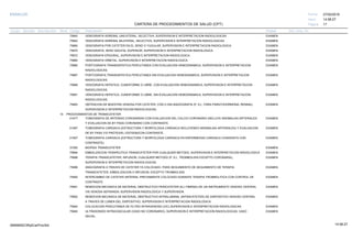 27/02/2019
17
14:58:27
CARTERA DE PROCEDIMIENTOS DE SALUD (CPT)
ESSALUD Fecha:
Hora:
Página:
Código Descripción UnidadGrupo Sección Sub Sección Nivel Grd. Cmp. Cir.
75840 EXAMENVENOGRAFIA ADRENAL UNILATERAL, SELECTIVA, SUPERVISION E INTERPRETACION RADIOLOGICAS
75842 EXAMENVENOGRAFIA ADRENAL BILATERAL, SELECTIVA, SUPERVISION E INTERPRETACION RADIOLOGICAS
75860 EXAMENVENOGRAFIA POR CATETER EN EL SENO O YUGULAR, SUPERVISION E INTERPRETACION RADIOLOGICA
75870 EXAMENVENOGRAFIA, SENO SAGITAL SUPERIOR, SUPERVISION E INTERPRETACION RADIOLOGICA.
75872 EXAMENVENOGRAFIA EPIDURAL, SUPERVISION E INTERPRETACION RADIOLOGICA.
75880 EXAMENVENOGRAFIA ORBITAL, SUPERVISION E INTERPRETACION RADIOLOGICA.
75885 EXAMENPORTOGRAFIA TRANSHEPATICA PERCUTANEA CON EVALUACION HEMODINAMICA, SUPERVISION E INTERPRETACION
RADIOLOGICAS.
75887 EXAMENPORTOGRAFIA TRANSHEPATICA PERCUTANEA SIN EVALUACION HEMODINAMICA, SUPERVISION E INTERPRETACION
RADIOLOGICAS.
75889 EXAMENVENOGRAFIA HEPATICA, CUNEIFORME O LIBRE, CON EVALUACION HEMODINAMICA, SUPERVISION E INTERPRETACION
RADIOLOGICAS.
75891 EXAMENVENOGRAFIA HEPATICA, CUNEIFORME O LIBRE, SIN EVALUACION HEMODINAMICA, SUPERVISION E INTERPRETACION
RADIOLOGICAS.
75893 EXAMENOBTENCION DE MUESTRA VENOSA POR CATETER, CON O SIN ANGIOGRAFIA (P. EJ., PARA PARATOHORMONA, RENINA),
SUPERVISION E INTERPRETACION RADIOLOGICAS.
14 PROCEDIMIENTOS DE TRANSCATETER
0147T EXAMENTOMOGRAFIA DE ARTERIAS CORONARIAS CON EVALUACION DEL CALCIO CORONARIO (INCLUYE ANOMALIAS ARTERIALES
Y EVALUACION DE BY PASS CORONARIO CON CONTRASTE.
0148T EXAMENTOMOGRAFIA CARDIACA (ESTRUCTURA Y MORFOLOGIA CARDIACA INCLUYENDO ANOMALIAS ARTERIALES) Y EVALUACION
DE BY PASS Y/O PROTESIS ( ESTEEM)CON CONTRASTE.
0150T EXAMENTOMOGRAFIA CARDIACA (ESTRUCTURA Y MORFOLOGIA CARDIACA EN ENFERMEDAD CARDIACA CONGENITA CON
CONTRASTE).
37200 EXAMENBIOPSIA TRANSCATETER
75894 EXAMENEMBOLIZACION TERAPEUTICA TRANSCATETER POR CUALQUIER METODO, SUPERVISION E INTERPRETACION RADIOLOGICA
75896 EXAMENTERAPIA TRANSCATETER, INFUSION, CUALQUIER METODO (P. EJ., TROMBOLISIS EXCEPTO CORONARIA),
SUPERVISION E INTERPRETACION RADIOLOGICAS.
75898 EXAMENANGIOGRAFIA A TRAVES DE CATETER YA COLOCADO, PARA SEGUIMIENTO DE SEGUIMIENTO DE TERAPIA
TRANSCATETER, EMBOLIZACION O INFUSION, EXCEPTO TROMBOLISIS
75900 EXAMENINTERCAMBIO DE CATETER ARTERIAL PREVIAMENTE COLOCADO DURANTE TERAPIA TROMBOLITICA CON CONTROL DE
CONTRASTE
75901 EXAMENREMOCION MECANICA DE MATERIAL OBSTRUCTIVO PERICATETER (EJ; FIBRINA) DE UN INSTRUMENTO VENOSO CENTRAL
VIA VENOSA SEPARADA; SUPERVISION RADIOLOGICA Y SUPERVISION.
75902 EXAMENREMOCION MECANICA DE MATERIAL OBSTRUCTIVO INTRALUMINAL (INTRACATETER) DE DISPOSITIVO VENOSO CENTRAL
A TRAVES DE LUMEN DEL DISPOSITIVO, SUPERVISION E INTERPRETACION RADIOLOGICA
75940 EXAMENCOLOCACION PERCUTANEA DE FILTRO INTRAVENOSO (IVC) SUPERVISION E INTERPRETACION RADIOLOGICAS
75945 EXAMENULTRASONIDO INTRAVASCULAR (VASO NO CORONARIO), SUPERVISION E INTERPRETACION RADIOLOGICAS; VASO
INICIAL.
14:58:2709956952ORptCarProcSld
 