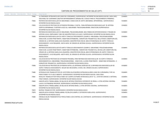 27/02/2019
18
14:58:27
CARTERA DE PROCEDIMIENTOS DE SALUD (CPT)
ESSALUD Fecha:
Hora:
Página:
Código Descripción UnidadGrupo Sección Sub Sección Nivel Grd. Cmp. Cir.
75946 EXAMENULTRASONIDO INTRAVASCULAR (VASO NO CORONARIO), SUPERVISION E INTERPRETACION RADIOLOGICAS; CADA VASO
ADICIONAL NO CORONARIO (ANOTAR SEPARADAMENTE ADEMAS DEL CODIGO PARA EL PROCEDIMIENTO PRIMARIO)
75952 EXAMENREPARACION ENDOVASCULAR DE ANEURISMA O DISECCION DE AORTA ABDOMINAL INFRARRENAL, SUPERVISION E
INTERPRETACION RADIOLOGICA
75953 EXAMENCOLOCACION DE PROTESIS DE EXTENSION PROXIMAL O DISTAL PARA REPARACION ENDOVASCULAR DE ARTERIA
AORTICA INFRARENAL O ARTERIA ILIACA (EJ; ANEURISMA, PSEUDOANEURISMA, DISECCION) SUPERVISION E
INTERPRETACION RADIOLOGICA.
75954 EXAMENREPARACION ENDOVASCULAR DE ANEURISMA, PSEUDOANEURISMA, MALFORMACION ARTERIOVENOSA O TRAUMA DE
ARTERIA ILIACA, EMPLEANDO TUBO DE ENDOPROTESIS ILIO-ILIACO, SUPERVISION E INTERPRETACION RADIOLOGICA
75956 EXAMENREPARACION ENDOVASCULAR DE AORTA TORACICA DESCENDENTE (EJEMPLO: ANEURISMA, PSEUDOANEURISMA,
DISECCION, ULCERA PENETRANTE, HEMATOMA INTRAMURAL, DISRUPCION TRAUMATICA); INCLUYENDO COBERTURA DEL
ORIGEN DE LA ARTERIA SUBCLAVIA IZQUIERDA, ENDOPROTESIS INICIAL MAS EXTENSION(ES) DE AORTA TORACICA
DESCENDENTE, SI SE REQUIERE, HASTA NIVEL DE ORIGEN DE ARTERIA CELIACA, SUPERVISION E INTERPRETACION
RADIOLOGICA
75957 EXAMENREPARACION ENDOVASCULAR DE AORTA TORACICA DESCENDENTE (EJEMPLO: ANEURISMA, PSEUDOANEURISMA,
DISECCION, ULCERA PENETRANTE, HEMATOMA INTRAMURAL, DISRUPCION TRAUMATICA); SIN INCLUIR COBERTURA DEL
ORIGEN DE LA ARTERIA SUBCLAVIA IZQUIERDA, ENDOPROTESIS INICIAL MAS EXTENSION(ES) DE AORTA TORACICA
DESCENDENTE, SI SE REQUIERE, HASTA NIVEL DE ORIGEN DE ARTERIA CELIACA, SUPERVISION E INTERPRETACION
RADIOLOGICA
75958 EXAMENCOLOCACION DE PROTESIS DE EXTENSION PROXIMAL PARA REPARACION ENDOVASCULAR DE AORTA TORAXICA
DESCENDENTE (EJ; ANEURISMA, PSEUDOANEURISMA, , DISECCION, ULCERA PENETRANTE, HEMATOMA INTRAMURAL, O
DISRUPCION TRAUMATICA, SUPERVISION E INTERPRETACION RADIOLOGICA.
75959 EXAMENCOLOCACION DE PROTESIS DE EXTENSION DISTAL (S) (DIFERIDA) DESPUES DE LA REPARACION ENDOVASCULAR DE
AORTA TORACICA DESCENDENTE, SEGUN SEA NECESARIO, A NIVEL DEL ORIGEN CELIACO, SUPERVISION E
INTERPRETACION RADIOLOGICA
75960 EXAMENINTRODUCCION TRANSCATETER DE CATETERES DILATADORES INTRAVASCULARES (VASO NO CORONARIO), POR VIA
PERCUTANEA Y/O A CIELO ABIERTO, SUPERVISION E INTERPRETACION RADIOLOGICAS, CADA VASO.
75961 EXAMENRESCATE TRANSCATETER PERCUTANEO DE CUERPO EXTRAÑO INTRAVASCULAR (P. EJ., CATETER VENOSO O ARTERIAL
FRACTURADO), SUPERVISION E INTERPRETACION RADIOLOGICAS.
75962 EXAMENANGIOPLASTIA TRANSLUMINAL DE BALON DE ARTERIA PERIFERICA DIFERENTE DE RENAL U OTRA ARTERIA VISCERAL
ILIACA O EXTREMIDAD INFERIOR, SUPERVISION E INTERPRETACION RADIOLOGICA
75966 EXAMENANGIOPLASTIA TRANSLUMINAL DE BALON DE ARTERIA RENAL U OTRA ARTERIA VISCERAL, SUPERVISION E
INTERPRETACION RADIOLOGICA
75970 EXAMENBIOPSIA TRANSCATETER, SUPERVISION E INTERPRETACION RADIOLOGICA
75978 EXAMENANGIOPLASTIA VENOSA TRANSLUMINAL DE BALON (EJEMPLO: ESTENOSIS SUBCLAVIA), SUPERVISION E
INTERPRETACION RADIOLOGICA
75980 EXAMENDRENAJE BILIAR TRANSHEPATICO PERCUTANEO CON CONTROL DE CONTRASTE, SUPERVISION E INTERPRETACION
RADIOLOGICAS.
14:58:2709956952ORptCarProcSld
 
