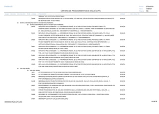 27/02/2019
184
14:58:27
CARTERA DE PROCEDIMIENTOS DE SALUD (CPT)
ESSALUD Fecha:
Hora:
Página:
Código Descripción UnidadGrupo Sección Sub Sección Nivel Grd. Cmp. Cir.
DRENAJE Y/O INYECCION, PERCUTANEA.
50395 SESIONINTRODUCCION DE GUIA DENTRO DE LA PELVIS RENAL Y/O URETER, CON DILATACION, PARA ESTABLECER TRAYECTO
DE NEFROSTOMIA, PERCUTANEO.
03 SERVICIOS PARA PACIENTES EN ESTADIO TERMINAL
00 SERVICIOS PARA PACIENTES EN ESTADIO TERMINAL
90918 SESIONSERVICIOS RELACIONADOS A LA ENFERMEDAD RENAL DE ULTIMO ESTADIO (ESRD) POR MES COMPLETO;
PARAPACIENTES MENORES DE DOS AÑOS DE EDAD, QUE INCLUYEN EL CONTROL PARA DETERMINAR SI LA NUTRICION
ES ADECUADA,EVALUACION DEL CRECIMIENTO Y DESARROLLO, Y ASESORAMIENTO.
90919 SESIONSERVICIOS RELACIONADOS A LA ENFERMEDAD RENAL DE ULTIMO ESTADIO (ESRD) POR MES COMPLETO; PARA
PACIENTES ENTRE DOS Y ONCE AÑOS DE EDAD, QUE INCLUYEN EL CONTROL PARA DETERMINAR SI LA NUTRICION ES
ADECUADA, EVALUACION DEL CRECIMIENTO Y DESARROLLO Y ASESORAMIENTO.
90920 SESIONSERVICIOS RELACIONADOS A LA ENFERMEDAD RENAL DE ULTIMO ESTADIO (ESRD) POR MES COMPLETO; PARA
PACIENTES ENTRE DOCE Y DIECINUEVE AÑOS DE EDAD, QUE INCLUYEN EL CONTROL PARA DETERMINAR SI LA
NUTRICION ES ADECUADA, EVALUACION DEL CRECIMIENTO Y DESARROLLO Y ASESORAMIENTO.
90921 SESIONSERVICIOS RELACIONADOS A LA ENFERMEDAD RENAL DE ULTIMO ESTADIO (ESRD) POR MES COMPLETO; PARA
PACIENTES DE VEINTE AÑOS DE EDAD O MAS.
90922 SESIONSERVICIOS RELACIONADOS A LA ENFERMEDAD RENAL DE ULTIMO ESTADIO (ESRD) (EN MENOS DE UN MES COMPLETO),
POR DIA; PARA PACIENTES MENORES DE DOS AÑOS DE EDAD.
90923 SESIONSERVICIOS RELACIONADOS A LA ENFERMEDAD RENAL DE ULTIMO ESTADIO (ESRD) (EN MENOS DE UN MES COMPLETO),
POR DIA; PARA PACIENTES ENTRE DOS Y ONCE AÑOS DE EDAD.
90924 SESIONSERVICIOS RELACIONADOS A LA ENFERMEDAD RENAL DE ULTIMO ESTADIO (ESRD) (EN MENOS DE UN MES COMPLETO),
POR DIA; PARA PACIENTES ENTRE DOCE Y DIECINUEVE AÑOS DE EDAD.
90925 SESIONSERVICIOS RELACIONADOS A LA ENFERMEDAD RENAL DE ULTIMO ESTADIO (ESRD) (EN MENOS DE UN MES COMPLETO),
POR DIA; PARA PACIENTES DE VEINTE AÑOS DE EDAD O MAS.
04 DIALISIS RENAL
00 DIALISIS RENAL
36011 SESIONCATETERISMO SELECTIVO DE VENA CENTRAL PARA HEMODIALISIS.
36012 SESIONCATETERISMO DE VENAS DE SEGUNDO ORDEN. COLOCACION DE CATETER PERITONEAL.
90935 SESIONHEMODIALISIS EN PACIENTES CRONICOS SIN REUSO DE DIALIZADOR. INCLUYE EVALUACION MEDICA INICIAL Y
POSTERIORES SEGUN PROCEDIMIENTO.
90936 SESIONHEMODIALISIS EN PACIENTES CRONICOS CON REUSO DE DIALIZADOR. INCLUYE EVALUACION MEDICA INICIAL Y
POSTERIORES SEGUN PROCEDIMIENTO.
90937 SESIONPROCEDIMIENTO DE HEMODIALISIS QUE REQUIERE EVALUACIONES REPETIDAS, CON O SIN REVISION SUBSTANCIAL DE
LA PRESCRIPCION DE DIALISIS.
90945 SESIONOTROS PROCEDIMIENTOS DE DIALISIS DIFERENTES QUE LA HEMODIALISIS (DIALISIS PERITONEAL, INCLUYE, LA
DIALISIS PERITONEAL AUTOMATIZADA). CON EVALUACION MEDICA.
90989 SESIONSESIONES DE ENTRENAMIENTO DE PACIENTE PARA DIALISIS , INCLUYENDO CONSEJERIA Y ASISTENCIA EN SU
APLICACION PARA CUALQUIER MODALIDAD.
90997 SESIONHEMOPERFUSION EN CUALQUIER MODALIDAD
14:58:2809956952ORptCarProcSld
 