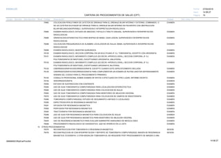 27/02/2019
19
14:58:27
CARTERA DE PROCEDIMIENTOS DE SALUD (CPT)
ESSALUD Fecha:
Hora:
Página:
Código Descripción UnidadGrupo Sección Sub Sección Nivel Grd. Cmp. Cir.
75982 EXAMENCOLOCACION PERCUTANEA DE CATETER DE DRENAJE PARA EL DRENAJE BILIAR INTERNO Y EXTERNO, COMBINADO, O
DE UN CATETER DILATADOR DE DRENAJE PARA EL DRENAJE BILIAR INTERNO EN PACIENTES CON OBSTRUCCION
BILIAR MECANICAINOPERABLE, SUPERVISION E INTERPRETACION RADIOLOGICA.
76080 EXAMENEXAMEN RADIOLOGICO, ESTUDIO DE ABSCESO, FISTULA O TRACTO SINUSAL, SUPERVISION E INTERPRETACION
RADIOLOGICAS.
76095 EXAMENORIENTACION ESTEREOTACTICA PARA BIOPSIA DE MAMA, CADA LESION, SUPERVISION E INTERPRETACION
RADIOLOGICAS
76096 EXAMENCOLOCACION PREQUIRURGICA DE ALAMBRE LOCALIZADOR DE AGUJA, MAMA, SUPERVISION E INTERPRETACION
RADIOLOGICAS
76098 EXAMENEXAMEN RADIOLOGICO, MUESTRA QUIRURGICA
76100 EXAMENEXAMEN RADIOLOGICO, SECCION CORPORAL EN UN SOLO PLANO (P. EJ. TOMOGRAFIA), EXCEPTO CON UROGRAFIA
76101 EXAMENEXAMEN RADIOLOGICO, MOVIMIENTO COMPLEJO (ES DECIR, HIPERCICLOIDAL), SECCION CORPORAL (P. EJ.
POLITOMOGRAFIA DE MASTOIDE), EXCEPTUANDO UROGRAFIA; UNILATERAL
76102 EXAMENEXAMEN RADIOLOGICO, MOVIMIENTO COMPLEJO (ES DECIR, HIPERCICLOIDAL), SECCION CORPORAL (P. EJ.
POLITOMOGRAFIA DE MASTOIDE), EXCEPTUANDO UROGRAFIA; BILATERAL
76120 EXAMENCINERRADIOGRAFIA/VIDEORRADIOGRAFIA, EXCEPTO CUANDO ESTE ESPECIFICAMENTE INCLUIDA
76125 EXAMENCINERRADIOGRAFIA/VIDEORRADIOGRAFIA PARA COMPLEMENTAR UN EXAMEN DE RUTINA (ANOTAR SEPARADAMENTE
ADEMAS DEL CODIGO PARA EL PROCEDIMIENTO PRIMARIO)
76140 EXAMENCONSULTA PROFESIONAL SOBRE EXAMEN DE RAYOS X EFECTUADO EN OTRO LUGAR, INFORME ESCRITO.
76150 EXAMENXERORRADIOGRAFIA
76350 EXAMENESTUDIO DE SUSTRACCION CON CONTRASTE
76355 EXAMENUSO DE GUIA TOMOGRAFICA COMPUTARIZADA PARA LOCALIZACION ESTEREOTACTICA
76360 EXAMENUSO DE GUIA TOMOGRAFICA COMPUTARIZADA PARA COLOCACION DE AGUJA
76362 EXAMENUSO DE GUIA TOMOGRAFICA COMPUTARIZADA PARA MONITOREO DE ABLACION VISCERAL
76370 EXAMENUSO DE GUIA TOMOGRAFICA COMPUTARIZADA PARA COLOCACION DE CAMPOS DE RADIOTERAPIA
76380 EXAMENTOMOGRAFIA COMPUTARIZADA, ESTUDIO DE SEGUIMIENTO LIMITADO O LOCALIZADO
76390 EXAMENESPECTROSCOPIA DE RESONANCIA MAGNETICA
76391 EXAMENDIFUSION POR RESONANCIA MAGNETICA
76392 EXAMENPERFUSION POR RESONANCIA MAGNETICA
76393 EXAMENTRACTOGRAFIA POR RESONANCIA MAGNETICA
76398 EXAMENUSO DE GUIA POR RESONANCIA MAGNETICA PARA COLOCACION DE AGUJA
76399 EXAMENUSO DE GUIA POR RESONANCIA MAGNETICA PARA MONITOREO DE ABLACION VISCERAL
76400 EXAMENUSO DE RESONANCIA MAGNETICA PARA EVALUAR SUMINISTRO SANGUINEO DE MEDULA OSEA
76499 EXAMENPROCEDIMIENTO RADIOLOGICO DE DIAGNOSTICO, QUE NO APARECE EN LA LISTA
15 OTROS PROCEDIMIENTOS
76375 SESIONRECONSTRUCCION POR TOMOGRAFIA O RESONANCIA MAGNETICA
76376 SESIONRECONSTRUCCION 3D CON INTERPRETACION Y REPORTE DE TOMOGRAFIA COMPUTARIZADA, IMAGEN DE RESONANCIA
MAGNETICA, ECOGRAFIA, U OTRA MODALIDA TOMOGRAFICA; NO REQUIERE POST PROCESAMIENTO DE IMAGEN O UNA
14:58:2709956952ORptCarProcSld
 