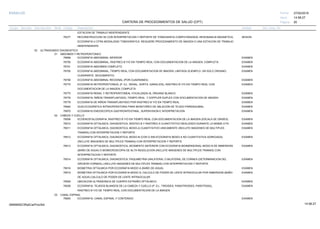 27/02/2019
20
14:58:27
CARTERA DE PROCEDIMIENTOS DE SALUD (CPT)
ESSALUD Fecha:
Hora:
Página:
Código Descripción UnidadGrupo Sección Sub Sección Nivel Grd. Cmp. Cir.
ESTACION DE TRABAJO INDEPENDIENTE
76377 SESIONRECONSTRUCCION 3D CON INTERPRETACION Y REPORTE DE TOMOGRAFIA COMPUTARIZADA, RESONANCIA MAGNETICA,
ECOGRAFIA U OTRA MODALIDAD TOMOGRAFICA. REQUIERE PROCESAMIENTO DE IMAGEN O UNA ESTACION DE TRABAJO
INDEPENDIENTE.
02 ULTRASONIDO DIAGNOSTICO
01 ABDOMEN Y RETROPERITONEO
76699 EXAMENECOGRAFIA ABDOMINAL INFERIOR
76700 EXAMENECOGRAFIA ABDOMINAL, RASTREO B Y/O EN TIEMPO REAL CON DOCUMENTACION DE LA IMAGEN; COMPLETA.
76701 EXAMENECOGRAFIA ABDOMEN COMPLETO
76705 EXAMENECOGRAFIA ABDOMINAL, TIEMPO REAL CON DOCUMENTACION DE IMAGEN; LIMITADA (EJEMPLO: UN SOLO ORGANO,
CUADRANTE, SEGUIMIENTO)
76706 EXAMENECOGRAFIA ABDOMINAL REGIONAL (POR CUADRANES)
76770 EXAMENECOGRAFIA RETROPERITONEAL (P. EJ., RENAL, AORTA, GANGLIOS), RASTREO B Y/O EN TIEMPO REAL CON
DOCUMENTACION DE LA IMAGEN; COMPLETA
76775 EXAMENECOGRAFÍA RENAL Y RETROPERITONEAL FOCALIZADA AL ÓRGANO BLANCO
76776 EXAMENECOGRAFIA, RIÑON TRANSPLANTADO, TIEMPO REAL Y DOPPLER DUPLEX CON DOCUMENTACION DE IMAGEN
76778 EXAMENECOGRAFIA DE RIÑON TRANSPLANTADO POR RASTREO B Y/O EN TIEMPO REAL
76940 EXAMENGUÍA ECOGRÁFICA INTRAOPERATORIA PARA MONITOREO DE ABLACIÓN DE TEJIDO PARENQUIMAL
76975 EXAMENECOGRAFIA ENDOSCOPICA GASTROINTESTINAL, SUPERVISION E INTERPRETACION
02 CABEZA Y CUELLO
76506 EXAMENECOENCEFALOGRAFIA, RASTREO B Y/O EN TIEMPO REAL CON DOCUMENTACION DE LA IMAGEN (ESCALA DE GRISES)
76510 EXAMENECOGRAFIA OFTALMICA, DIAGNOSTICA, RASTEO B Y RASTREO A CUANTITATIVO REALIZADO DURANTE LA MISMA CITA
76511 EXAMENECOGRAFIA OFTALMICA, DIAGNOSTICA; MODO-A CUANTITATIVO UNICAMENTE (INCLUYE IMAGENES DE MULTIPLES
TRAMAS) CON INTERPRETACION Y REPORTE
76512 EXAMENECOGRAFIA OFTALMICA, DIAGNOSTICA; MODO-B (CON O SIN ECOGRAFIA MODO A NO CUANTITATIVA AGREGADA)
(INCLUYE IMAGENES DE MULTIPLES TRAMAS) CON INTERPRETACION Y REPORTE
76513 EXAMENECOGRAFIA OFTALMICA, DIAGNOSTICA; SEGMENTO ANTERIOR CON ECOGRAFIA BIDIMENSIONAL MODO B DE INMERSION
(BAÑO DE AGUA) O BIOMICROSCOPIA DE ALTA RESOLUCION (INCLUYE IMAGENES DE MULTIPLES TRAMAS) CON
INTERPRETACION Y REPORTE
76514 EXAMENECOGRAFIA OFTALMICA, DIAGNOSTICA; PAQUIMETRIA UNILATERAL O BILATERAL DE CORNEA (DETERMINACION DEL
GROSOR CORNEAL) (INCLUYE IMAGENES DE MULTIPLES TRAMAS) CON INTERPRETACION Y REPORTE
76516 EXAMENBIOMETRIA OFTALMICA POR ECOGRAFIA MODO A (BAÑO DE AGUA)
76519 EXAMENBIOMETRIA OFTALMICA POR ECOGRAFIA MODO A; CALCULO DE PODER DE LENTE INTRAOCULAR POR INMERSION (BAÑO
DE AGUA) CALCULO DE PODER DE LENTE INTRAOCULAR
76529 EXAMENUBICACION ULTRASONICA DE CUERPO EXTRAÑO OFTALMICO
76536 EXAMENECOGRAFIA, TEJIDOS BLANDOS DE LA CABEZA Y CUELLO (P. EJ., TIROIDES, PARATIROIDES, PAROTIDAS),
RASTREO B Y/O DE TIEMPO REAL CON DOCUMENTACION DE LA IMAGEN
03 CANAL ESPINAL
76800 EXAMENECOGRAFIA, CANAL ESPINAL Y CONTENIDO
14:58:2709956952ORptCarProcSld
 