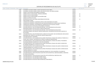 27/02/2019
201
14:58:27
CARTERA DE PROCEDIMIENTOS DE SALUD (CPT)
ESSALUD Fecha:
Hora:
Página:
Código Descripción UnidadGrupo Sección Sub Sección Nivel Grd. Cmp. Cir.
51860 SESIONCISTORRAFIA, SUTURA DE HERIDA, LESION O RUPTURA DE VEJIGA; SIMPLE.
51865 SESIONCISTORRAFIA, SUTURA DE HERIDA, LESION O RUPTURA DE VEJIGA; CON COMPLICACIONES.
51880 SESIONCIERRE DE CISTOSTOMIA (PROCEDIMIENTO SEPARADO)
51900 SESIONCIERRE DE FISTULA VESICOVAGINAL, ABORDAJE ABDOMINAL B
51920 SESIONCIERRE DE FISTULA VESICOUTERINA; B
51925 SESIONCIERRE DE FISTULA VESICOUTERINA; CON HISTERECTOMIA B
51940 SESIONCIERRE DE EXTROFIA DE VEJIGA
51960 SESIONENTEROCISTOPLASTIA, INCLUYENDO ANASTOMOSIS DE INTESTINO A
51980 SESIONVESICOSTOMIA CUTANEA
51990 SESIONLAPAROSCOPIA QUIRURGICA. SUSPENSION URETRAL PARA INCONTINENCIA DE STRESS.
51992 SESIONLAPAROSCOPIA QUIRURGICA. OPERACION DE SLING PARA INCONTINENCIA DE STREAA (FASCIA O SINTERICO).
51999 SESIONLAPAROSCOPIA QUIRURGICA. PROCEDIMIENTOS LAPAROSCOPICOS DE VEJIGA NO LISTADOS.
52000 SESIONCISTOURETROSCOPIA (CISTOSCOPIA) (PROCEDIMIENTO SEPARADO) C
52005 SESIONCISTOURETROSCOPIA, CON CATETERIZACION URETERAL, CON O SIN IRRIGACION, INSTILACION O C
URETEROPIELOGRAFIA, ESTA EXCLUIDO EL SERVICIO RADIOLOGICO.
52007 SESIONCISTOURETROSCOPIA, CON CATETERIZACION URETERAL, CON O SIN IRRIGACION, INSTILACION O B
URETEROPIELOGRAFIA, SIN CONTAR EL SERVICIO RADIOLOGICO; CON BIOPSIA POR CEPILLADO DE URETER Y/O
PELVIS RENAL.
52010 SESIONCISTOURETROSCOPIA, CON CATETERIZACION DEL CONDUCTO EYACULADOR, CON O SIN IRRIGACION, INSTILACION O
RADIOGRAFIA DEL CONDUCTO, EXCLUSIVA DEL SERVICIO RADIOLOGICO.
52204 SESIONCISTOURETROSCOPIA, CON BIOPSIA.
52214 SESIONCISTOURETROSCOPIA, CON FULGURACION (INCLUYENDO CRIOCIRUGIA O CIRUGIA CON LASER) DEL TRIGONO DE LA C
VEJIGA, CUELLO VESICAL, FOSA PROSTATICA, URETRA O GLANDULAS PERIURETRALES.
52224 SESIONCISTOURETROSCOPIA, CON FULGURACION (INCLUYENDO CRIOCIRUGIA O CIRUGIA CON LASER) O TRATAMIENTO
DELESIONES MENORES (DE MENOS DE 0.5 CM) CON O SIN BIOPSIA.
52234 SESIONCISTOURETROSCOPIA, CON FULGURACION (INCLUYENDO CRIOCIRUGIA O CIRUGIA CON LASER) Y/O RESECCION
DE;TUMORES PEQUEÑOS DE LA VEJIGA (0.5 A 2.0 CM).
52235 SESIONCISTOURETROSCOPIA, CON FULGURACION (INCLUYENDO CRIOCIRUGIA O CIRUGIA CON LASER) Y/O RESECCION DE; B
TUMORES MEDIANOS DE LA VEJIGA (2.0 A 5.0 CM)
52240 SESIONCISTOURETROSCOPIA, CON FULGURACION (INCLUYENDO CRIOCIRUGIA O CIRUGIA CON LASER) Y/O RESECCION DE B
TUMORES GRANDES DE LA VEJIGA.
52250 SESIONCISTOURETROSCOPIA CON INSERCION DE SUBSTANCIA RADIOACTIVA, CON O SIN BIOPSIA O FULGURACION.
52260 SESIONCISTOURETROSCOPIA, CON DILATACION DE VEJIGA POR CISTITIS INTERSTICIAL; ANESTESIA GENERAL O ANESTESIA
DE CONDUCCION (ESPINAL).
52265 SESIONCISTOURETROSCOPIA, CON DILATACION DE VEJIGA POR CISTITIS INTERSTICIAL; ANESTESIA LOCAL. C
52270 SESIONCISTOURETROSCOPIA, CON URETROMIA INTERNA; MUJER
52275 SESIONCISTOURETROSCOPIA, CON URETROMIA INTERNA; HOMBRE
52276 SESIONCISTOURETROSCOPIA CON URETROTOMIA INTERNA BAJO VISION DIRECTA
14:58:2809956952ORptCarProcSld
 