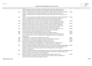 27/02/2019
213
14:58:27
CARTERA DE PROCEDIMIENTOS DE SALUD (CPT)
ESSALUD Fecha:
Hora:
Página:
Código Descripción UnidadGrupo Sección Sub Sección Nivel Grd. Cmp. Cir.
TRAZADO DE TAMAÑO COMPLETO DE LAS ONDAS, QUE PODRIA ESTAR ACTIVADO POR EL PACIENTE; INCLUYE EL
CONTROL Y ANALISIS DE LOS DATOS EN TIEMPO REAL, CON INFORME, REVISION E INTERPRETACION MEDICAS.
93236 SESIONCONTROL ELECTROCARDIOGRAFICO DURANTE 24 HORAS POR CONTROL COMPUTADORIZADO CONTINUO Y REGISTRO NO
CONTINUO, Y ANALISIS DE LOS DATOS EN TIEMPO REAL MEDIANTE UN DISPOSITIVO CAPAZ DE PRODUCIR UN
TRAZADO DE TAMAÑO COMPLETO DE LAS ONDAS, QUE PODRIA CONTROL Y ANALISIS DE DATOS EN TIEMPO REAL, CON
INFORME
93237 SESIONCONTROL ELECTROCARDIOGRAFICO DURANTE 24 HORAS POR CONTROL COMPUTADORIZADO CONTINUO Y REGISTRO NO
CONTINUO, Y ANALISIS DE LOS DATOS EN TIEMPO REAL MEDIANTE UN DISPOSITIVO CAPAZ DE PRODUCIR UN
TRAZADO DE TAMAÑO COMPLETO DE LAS ONDAS, QUE PODRIA REVISION E INTERPRETACION MEDICAS.
93268 SESIONREGISTRO DE INCIDENTE, UNICO O MULTIPLE, A PEDIDO DE PACIENTE, CON LAZO DE MEMORIA PREVIO A LOS
SINTOMAS, POR CADA PERIODO DE 30 DIAS; INCLUYE LA TRANSMISION, REVISION E INTERPRETACION MEDICAS.
93270 SESIONREGISTRO DE INCIDENTE, UNICO O MULTIPLE, A PEDIDO DE PACIENTE, CON LAZO DE MEMORIA PREVIO A LOS
SINTOMAS, POR CADA PERIODO DE 30 DIAS; REGISTRO (INCLUYE LA CONEXION, REGISTRO Y DESCONEXION).
93271 SESIONREGISTRO DE INCIDENTE, UNICO O MULTIPLE, A PEDIDO DE PACIENTE, CON LAZO DE MEMORIA PREVIO A LOS
SINTOMAS, POR CADA PERIODO DE 30 DIAS; CONTROL, RECEPCION DE TRANSMISIONES Y ANALISIS.
93272 SESIONREGISTRO DE INCIDENTE, UNICO O MULTIPLE, A PEDIDO DE PACIENTE, CON LAZO DE MEMORIA PREVIO A LOS
SINTOMAS, POR CADA PERIODO DE 30 DIAS; REVISION E INTERPRETACION MEDICAS SOLAMENTE.
93278 SESIONELECTROCARDIOGRAFIA CON SEÑAL PROMEDIADA (SAECG), CON O SIN ECG.
93303 SESIONECOCARDIOGRAFIA TRANSTORACICA PARA ANOMALIAS CARDIACAS CONGENITAS; COMPLETA
93660 SESIONTILT TEST. EVALUACION DE LA FUNCION CARDIOVASCULAR POR EVALUACION DE TABLA DE OSCILACION, CON
CONTROL CONTINUO POR ECG Y CONTROL INTERMITENTE DE LA PRESION ARTERIAL, CON O SIN INTERVENCION
FARMACOLOGICA.
93720 SESIONPLETISMOGRAFIA TOTAL CORPORAL CON INTERPRETACION Y REPORTE
93721 SESIONPLETISMOGRAFIA DEL CUERPO ENTERO; SOLAMENTE TRAZADO, SIN INTERPREACION NI REPORTE
93722 SESIONPLETISMOGRAFIA DEL CUERPO ENTERO;SOLAMENTE INTERPRETACION Y REPORTE.
93724 SESIONANALISIS ELECTRONICO DE SISTEMA DE MARCAPASOS ANTITAQUICARDIA (INCLUYE EL
REGISTROELECTROCARDIOGRAFICO, PROGRAMACION DEL DISPOSITIVO, INDUCCION Y TERMINACION DE LA
TAQUICARDIA A TRAVES DELMARCAPASOS IMPLANTADO, Y LA INTERPRETACION DE LOS REGISTROS).
93731 SESIONCONTROL DE MARCAPASO BICAMERAL SIN REPROGRAMACION. (INCLUYE LA EVALUACION DE PARAMETROSPROGRAMABLES
EN REPOSO Y DURANTE LA ACTIVIDAD CUANDO CORRESPONDA, MEDIANTE EL REGISTRO ELECTROCARDIOGRAFICO YSU
INTERPRETACION EN REPOSO Y DURANTE EL EJERCICIO, ANALISIS DE MARCADORES DE ACONTECIMIENTOS Y
RESPUESTA DELDISPOSITIVO);
93732 SESIONCONTROL DE MARCAPASO BICAMERAL COIN REPROGRAMACION (INCLUYE LA EVALUACION DE PARAMETROS PROGRAMABLES
EN REPOSO Y DURANTE LA ACTIVIDAD CUANDO CORRESPONDA, MEDIANTE EL REGISTRO ELECTROCARDIOGRAFICO Y SU
INTERPRETACION EN REPOSO Y DURANTE E CON REPROGRAMACION.
93733 SESIONANALISIS ELECTRONICO DE SISTEMA DE MARCAPASOS INTERNO DE DOBLE CAMARA (PUEDE INCLUIR LA
FRECUENCIA,AMPLITUD Y DURACION DE PULSOS, CONFIGURACION DE LA FORMA DE LA ONDA Y/O PRUEBAS DE LA
FUNCION DE DETECCIONDEL MARCAPASOS), ANALISIS TELEFONICO.
14:58:2909956952ORptCarProcSld
 
