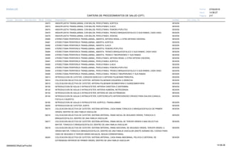 27/02/2019
217
14:58:27
CARTERA DE PROCEDIMIENTOS DE SALUD (CPT)
ESSALUD Fecha:
Hora:
Página:
Código Descripción UnidadGrupo Sección Sub Sección Nivel Grd. Cmp. Cir.
35472 SESIONANGIOPLASTIA TRANSLUMINAL CON BALON, PERCUTANEA; AORTICA
35473 SESIONANGIOPLASTIA TRANSLUMINAL CON BALON, PERCUTANEA; ILIACA
35474 SESIONANGIOPLASTIA TRANSLUMINAL CON BALON, PERCUTANEA; FEMORO-POPLITEA
35475 SESIONANGIOPLASTIA TRANSLUMINAL CON BALON, PERCUTANEA; TRONCO BRAQUIOCEFALICO O SUS RAMAS, CADA VASO
35476 SESIONANGIOPLASTIA TRANSLUMINAL CON BALON, PERCUTANEA; VENOSA
35480 SESIONATERECTOMIA PERIFERICA TRANSLUMINAL, ABIERTA; ARTERIA RENAL U OTRA ARTERIA VISCERAL
35481 SESIONATERECTOMIA PERIFERICA TRANSLUMINAL, ABIERTA; AORTICA
35482 SESIONATERECTOMIA PERIFERICA TRANSLUMINAL, ABIERTA; ILIACA
35483 SESIONATERECTOMIA PERIFERICA TRANSLUMINAL, ABIERTA; FEMORO-POPLITEA
35484 SESIONATERECTOMIA PERIFERICA TRANSLUMINAL, ABIERTA; TRONCO BRAQUIOCEFALICO O SUS RAMAS, CADA VASO
35485 SESIONATERECTOMIA PERIFERICA TRANSLUMINAL, ABIERTA; TRONCO TIBIOPERONEO Y SUS RAMAS
35490 SESIONATERECTOMIA PERIFERICA TRANSLUMINAL, PERCUTANEA; ARTERIA RENAL U OTRA ARTERIA VISCERAL
35491 SESIONATERECTOMIA PERIFERICA TRANSLUMINAL, PERCUTANEA; AORTICA
35492 SESIONATERECTOMIA PERIFERICA TRANSLUMINAL, PERCUTANEA; ILIACA
35493 SESIONATERECTOMIA PERIFERICA TRANSLUMINAL, PERCUTANEA; FEMORO-POPLITEA
35494 SESIONATERECTOMIA PERIFERICA TRANSLUMINAL, PERCUTANEA; TRONCO BRAQUIOCEFALICO O SUS RAMAS, CADA VASO
35495 SESIONATERECTOMIA PERIFERICA TRANSLUMINAL, PERCUTANEA; TRONCO TIBIOPERONEO Y SUS RAMAS
36013 SESIONINTRODUCCION DE CATETER, CORAZON DERECHO O ARTERIA PULMONAR PRINCIPAL
36014 SESIONCOLOCACION SELECTIVA DE CATETER, ARTERIA PULMONAR IZQUIERDA O DERECHA
36015 SESIONCOLOCACION SELECTIVA DE CATETER, ARTERIA PULMONAR SEGMENTARIA O SUBSEGMENTARIA
36100 SESIONINTRODUCCION DE AGUJA O INTRACATETER, ARTERIA CAROTIDA O VERTEBRAL
36120 SESIONINTRODUCCION DE AGUJA O INTRACATETER; ARTERIA HUMERAL RETROGRADA
36140 SESIONINTRODUCCION DE AGUJA O INTRACATETER; ARTERIA DE UNA EXTREMIDAD
36145 SESIONINTRODUCCION DE AGUJA O INTRACATETER; CORTOCIRCUITO ARTERIOVENOSO CREADO PARA DIALISIS (CANULA,
FISTULA O INJERTO)
36160 SESIONINTRODUCCION DE AGUJA O INTRACATETER, AORTICO, TRANSLUMBAR
36200 SESIONINTRODUCCION DE CATETER, AORTA
36215 SESIONCOLOCACION SELECTIVA DE CATETER, SISTEMA ARTERIAL; CADA RAMA TORACICA O BRAQUIOCEFALICA DE PRIMER
ORDEN, DENTRO DE UNA FAMILIA VASCULAR.
36216 SESIONCOLOCACION SELECTIVA DE CATETER, SISTEMA ARTERIAL; RAMA INICIAL DE SEGUNDO ORDEN, TORACICA O
BRAQUIOCEFALICA, DENTRO DE UNA FAMILIA VASCULAR.
36217 SESIONCOLOCACION SELECTIVA DE CATETER, SISTEMA ARTERIAL; RAMA INICIAL DE TERCER ORDEN O MAS SELECTIVA
MAYOR, TORACICA O BRAQUIOCEFALICA, DENTRO DE UNA FAMILIA VASCULAR.
36218 SESIONCOLOCACION SELECTIVA DE CATETER, SISTEMA ARTERIAL; RAMA ADICIONAL DE SEGUNDO ORDEN, TERCER ORDEN, U
ORDEN MAYOR, TORACICA OBRAQUIOCEFALICA, DENTRO DE UNA FAMILIA VASCULAR (ANOTE ADEMAS DEL CODIGO PARA
VASO DE SEGUNDO O TERCER ORDEN INICIALES, SEGUN CORRESPONDA).
36245 SESIONCOLOCACION SELECTIVA DE CATETER, SISTEMA ARTERIAL; CADA RAMA ABDOMINAL, PELVICA O ARTERIAL DE
EXTREMIDAD INFERIOR DE PRIMER ORDEN, DENTRO DE UNA FAMILIA VASCULAR.
14:58:2909956952ORptCarProcSld
 
