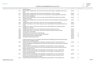 27/02/2019
231
14:58:27
CARTERA DE PROCEDIMIENTOS DE SALUD (CPT)
ESSALUD Fecha:
Hora:
Página:
Código Descripción UnidadGrupo Sección Sub Sección Nivel Grd. Cmp. Cir.
INCISION TORACICA
34101 SESIONEMBOLECTOMIA O TROMBECTOMIA, CON O SIN CATETER; ARTERIA AXILAR, BRAQUIAL, INNOMINADA, SUBCLAVIA,VIA C
BRAZO
34111 SESIONEMBOLECTOMIA O TROMBECTOMIA, CON O SIN CATETER; ARTERIA RADIAL O CUBITAL, VIA BRAZO C
34151 SESIONEMBOLECTOMIA O TROMBECTOMIA, CON O SIN CATETER; ARTERIA RENAL, CELIACA, MESENTERICA, AORTOILIACA, B
MEDIANTE INCISION ABDOMINAL
34201 SESIONEMBOLECTOMIA O TROMBECTOMIA, CON O SIN CATETER; ARTERIA FEMOROPOPLITEA, AORTOILIACA, MEDIANTE C
INCISION DE LA PIERNA
34203 SESIONEMBOLECTOMIA O TROMBECTOMIA, CON O SIN CATETER; ARTERIA POPLITEA-TIBIO-PERONEA, MEDIANTE INCISION DE C
LA PIERNA
34401 SESIONTROMBECTOMIA, DIRECTA O CON CATETER; VENA CAVA, VENA ILIACA, MEDIANTE INCISION ABDOMINAL
34421 SESIONTROMBECTOMIA, DIRECTA O CON CATETER; VENA CAVA, ILIACA, VENA FEMOROPOPLITEA, MEDIANTE INCISION DE LA
PIERNA
34451 SESIONTROMBECTOMIA, DIRECTA O CON CATETER; VENA CAVA, ILIACA, VENA FEMOROPOPLITEA, MEDIANTE INCISION
ABDOMINAL Y DE LA PIERNA
34471 SESIONTROMBECTOMIA, DIRECTA O CON CATETER; VENA SUBCLAVIA, MEDIANTE INCISION DEL CUELLO
34490 SESIONTROMBECTOMIA, DIRECTA O CON CATETER; VENA AXILAR Y SUBCLAVIA, MEDIANTE INCISION DEL BRAZO
34501 SESIONVALVULOPLASTIA, VENA FEMORAL
34502 SESIONRECONSTRUCCION DE VENA CAVA, CUALQUIER METODO A
34510 SESIONTRANSPOSICION DE VALVULA VENOSA, CUALQUIER VENA DONANTE A
34520 SESIONINJERTO VENOSO CRUZADO AL SISTEMA VENOSO B
34530 SESIONANASTOMOSIS VENOSA SAFENOPOPLITEA C
34802 SESION
CORRECCION ENDOVASCULAR DE ANEURISMA O DISECCION AORTICA INFRARRENAL MEDIANTE PROTESIS MODULAR
BIFURCADA PARA UN MIEMBRO INFERIOR
35001 SESIONCORRECCION DIRECTA DE ANEURISMA, FALSO ANEURISMA, E INSERCION DE INJERTO, CON O SIN INJERTO DE A
PARCHE; POR ANEURISMA Y ENFERMEDAD OCLUSIVA ASOCIADA, ARTERIA CAROTIDA, ARTERIA SUBCLAVIA, MEDIANTE
INCISION DE CUELLO
35002 SESIONCORRECCION DIRECTA DE ANEURISMA, FALSO ANEURISMA, O ESCISION (PARCIAL O TOTAL) E INSERCION DE A
INJERTO, CON O SIN INJERTO DE PARCHE; POR ROTURA DE ANEURISMA, ARTERIA CAROTIDA, ARTERIA SUBCLAVIA,
MEDIANTE INCISION DE CUELLO
35005 SESIONCORRECCION DIRECTA DE ANEURISMA, FALSO ANEURISMA, O ESCISION (PARCIAL O TOTAL) E INSERCION DE A
INJERTO, CON O SIN INJERTO DE PARCHE; POR ANEURISMA, FALSO ANEURISMA, Y ENFERMEDAD OCLUSIVA
ASOCIADA, ARTERIA VERTEBRAL
35011 SESIONCORRECCION DIRECTA DE ANEURISMA, FALSO ANEURISMA, O ESCISION (PARCIAL O TOTAL) E INSERCION DE B
INJERTO, CON O SIN INJERTO DE PARCHE; POR ANEURISMA Y ENFERMEDAD OCLUSIVA ASOCIADA, ARTERIA
AXILAR-BRAQUIAL, MEDIANTE INCISION DEL BRAZO
35013 SESIONCORRECCION DIRECTA DE ANEURISMA, FALSO ANEURISMA, O ESCISION (PARCIAL O TOTAL) E INSERCION DE A
14:58:2909956952ORptCarProcSld
 