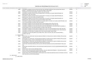 27/02/2019
244
14:58:27
CARTERA DE PROCEDIMIENTOS DE SALUD (CPT)
ESSALUD Fecha:
Hora:
Página:
Código Descripción UnidadGrupo Sección Sub Sección Nivel Grd. Cmp. Cir.
26650 SESIONTRATAMIENTO CERRADO DE DISLOCACION POR FRACTURA CARPOMETACARPIANA, DEDO PULGAR (FRACTURA DE C
BENNETT), CON MANIPULACION CON O SIN FIJACION EXTERNA O PERCUTANEA
26665 SESIONTRATAMIENTO DE FRACTURA DE BENNET, ABIERTA CON O SIN FIJACION. C
26720 SESIONTRATAMIENTO CERRADO DE FRACTURA DE FALANGE (DEDO O PULGAR), EJE FALANGE, MEDIO/PROXIMAL SIN E
MANIPULACION, PARA CADA HUESO.
26725 SESIONTRATAMIENTO CERRADO DE FRACTURA DE FALANGE (DEDO O PULGAR), EJE FALANGE, MEDIO/PROXIMAL SIN C
MANIPULACION, PARA CADA HUESO CON MANIPULACION.
26727 SESIONTRATAMIENTO CERRADO DE FRACTURA DE FALANGE (DEDO O PULGAR), EJE FALANGE, MEDIO/PROXIMAL SIN C
MANIPULACION, PARA CADA HUESO CON FIJACION EXTERNA O PERCUTANEA
26735 SESIONTRATAMIENTO CERRADO DE FRACTURA ABIERTA DE FALANGE (DEDO O PULGAR), EJE FALANGE, MEDIO/PROXIMAL CON C
O SIN FIJACION INTERNA O EXTERNA, PARA CADA HUESO.
26740 SESIONTRATAMIENTO CERRADO DE FRACTURA INTRA-ARTICULAR SIN MANIPULACION, PARA CADA UNA E
26742 SESIONTRATAMIENTO CERRADO DE FRACTURA INTRA-ARTICULAR CON MANIPULACION, PARA CADA UNA D
26746 SESIONTRATAMIENTO CERRADO DE FRACTURA INTRA-ARTICULAR CON COMPROMISO DE JUNTA METACARPO-FALANGEAL O C
INTERFALANGEAL CON O SIN FIJACION INTERNA O EXTERNA, PARA CADA UNA.
26750 SESIONTRATAMIENTO CERRADO DE FRACTURA DE FALANGE DISTAL, DEDO O PULGAR SIN MANIPULACION, PARA CADA UNA. E
26755 SESIONTRATAMIENTO CERRADO DE FRACTURA DE FALANGE DISTAL, DEDO O PULGAR CON MANIPULACION, PARA CADA UNA. D
26756 SESIONTRATAMIENTO DE FRACTURA DE FALANGE DISTAL CON FIJACION EXTERNA O PERCUTANEA D
26765 SESIONTRATAMIENTO DE FRACTURA ABIERTA DE FALANGE DISTAL, DEDO O PULGAR, CON O SIN FIJACION INTERNA O C
EXTERNA, CADA UNA.
02 SONOVECTOMIA
26070 SESIONARTROTOMIA, DE LA INFECCION, CON EXPLORACION, DRENAJE O EXTRACCION DE CUERPO EXTRAÑO; ARTICULACION C
CARPOMETACARPAL.
26075 SESIONARTROTOMIA, DE LA INFECCION, CON EXPLORACION, DRENAJE O EXTRACCION DE CUERPO EXTRAÑO; ARTICULACION C
METACARPOFALANGEAL, SE APLICA INDEPENDIENTE PARA CADA ARTICULACION.
26080 SESIONARTROTOMIA, DE LA INFECCION, CON EXPLORACION, DRENAJE O EXTRACCION DE CUERPO EXTRAÑO; ARTICULACION C
INTERFALANGEAL, SE APLICA INDEPENDIENTE PARA CADA ARTICULACION.
26100 SESIONARTROTOMIA CON BIOPSIA SINOVIAL; ARTICULACION CARPOMETACARPIANA, SE APLICA INDEPENDIENTE PARA CADA
UNA.
26105 SESIONARTROTOMIA CON BIOPSIA SINOVIAL; ARTICULACION METACARPOFALANGICAS, SE APLICA INDEPENDIENTEMENTE PARA C
CADA UNA.
26130 SESIONSINOVECTOMIA, ARTICULACION CARPOMETACARPAL. C
26135 SESIONSINOVECTOMIA, ARTICULACION METACARPOFALANGEAL, INCLUIDA LIBERACION INTRINSECA Y RECONSTRUCCION EN B
CAPUCHA, SE APLICA INDEPENDIENTEMENTE PARA CADA DEDO.
26140 SESIONSINOVECTOMIA, ARTICULACION PROXIMAL INTERFALANGICA INCLUYENDO RECONSTRUCCION DEL EXTENSOR, SE APLICA C
PARA CADA ARTICULACION INTERFALANGEAL.
04 AMPUTACION
00 AMPUTACION
14:58:2909956952ORptCarProcSld
 