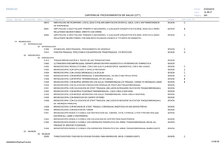 27/02/2019
245
14:58:27
CARTERA DE PROCEDIMIENTOS DE SALUD (CPT)
ESSALUD Fecha:
Hora:
Página:
Código Descripción UnidadGrupo Sección Sub Sección Nivel Grd. Cmp. Cir.
26910 SESIONAMPUTACION, METACARPIANO, CON EL DEDO O PULGAR (AMPUTACION EN RAYO), UNICA, CON O SIN TRANSFERENCIA C
DE INTEROSEOS.
26951 SESIONAMPUTACION, O DEDO PULGAR, PRIMARIA O SECUNDARIA, O CUALQUIER CONJUNTO DE FALANGE, DEDO DE LA MANO B
INCLUYENDO NEUROCTOMIAS; DIRECTO CON CIERRE.
26952 SESIONAMPUTACION, O DEDO PULGAR, PRIMARIA O SECUNDARIA, O CUALQUIER CONJUNTO DE FALANGE, DEDO DE LA MANO C
INCLUYENDO NEURECTOMIAS; CON ADELANTO COLGAJOS LOCALES (V-Y PLASTIA EN CASQUETE).
15 NEUMOLOGIA
01 INTRODUCCION
00 INTRODUCCION
31500 SESIONINTUBACION, ENDOTRAQUEAL, PROCEDIMIENTO DE URGENCIA C
31612 SESIONPUNCION TRAQUEAL PERCUTANEA CON ASPIRACION TRANSTRAQUEAL Y/O INYECCION D
02 ENDOSCOPIA
00 ENDOSCOPIA
31615 SESIONTRAQUEOBRONCOSCOPIA A TRAVEZ DE UNA TRAQUEOSTOMIA
31620 SESIONULTRASONIDO ENDOBRONCQUIAL DURANTE BRONCOSCOPIA DIAGNOSTICA O INTERVENCION TERAPEUTICA.
31622 SESIONBRONCOSCOPIA, RIGIDA O FLEXIBLE, CON O SIN GUIA FLUOROSCOPICA, DIAGNOSTICA, CON O SIN LAVADO. C
31623 SESIONBRONCOSCOPIA, CON CEPILLADO O CEPILLO PROTEGIDO C
31624 SESIONBRONCOSCOPIA, CON LAVADO BRONQUIOLO ALVEOLAR C
31625 SESIONBRONCOSCOPIA, CON BIOPSIA BRONQUIAL O ENDOBRONQUIAL, EN UNO O MULTIPLES SITIOS C
31628 SESIONBRONCOSCOPIA, CON BIOPSIA TRANSBRONQUIAL, EN UN LOBULO B
31629 SESIONBRONCOSCOPIA, CON BIOPSIA ASPIRACION CON AGUJA TRANSBRONQUIAL EN TRAQUEA, CARINA Y/O BRONQUIO LOBAR. B
31630 SESIONBRONCOSCOPIA, CON DILATACION O REDUCCION CERRADA DE FRACTURA TRAQUEOBRONQUIAL
31631 SESIONBRONCOSCOPIA, CON COLOCACION DE STENT TRAQUEAL (INCLUIDOS SI REQUIERE DILATACION TRAQUEOBRONQUIAL).
31632 SESIONBRONCOSCOPIA, CON BIOPSIA PULMONAR TRANSBRONQUIAL, CADA LOBULO ADICIONAL
31633 SESIONBRONCOSCOPIA, CON BIOPSIA ASPIRACION CON AGUJA TRANSBRONQUIAL, CADA LOBULO ADICIONAL.
31635 SESIONBRONCOSCOPIA, CON REMOCION DE CUERPO EXTRAÑO
31636 SESIONBRONCOSCOPIA, CON COLOCACION DE STENT TRAQUEAL (INCLUIDOS SI REQUIERE DILATACION TRAQUEOBRONQUIAL)
EN BRONQUIO PRINCIPAL.
31638 SESIONBRONCOSCOPIA, CON REVISION DE STENT TRAQUEL O BRONQUIAL INSERTADO EN UNA SESION PREVIA.
31640 SESIONBRONCOSCOPIA, CON ESCICION DE TUMOR
31641 SESIONBRONCOSCOPIA RIGIDA O FLEXIBLE CON DESTRUCCION DEL TUMORAL TOTAL O PARCIAL O POR OTRO METODO QUE
ESCISION (EJ. LASER O CRIOTERAPIA).
31643 SESIONBRONCOSCOPIA RIGIDA O FLEXIBLE CON COLOCACION DE CATETER PARA RADIOTERAPIA
31645 SESIONBRONCOSCOPIA RIGIDA O FLEXIBLE CON ASPIRACION TERAPEUTICA DEL ARBOL TRAQUEOBRONQUIAL INICIAL (EJ.
DRENAJE DE ABSCESO PULMONAR).
31646 SESIONBRONCOSCOPIA RIGIDA O FLEXIBLE CON ASPIRACION TERAPEUTICA DEL ARBOL TRAQUEOBRONQUIAL SUBSECUENTE
03 INCISION
00 INCISION
32000 SESIONTORACOCENTESIS, PUNCION DE CAVIDAD PLEURAL PARA ASPIRACION, INICAL O SUBSECUENTE C
14:58:2909956952ORptCarProcSld
 