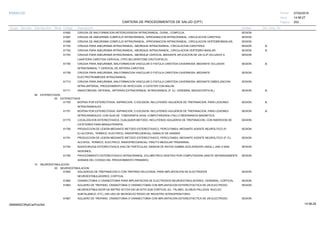 27/02/2019
253
14:58:27
CARTERA DE PROCEDIMIENTOS DE SALUD (CPT)
ESSALUD Fecha:
Hora:
Página:
Código Descripción UnidadGrupo Sección Sub Sección Nivel Grd. Cmp. Cir.
61692 SESIONCIRUGIA DE MALFORMACION ARTERIOVENOSA INTRACRANEAL; DURAL, COMPLEJA.
61697 SESIONCIRUGIA DE ANEURISMA COMPLEJO INTRACRANEAL, APROXIMACION INTRACRANEAL, CIRCULACION CAROTIDA.
61698 SESIONCIRUGIA DE ANEURISMA COMPLEJO INTRACRANEAL, APROXIMACION INTRACRANEAL, CIRCULACION VERTEBROBASILAR.
61700 SESIONCIRUGIA PARA ANEURISMA INTRACRANEAL, ABORDAJE INTRACRANEAL; CIRCULACION CAROTIDEA. A
61702 SESIONCIRUGIA PARA ANEURISMA INTRACRANEAL, ABORDAJE INTRACRANEAL; CIRCULACION VERTEBRO-BASILAR. A
61703 SESIONCIRUGIA PARA ANEURISMA INTRACRANEAL, ABORDAJE CERVICAL MEDIANTE APLICACION DE UN CLIP OCLUSIVO A
LAARTERIA CAROTIDA CERVICAL (TIPO SELVERSTONE-CRUTCHFIELD).
61705 SESIONCIRUGIA PARA ANEURISMA, MALFORMACION VASCULAR O FISTULA CAROTIDA-CAVERNOSA; MEDIANTE OCLUSION A
INTRACRANEAL Y CERVICAL DE ARTERIA CAROTIDA.
61708 SESIONCIRUGIA PARA ANEURISMA, MALFORMACION VASCULAR O FISTULA CAROTIDA-CAVERNOSA; MEDIANTE
ELECTROTROMBOSIS INTRACRANEAL.
61710 SESIONCIRUGIA PARA ANEURISMA, MALFORMACION VASCULAR O FISTULA CAROTIDA-CAVERNOSA; MEDIANTE EMBOLIZACION
INTRA-ARTERIAL, PROCEDIMIENTO DE INYECCION, O CATETER CON BALON.
61711 SESIONANASTOMOSIS, ARTERIAL, ARTERIAS EXTRACRANEAL INTRACRANEAL (P. EJ. CEREBRAL MEDIA/CORTICAL). A
09 ESTEREOTAXIS
00 ESTEREOTAXIS
61750 SESIONBIOPSIA POR ESTEREOTAXIA, ASPIRACION, O ESCISION, INCLUYENDO AGUJEROS DE TREPANACION, PARA LESIONES A
INTRACRANEALES.
61751 SESIONBIOPSIA POR ESTEREOTAXIA, ASPIRACION, O ESCISION, INCLUYENDO AGUJEROS DE TREPANACION, PARA LESIONES A
INTRACRANEALES; CON GUIA DE TOMOGRAFIA AXIAL COMPUTARIZADA (TAC) O RESONANCIA MAGNETICA.
61770 SESIONLOCALIZACION ESTEREOTAXICA, CUALQUIER METODO, INCLUYENDO AGUJEROS DE TREPANACION, CON INSERCION DE
CATETERES PARA BRAQUITERAPIA.
61790 SESIONPRODUCCION DE LESION MEDIANTE METODO ESTEREOTAXICO, PERCUTANEA, MEDIANTE AGENTE NEUROLITICO (P.
EJ.ALCOHOL, TERMICO, ELECTRICO, RADIOFRECUENCIA); GANGLIO DE GASSER.
61791 SESIONPRODUCCION DE LESION MEDIANTE METODO ESTEREOTAXICO, PERCUTANEA, MEDIANTE AGENTE NEUROLITICO (P. EJ.
ALCOHOL, TERMICO, ELECTRICO, RADIOFRECUENCIA); TRACTO MEDULAR TRIGEMINAL.
61793 SESIONRADIOCIRUGIA ESTEREOTAXICA (HAZ DE PARTICULAS, EMISION DE RAYOS GAMMA ACELERADOR LINEAL), UNA O MAS
SESIONES.
61795 SESIONPROCEDIMIENTO ESTEREOTAXICO INTRACRANEAL VOLUMETRICO ASISTIDO POR COMPUTADORA (ANOTE SEPARADAMENTE
ADEMAS DEL CODIGO DEL PROCEDIMIENTO PRIMARIO).
10 NEUROESTIMULACION
00 NEUROESTIMULACION
61850 SESIONAGUJERO(S) DE TREPANACION O CON TREPANO HELICOIDAL PARA IMPLANTACION DE ELECTRODOS
NEUROESTIMULADORES; CORTICAL
61860 SESIONCRANIECTOMIA O CRANEOTOMIA PARA IMPLANTACION DE ELECTRODOS NEUROESTIMULADORES, CEREBRAL; CORTICAL.
61863 SESIONAGUJERO DE TREPANO, CRANIOTOMIA O CRANIECTOMIA CON IMPLANTACION ESTEREOTACTICA DE UN ELECTRODO
NEUROESTIMULADOR DE MATRIZ ACTIVA EN UN SITIO SUB CORTICAL (EJ. TALAMO, GLOBUS PALLIDUS, NUCLEO
SUBTALAMICO, ETC.) SIN USO DE MICROELECTRODO DE REGISTRO INTRAOPERATORIO.
61867 SESIONAGUJERO DE TREPANO, CRANIOTOMIA O CRANIECTOMIA CON IMPLANTACION ESTEREOTACTICA DE UN ELECTRODO
14:58:2909956952ORptCarProcSld
 
