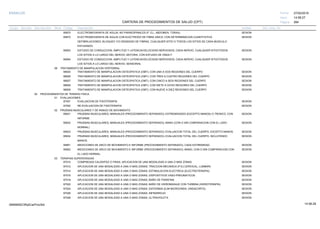 27/02/2019
284
14:58:27
CARTERA DE PROCEDIMIENTOS DE SALUD (CPT)
ESSALUD Fecha:
Hora:
Página:
Código Descripción UnidadGrupo Sección Sub Sección Nivel Grd. Cmp. Cir.
95870 SESIONELECTROMIOGRAFIA DE AGUJA; NO PARAESPINALES (P. EJ., ABDOMEN, TORAX).
95872 SESIONELECTROMIOGRAFIA DE AGUJA CON ELECTRODO DE FIBRA UNICA, CON DETERMINACION CUANTITATIVA
DEFIBRILACIONES, BLOQUEO Y/O DENSIDAD DE FIBRAS, CUALQUIER SITIO O TODOS LOS SITIOS DE CADA MUSCULO
ESTUDIADO.
95903 SESIONESTUDIO DE CONDUCCION, AMPLITUD Y LATENCIA/VELOCIDAD NERVIOSOS, CADA NERVIO, CUALQUIER SITIO/TODOS
LOS SITIOS A LO LARGO DEL NERVIO; MOTORA, CON ESTUDIO DE ONDA F.
95904 SESIONESTUDIO DE CONDUCCION, AMPLITUD Y LATENCIA/VELOCIDAD NERVIOSOS, CADA NERVIO, CUALQUIER SITIO/TODOS
LOS SITIOS A LO LARGO DEL NERVIO; SENSORIAL
06 TRATAMIENTO DE MANIPULACION VERTEBRAL
98925 SESIONTRATAMIENTO DE MANIPULACION OSTEOPATICA (OMT); CON UNA A DOS REGIONES DEL CUERPO
98926 SESIONTRATAMIENTO DE MANIPULACION OSTEOPATICA (OMT); CON TRES A CUATRO REGIONES DEL CUERPO
98927 SESIONTRATAMIENTO DE MANIPULACION OSTEOPATICA (OMT); CON CINCO A SEIS REGIONES DEL CUERPO
98928 SESIONTRATAMIENTO DE MANIPULACION OSTEOPATICA (OMT); CON SIETE A OCHO REGIONES DEL CUERPO
98929 SESIONTRATAMIENTO DE MANIPULACION OSTEOPATICA (OMT); CON NUEVE A DIEZ REGIONES DEL CUERPO
02 PROCEDIMIENTOS DE TERAPIA FISICA
01 EVALUACIONES
97001 SESIONEVALUACION DE FISIOTERAPIA
97002 SESIONRE-EVALUACION DE FISIOTERAPIA
02 PRUEBAS MUSCULARES Y DE RANGO DE MOVIMIENTO
95831 SESIONPRUEBAS MUSCULARES, MANUALES (PROCEDIMIENTO SEPARADO); EXTREMIDADES (EXCEPTO MANOS) O TRONCO, CON
INFORME.
95832 SESIONPRUEBAS MUSCULARES, MANUALES (PROCEDIMIENTO SEPARADO); MANO (CON O SIN COMPARACION CON EL LADO
NORMAL).
95833 SESIONPRUEBAS MUSCULARES, MANUALES (PROCEDIMIENTO SEPARADO); EVALUACION TOTAL DEL CUERPO, EXCEPTO MANOS.
95834 SESIONPRUEBAS MUSCULARES, MANUALES (PROCEDIMIENTO SEPARADO); EVALUACION TOTAL DEL CUERPO, INCLUYENDO
MANOS.
95851 SESIONMEDICIONES DE ARCO DE MOVIMIENTO E INFORME (PROCEDIMIENTO SEPARADO); CADA EXTREMIDAD.
95852 SESIONMEDICIONES DE ARCO DE MOVIMIENTO E INFORME (PROCEDIMIENTO SEPARADO); MANO, CON O SIN COMPARACION CON
EL LADO NORMAL.
03 TERAPIAS SUPERVISADAS
97010 SESIONCOMPRESAS CALIENTES O FRIAS. APLICACION DE UNA MODALIDAD A UNA O MAS ZONAS
97012 SESIONAPLICACION DE UNA MODALIDAD A UNA O MAS ZONAS; TRACCION MECANICA (P.EJ.CERVICAL, LUMBAR)
97014 SESIONAPLICACION DE UNA MODALIDAD A UNA O MAS ZONAS; ESTIMULACION ELECTRICA (ELECTROTERAPIA)
97016 SESIONAPLICACION DE UNA MODALIDAD A UNA O MAS ZONAS; DISPOSITIVOS VASO-PNEUMATICOS.
97018 SESIONAPLICACION DE UNA MODALIDAD A UNA O MAS ZONAS; BAÑO DE PARAFINA
97022 SESIONAPLICACION DE UNA MODALIDAD A UNA O MAS ZONAS; BAÑO DE HIDROMASAJE CON TURBINA (HIDROTERAPIA)
97024 SESIONAPLICACION DE UNA MODALIDAD A UNA O MAS ZONAS; DIATERMIA (EJM MICROONDA, ONDACORTA)
97026 SESIONAPLICACION DE UNA MODALIDAD A UNA O MAS ZONAS; INFRARROJO
97028 SESIONAPLICACION DE UNA MODALIDAD A UNA O MAS ZONAS; ULTRAVIOLETA
14:58:2909956952ORptCarProcSld
 