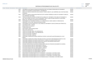 27/02/2019
290
14:58:27
CARTERA DE PROCEDIMIENTOS DE SALUD (CPT)
ESSALUD Fecha:
Hora:
Página:
Código Descripción UnidadGrupo Sección Sub Sección Nivel Grd. Cmp. Cir.
77425 SESIONTRATAMIENTO CON TERAPIA DE RADIACION INTRAOPERATORIA, ELECTRONES. SESION UNICA DE TRATAMIENTO
77427 SESIONMANEJO DE TRATAMIENTO DE RADIOTERAPIA, 5 TRATAMIENTOS
77431 SESIONMANEJO DE TERAPIA DE RADIACION CON UN CURSO DE TERAPIA COMPLETO, QUE COMPRENDE UNA O DOS FRACCIONES
SOLAMENTE
77432 SESIONMANEJO DE TERAPIA DE RADIACION ESTEREOTACTICA DE LESIONES CEREBRALES (CURSO DE TRATAMIENTO COMPLETO
QUE COMPRENDE UNA SESION)
77435 SESIONTERAPIA DE RADIACION CORPORAL ESTEREOTACTICA, MANEJO DEL TRATAMIENTO, POR CURSO DE TRATAMIENTO, A
UNA O MAS LESIONES, INCLUIDA LA GUIA CON IMAGENES, TODO EL CURSO NO DEBE EXCEDER DE 5 FRACCIONES
77469 SESIONMANEJO DEL TRATAMIENTO DE RADIACION INTRAOPERATORIA
77470 SESIONPROCEDIMIENTO DE TRATAMIENTO ESPECIAL (P. EJ. IRRADIACION DEL CUERPO COMPLETO, IRRADIACION DEL
HEMICUERPO, POR VIA ORAL, IRRADIACION ENDOCAVITARIA)
77499 SESIONPROCEDIMIENTO QUE NO APARECE EN LA LISTA, MANEJO DE TRATAMIENTO CLINICO DE RADIOLOGIA TERAPEUTICA
77500 SESIONACELERADOR LINEAL (1 SESION)
77501 SESIONBRAQUITERAPIA DE CONTACTO
77503 SESIONPLANIFICACION FISICA
77504 SESIONRADIOTERAPIA: RADIUN INTRACAVITARIO
77505 SESIONSIMULACION VERIFICACION
77520 SESIONTERAPIA DE PROTONES, SIMPLE, SIN COMPENSACION
77522 SESIONTERAPIA DE PROTONES, SIMPLE, CON COMPENSACION
77523 SESIONTERAPIA DE PROTONES, INTERMEDIA
77525 SESIONTERAPIA DE PROTONES, COMPLEJA
77600 SESIONHIPERTERMIA, GENERACION EXTERNA; SUPERFICIAL (ES DECIR, CALOR HASTA UNA PROFUNDIDAD DE 4.0 CM O
MENOS)
77605 SESIONHIPERTERMIA, GENERACION EXTERNA; PROFUNDA (ES DECIR, CALOR HASTA PROFUNDIDADES DE MAS DE 4.0 CM)
77610 SESIONHIPERTERMIA GENERADA POR SONDAS INTERSTICIALES; 5 O MENOS APLICADORES INTERSTICIALES
77615 SESIONHIPERTERMIA GENERADA POR SONDAS INTERSTICIALES; MAS DE 5 APLICADORES INTERSTICIALES
77620 SESIONHIPERTERMIA GENERADA POR SONDAS INTRACAVITARIAS
77750 SESIONINFUSION O INSTILACION DE SOLUCION DEL RADIOELEMENTO (INCLUYE ATENCION DE SEGUIMIENTO DE 3 MESES)
77761 SESIONAPLICACION INTRACAVITARIA DEL RADIOELEMENTO; SENCILLA
77762 SESIONAPLICACION INTRACAVITARIA DEL RADIOELEMENTO; INTERMEDIA
77763 SESIONAPLICACION INTRACAVITARIA DEL RADIOELEMENTO; COMPLEJA
77776 SESIONAPLICACION INTERSTICIAL DEL RADIOELEMENTO; SENCILLA
77777 SESIONAPLICACION INTERSTICIAL DEL RADIOELEMENTO; INTERMEDIA
77778 SESIONAPLICACION INTERSTICIAL DEL RADIOELEMENTO; COMPLEJA
77781 SESIONBRAQUITERAPIA POSTERIOR REMOTA DE ALTA INTENSIDAD; 1-4 POSICIONES O CATETERES FUENTE
77782 SESIONBRAQUITERAPIA POSTERIOR REMOTA DE ALTA INTENSIDAD; 5-8 POSICIONES O CATETERES FUENTE
77783 SESIONBRAQUITERAPIA POSTERIOR REMOTA DE ALTA INTENSIDAD; 9-12 POSICIONES O CATETERES FUENTE
77784 SESIONBRAQUITERAPIA POSTERIOR REMOTA DE ALTA INTENSIDAD; MAS DE 12 POSICIONES O CATETERES FUENTE
14:58:2909956952ORptCarProcSld
 