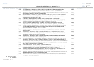 27/02/2019
34
14:58:27
CARTERA DE PROCEDIMIENTOS DE SALUD (CPT)
ESSALUD Fecha:
Hora:
Página:
Código Descripción UnidadGrupo Sección Sub Sección Nivel Grd. Cmp. Cir.
77305 EXAMENTELETERAPIA, PLAN DE ISODOSIS (CALCULADO A MANO O CON COMPUTADOR); SENCILLA (UNA APERTURA O
DOSAPERTURAS PARALELAS OPUESTAS SIN MODIFICACION DIRIGIDAS A UNA SOLA ZONA DE INTERES)
77310 EXAMENTELETERAPIA, PLAN DE ISODOSIS (CALCULADO A MANO O CON COMPUTADOR); INTERMEDIA (TRES O MAS APERTURAS
DE TRATAMIENTO DIRIGIDAS A UNA SOLA ZONA DE INTERES)
77315 EXAMENTELETERAPIA, PLAN DE ISODOSIS (CALCULADO A MANO O CON COMPUTADOR); COMPLEJA (MANTO O Y INVERTIDA,
APERTURAS TANGENCIALES, USO DE CUÑAS, COMPENSADORES, BLOQUEO COMPLEJO, HAZ ROTACIONAL, O
CONSIDERACIONES ESPECIALES PARA EL HAZ)
77321 EXAMENPLAN ESPECIAL DE APERTURAS DE TELETERAPIA, PARTICULAS, HEMICUERPO, CUERPO ENTERO
77326 EXAMENCALCULO DE ISODOSIS DE BRAQUITERAPIA; SENCILLO (CALCULO A PARTIR DE UN SOLO PLANO, UNA A CUATRO
FUENTES/APLICACION EN CINTA, BRAQUITERAPIA REMOTA POSTERIOR, 1 A 8 FUENTES)
77327 EXAMENCALCULO DE ISODOSIS DE BRAQUITERAPIA; INTERMEDIA (CALCULOS DE DOSIS EN PLANOS MULTIPLES,
APLICACIONES CON CINCO A DIEZ FUENTES/CINTAS, BRAQUITERAPIA REMOTA POSTERIOR, 9 A 12 FUENTES)
77328 EXAMENCALCULO DE ISODOSIS DE BRAQUITERAPIA; COMPLEJA (PLAN DE ISODOSIS EN PLANOS MULTIPLES, CALCULOS DE
VOLUMEN DE IMPLANTE, MAS DE DIEZ FUENTES/CINTAS UTILIZADAS, RECONSTRUCCION ESPACIAL ESPECIAL,
BRAQUITERAPIA REMOTA POSTERIOR, MAS DE 12 FUENTES)
77331 EXAMENDOSIMETRIA ESPECIAL (P. EJ. TLD, MICRODOSIMETRIA) (ESPECIFIQUE), SOLAMENTE CUANDO LA PRESCRIBA EL
MEDICO TRATANTE
77332 EXAMENDISPOSITIVOS DE TRATAMIENTO, DISEÑO Y CONSTRUCCION; SENCILLOS (BLOQUE SENCILLO, BOLO SIMPLE)
77333 EXAMENDISPOSITIVOS DE TRATAMIENTO, DISEÑO Y CONSTRUCCION; INTERMEDIOS (BLOQUES MULTIPLES, CATETERES
DILATADORES, BLOQUES DENTALES, BOLOS ESPECIALES)
77334 EXAMENDISPOSITIVOS DE TRATAMIENTO, DISEÑO Y CONSTRUCCION; COMPLEJOS (BLOQUES IRREGULARES, BLINDAJES
ESPECIALES, COMPENSADORES, CUÑAS, MOLDES O FORMAS)
77336 EXAMENCONTINUACION DE CONSULTA PROFESIONAL DE FISICA MEDICA, INCLUYENDO LA TAMIZAJE DE PARAMETROS DE
TRATAMIENTO, GARANTIA DE CALIDAD DE SUMINISTRO DE DOSIS, Y REVISION DE LA DOCUMENTACION SOBRE EL
TRATAMIENTO M PACIENTE, PARA APOYO DEL ONCOLOGO RADIOTERAPEUTA, REPORTADO POR SEMANA DE TERAPIA
77338 EXAMENDISPOSITIVO DE COLIMACION DE CAPAS MULTIPLES (MLC) PARA TERAPIA DE RADIACION DE INTENSIDAD MODULADA
/IMRT), DISEÑO Y CONSTRUCCION POR PLAN DE IMRT
77370 EXAMENCONSULTA PROFESIONAL DE FISICA ESPECIAL DE MEDICINA DE RADIACION
77371 EXAMENTERAPIA DE RADIACION, RADIOCIRUGIA ESTEREOTAXICA (SRS), UN CICLO COMPLETO DE TRATAMIENTO DE LA
LESION(ES) CRANEAL(ES) QUE CONSTA DE 1 SESION; BASADA EN MULTI-FUENTE DE COBALTO 60
77372 EXAMENTERAPIA DE RADIACION, RADIOCIRUGIA ESTEREOTAXICA (SRS), UN CICLO COMPLETO DE TRATAMIENTO DE LA
LESION(ES) CRANEAL(ES) QUE CONSTA DE 1 SESION; BASADA EN ACELERADOR LINEAL
77373 EXAMENTERAPIA DE RADIACION ESTEREOTACTICA CORPORAL, POR FRACCION A 1 O MAS LESIONES, INCLUYENDO GUIA POR
IMAGENES, CURSO COMPLETO QUE NO EXCEDE 5 FRACCIONES
77399 EXAMENPROCEDIMIENTO QUE NO APARECE EN LA LISTA, FISICA DE RADIACION MEDICA, DISPOSITIVOS DE DOSIMETRIA Y
TRATAMIENTO, Y SERVICIOS ESPECIALES
02 PATOLOGIA CLINICA
01 BIOQUIMICA
14:58:2809956952ORptCarProcSld
 