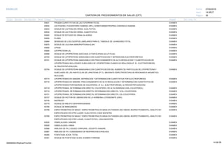 27/02/2019
39
14:58:27
CARTERA DE PROCEDIMIENTOS DE SALUD (CPT)
ESSALUD Fecha:
Hora:
Página:
Código Descripción UnidadGrupo Sección Sub Sección Nivel Grd. Cmp. Cir.
83631 EXAMENPRUEBA CUANTITATIVA DE LACTOFERRINA FECAL
83632 EXAMENLACTOGENO, PLACENTARIO HUMANO (HPL), SOMATOMAMOTROPINA CORIONICA HUMANA
83633 EXAMENDOSAJE DE LACTOSA EN ORINA; CUALITATIVA
83634 EXAMENDOSAJE DE LACTOSA EN ORINA; CUANTITATIVA
83650 EXAMENDOSAJE DE ESTUDIO DE ORINA 24 HORAS
83655 EXAMENPLOMO
83664 EXAMENDENSIDAD DE LOS CUERPOS LAMELARES PARA EL TAMIZAJE DE LA MADUREZ FETAL
83670 EXAMENDOSAJE DE LEUCINA AMINOPEPTIDASA (LAP)
83690 EXAMENLIPASA
83695 EXAMENLIPOPROTEINA (A)
83698 EXAMENDOSAJE DE LIPOPROTEINA ASOCIADA A FOSFOLIPASA A2 (LP-PLA2)
83700 EXAMENDOSAJE DE LIPOPROTEINA SANGUINEA CON CUANTIFICACION Y SEPARACION ELECTROFORETICA
83701 EXAMENDOSAJE DE LIPOPROTEINA SANGUINEA CON FRACCIONAMIENTO DE ALTA RESOLUCION Y CUANTIFICACION DE
LIPOPROTEINAS INCLUYENDO SUBCLASES DE LIPOPROTEINA CUANDO ES REALIZADA (P. EJ. ELECTROFORESIS,
ULTRACENTRIFUGACION)
83704 EXAMENDOSAJE DE LIPOPROTEINA SANGUINEA CON CUANTIFICACION DEL NUMERO DE PARTICULAS DE LIPOPROTEINA Y
SUBCLASES DE LAS PARTICULAS DE LIPROTEINA (P. EJ. MEDIANTE ESPECTROSCOPIA DE RESONANCIA MAGNETICA
NUCLEAR)
83715 EXAMENLIPOPROTEINAS EN SANGRE; SEPARACION Y DETERMINACION CUANTITATIVA POR ELECTROFORESIS
83716 EXAMENLIPOPROTEINAS EN SANGRE; FRACCIONAMIENTO DE ALTA RESOLUCION Y DETERMINACION CUANTITATIVA DE
LIPOPROTEINAS PORTADORAS DE COLESTEROL (P. EJ., ELECTROFORESIS, ULTRACENTRIFUGACION)
83718 EXAMENLIPOPROTEINAS, DETERMINACION DIRECTA; COLESTEROL DE ALTA DENSIDAD (HDL-COLESTEROL)
83719 EXAMENLIPOPROTEINAS, DETERMINACION DIRECTA; DETERMINACION DIRECTA, VLDL-COLESTEROL
83721 EXAMENLIPOPROTEINAS, DETERMINACION DIRECTA; DETERMINACION DIRECTA, LDL-COLESTEROL
83727 EXAMENDOSAJE DE FACTOR DE LIBERACION DE LA HORMONA LUTEINIZANTE (CRH)
83735 EXAMENMAGNESIO
83775 EXAMENDOSAJE DE MALATO DESHIDROGENASA
83785 EXAMENDOSAJE DE MANGANESO
83788 EXAMENESPECTROMETRIA DE MASA Y ESPECTROMETRIA DE MASA EN TANDEM (EM, EM/EM, RESPECTIVAMENTE), ANALITO NO
ESPECIFICADO EN OTRO LUGAR; CUALITATIVO, CADA MUESTRA
83789 EXAMENESPECTROMETRIA DE MASA Y ESPECTROMETRIA DE MASA EN TANDEM (EM, EM/EM, RESPECTIVAMENTE), ANALITO NO
ESPECIFICADO EN OTRO LUGAR; CUANTITATIVO, CADA MUESTRA
83930 EXAMENOSMOLALIDAD; SANGRE
83935 EXAMENOSMOLALIDAD; ORINA
83986 EXAMENANALISIS DE PH, LIQUIDO CORPORAL, EXCEPTO SANGRE
83987 EXAMENANALISIS DE PH, CONDENSADO DE RESPIRACION EXHALADA
84060 EXAMENFOSFATASA ACIDA; TOTAL
84061 EXAMENDOSAJE DE FOSFATASA ACIDA; EXAMEN FORENSE
14:58:2809956952ORptCarProcSld
 