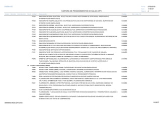 27/02/2019
4
14:58:27
CARTERA DE PROCEDIMIENTOS DE SALUD (CPT)
ESSALUD Fecha:
Hora:
Página:
Código Descripción UnidadGrupo Sección Sub Sección Nivel Grd. Cmp. Cir.
75724 EXAMENANGIOGRAFIA RENAL BILATERAL, SELECTIVA (INCLUYENDO AORTOGRAMA DE PERFUSION), SUPERVISION E
INTERPRETACION RADIOLOGICA
75726 EXAMENANGIOGRAFIA VISCERAL SELECTIVA O SUPRASELECTIVA (CON O SIN AORTOGRAMA DE VACIADO), SUPERVISION E
INTERPRETACION RADIOLOGICA
75731 EXAMENANGIOGRAFIA ADRENAL UNILATERAL, SELECTIVA, SUPERVISION E INTERPRETACION.
75733 EXAMENANGIOGRAFIA ADRENAL BILATERAL, SELECTIVA, SUPERVISION E INTERPRETACION RADIOLOGICAS .
75736 EXAMENANGIOGRAFIA PELVICA SELECTIVA O SUPRASELECTIVA, SUPERVISION E INTERPRETACION RADIOLOGICA
75741 EXAMENANGIOGRAFIA PULMONAR UNILATERAL SELECTIVA, SUPERVISION E INTERPRETACION RADIOLOGICA
75743 EXAMENANGIOGRAFIA PULMONAR BILATERAL SELECTIVA, SUPERVISION E INTERPRETACION RADIOLOGICA
75746 EXAMENANGIOGRAFIA PULMONAR MEDIANTE CATETER NO SELECTIVO O INYECCION VENOSA, SUPERVISION E INTERPRETACION
RADIOLOGICA
75755 EXAMENCINECORONARIOGRAFIA
75756 EXAMENANGIOGRAFIA MAMARIA INTERNA, SUPERVISION E INTERPRETACION RADIOLOGICA
75774 EXAMENANGIOGRAFIA SELECTIVA CADA VASO ADICIONAL ESTUDIADO POSTERIOR AL EXAMEN BASICO, SUPERVISION E
INTERPRETACION RADIOLOGICA (REGISTRAR SEPARADAMENTE ADEMAS DEL CODIGO DEL PROCEDIMIENTO PRIMARIO)
75790 EXAMENANGIOGRAFIA DE DERIVACION ARTERIOVENOSA
75791 EXAMENANGIOGRAFIA DE CORTOCIRCUITO ARTERIOVENOSO (P.EJ. FISTULA/INJERTO DE PACIENTE DE DIALISIS)
EVALUACION COMPLETA DE ACCESO DE DIALISIS INCLUYENDO FLUOROSCOPIA, DOCUMENTACION DE LA IMAGEN Y
REPORTE (INCLUYE INYECCIONES DE CONTRASTE Y TODAS LAS IMAGENES)
75989 EXAMENORIENTACION RADIOLOGICA (FLUOROSCOPIA, ULTRASONIDO O TOMOGRAFIA COMPUTARIZADA) PARA DRENAJE
PERCUTANEO (P.EJ. ABCESO, OBTENCIÓN DE MUESTRA) CON COLOCACION DE CATETER, SUPERVISION E
INTERPRETACION RADIOLOGICA
03 ATERECTOMIA TRANSLUMINAL
75994 EXAMENATERECTOMIA TRANSLUMINAL RENAL, SUPERVISION E INTERPRETACION RADIOLOGICAS
75995 EXAMENATERECTOMIA TRANSLUMINAL VISCERAL, SUPERVISION E INTERPRETACION RADIOLOGICAS
75996 EXAMENATERECTOMIA TRANSLUMINAL, CADA ARTERIA VISCERAL ADICIONAL, SUPERVISION E INTERPRETACION RADIOLOGICAS
(ANOTAR SEPARADAMENTE ADEMAS DEL CODIGO PARA EL PROCEDIMIENTO PRIMARIO)
75998 EXAMENGUIA FLUOROSCOPICA PARA (RE)COLOCACION O REMOCION DE ACCESO VENOSO CENTRAL
76000 EXAMENFLUOROSCOPIA (PROCEDIMIENTO SEPARADO), HASTA UNA HORA DE TIEMPO MEDICO O DE OTRO PROFESIONAL
CALIFICADO, DIFERENTE DE 71023 O 71034 (EJEMPLO: FLUOROSCOPIA CARDIACA)
76001 EXAMENFLUOROSCOPIA, MEDICO U OTRO PROFESIONAL CALIFICADO, POR MAS DE UNA HORA, ASISTIENDO A MEDICO NO
RADIOLOGO U OTRO PROFESIONAL CALIFICADO (EJEMPLO: NEFROLITOTOMIA, ERCP, BRONCOSCOPIA, BIOPSIA
TRANSBRONQUIAL)
76003 EXAMENGUIA FLUOROSCOPICA PARA LA COLOCACION DE AGUJA
76005 EXAMENFLUOROSCOPIA Y LOCALIZACION DE AGUJA O CATETER PARA INYECCION DIAGNOSTICA Y TERAPEUTICA EN COLUMNA O
PARAVERTEBRAL
76006 EXAMENEXAMEN RADIOLOGICO, VISTA(S) DURANTE EL ESFUERZO, CUALQUIER ARTICULACION, ESFUERZO APLICADO POR
ELMEDICO (INCLUYE VISTAS DE COMPARACION)
14:58:2709956952ORptCarProcSld
 