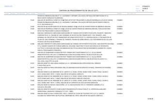 27/02/2019
45
14:58:27
CARTERA DE PROCEDIMIENTOS DE SALUD (CPT)
ESSALUD Fecha:
Hora:
Página:
Código Descripción UnidadGrupo Sección Sub Sección Nivel Grd. Cmp. Cir.
PESADA DE INMUNOGLOBULINA) (P. EJ. LEUCEMIAS Y LINFOMAS, CELULAS B); METODOLOGIA AMPLIFICADA (P. EJ.
REACCION EN CADENA DE POLIMERASA)
81262 EXAMENANALISIS DE REARREGLO GENETICO IGH@ PARA DETECTAR POBLACIONES CLONALES ANORMALES (LOCUS DE CADENA
PESADA DE INMUNOGLOBULINA) (P. EJ. LEUCEMIAS Y LINFOMAS, CELULAS B); METODOLOGIA DE ENSAYO DIRECTO
(P. EJ. SOUTHERN BLOT)
81263 EXAMENANALISIS DE MUTACION SOMATICA DE REGION VARIABLE IGH@ (LOCUS DE CADENA PESADA DE INMUNOGLOBULINA)
81264 EXAMENANALISIS DE REARREGLO GENETICO IGK@ (LOCUS DE CADENA PESADA DE INMUNOGLOBULINA), EVALUACION PARA
DETECTAR POBLACIONES CLONALES ANORMALES
81265 EXAMENANALISIS COMPARATIVO EMPLEANDO MARCADORES DE TANDEM CORTOS REPETITIVOS (STR), PACIENTE Y MUESTRA
COMPARATIVA (P. EJ. PRUEBA DE LINEA GERMINAL DE RECEPTOR PRE-TRANSPLANTE Y DEL DONANTE, LINEA
GERMINAL DEL RECEPTOR POST-TRANSPLANTE NO HEMATOPOYETICO [P. EJ. HISOPADO BUCAL U OTRA MUESTRA DE
TEJIDO DE LINEA GERMINAL] Y PRUEBA DEL DONANTE, PRUEBA DE GEMELARIDAD, O DE CONTAMINACION DE CELULAS
FETALES CON CELULAS MATERNAS)
81266 EXAMENANALISIS COMPARATIVO EMPLEANDO MARCADORES DE TANDEM CORTOS REPETITIVOS (STR), CADA MUESTRA ADICIONAL
(P. EJ. SANGRE DONANTE DE CORDON UMBILICAL ADICIONAL, MUESTRAS FETALES ADICIONALES DE DIFERENTES
CULTIVOS O CIGOCIDAD ADICIONAL EN EMBARAZOS MULTIPLES) (REGISTRAR SEPARADAMENTE ADEMAS DEL CODIGO
PARA EL PROCEDIMIENTO PRINCIPAL)
81267 EXAMENANALISIS DE QUIMERISMO EN MUESTRA POST TRANSPLANTE (INJERTAMIENTO) (P. EJ. CELULA MADRE
HEMATOPOYETICA), INCLUYE LA COMPARACION A ANALISIS DE BASE PREVIO; SIN SELECCION CELULAR
81268 EXAMENANALISIS DE QUIMERISMO EN MUESTRA POST TRANSPLANTE (INJERTAMIENTO) (P. EJ. CELULA MADRE
HEMATOPOYETICA), INCLUYE LA COMPARACION A ANALISIS DE BASE PREVIO; CON SELECCION CELULAR (P. EJ.
CD3, CD33), CADA TIPO CELULAR
81270 EXAMENANALISIS GENETICO JAK2 (JANUS QUINASA 2) (P. EJ. ENFERMEDAD MIELOPROLIFERATIVA), VARIANTE
P.VAL617PHE (V617F)
81275 EXAMENANALISIS GENETICO KRAS (ONCOGENE VIRAL DE SARCOMA EN RATAS KIRSTEN V-KI-RAS2), VARIANTES EN CODONES
12 Y 13
81280 EXAMENANALISIS GENETICO DE SINDROME DE QT LARGO (P. EJ. KCNQ1, KCNH2, SCN5A, KCNE1, KCNE2, KCNJ2, CACNA1C,
CAV3, SCN4B, AKAP, SNTA1, Y ANK2); ANALISIS DE SECUENCIA COMPLETA
81281 EXAMENANALISIS GENETICO DE SINDROME DE QT LARGO (P. EJ. KCNQ1, KCNH2, SCN5A, KCNE1, KCNE2, KCNJ2, CACNA1C,
CAV3, SCN4B, AKAP, SNTA1, Y ANK2); ANALISIS DE SECUENCIA FAMILIAR CONOCIDA
81282 EXAMENANALISIS GENETICO DE SINDROME DE QT LARGO (P. EJ. KCNQ1, KCNH2, SCN5A, KCNE1, KCNE2, KCNJ2, CACNA1C,
CAV3, SCN4B, AKAP, SNTA1, Y ANK2); ANALISIS DE DE VARIANTES DE DUPLICACION/ELIMINACION
81290 EXAMENANALISIS GENETICO MCOLN1 (MUCOLIPINA 1) (P. EJ. MUCOLIPIDOSIS TIPO IV), VARIANTES COMUNES (P. EJ.
IVS3-2A>G, DEL6.4KB)
81291 EXAMENANALISIS GENETICO MTHFR (5,10-METILENETETRAHIDROFOLATO REDUCTASA) (P. EJ. HIPERCOAGULABILIDAD
HEREDITARIA), VARIANTES COMUNES (P. EJ. 677T, 1298C)
81292 EXAMENANALISIS GENETICO MLH1 (HOMOLOGO 1 MUTL, CANCER DE COLON, NO POLIPOSIS TIPO 2) (P. EJ. CANCER
COLORECTAL HEREDITARIO SIN POLIPOSIS, SINDROME DE LYNCH); ANALISIS DE SECUENCIA COMPLETA
14:58:2809956952ORptCarProcSld
 