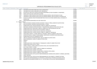 27/02/2019
5
14:58:27
CARTERA DE PROCEDIMIENTOS DE SALUD (CPT)
ESSALUD Fecha:
Hora:
Página:
Código Descripción UnidadGrupo Sección Sub Sección Nivel Grd. Cmp. Cir.
76012 EXAMENVERTEBROPLASTIA PERCUTANEA BAJO GUIA FLUOROSCOPICA
76013 EXAMENVERTEBROPLASTIA PERCUTANEA BAJO GUIA TOMOGRAFICA
76040 EXAMENESTUDIOS DE LONGITUD DE HUESOS (ORTOROENTGENOGRAMA, ESTUDIO DE BARRIDO " SCANOGRAM")
76066 EXAMENSURVEY ARTICULAR DOS O MAS ARTICULACIONES
76070 EXAMENTOMOGRAFIA COMPUTARIZADA PARA ESTUDIO DE DENSIDAD MINERAL OSEA EN ESQUELETO AXIAL
76071 EXAMENTOMOGRAFIA COMPUTARIZADA PARA ESTUDIO DE DENSIDAD MINERAL OSEA EN ESQUELETO APENDICULAR
76076 EXAMENESTUDIO DE DENSIDAD OSEA POR ABSORCIOMETRIA DE RAYOS X DE DOBLE ENERGIA (DEXA), DE ESQUELETO
APENDICULAR
76078 EXAMENABSORCIOMETRIA RADIOGRAFICA DE UNO O MAS SITIOS
04 CABEZA Y CUELLO
70100 EXAMENMAXILAR INFERIOR: INCIDENCIA ANTERO-POSTERIOR Y OBLICUA; PARCIAL, MENOS DE CUATRO VISTAS
70101 EXAMENMAXILAR SUPERIOR, INCIDENCIA ANTEROPOSTERIOR Y LATERAL.
70110 EXAMENEXAMEN RADIOLOGICO, MAXILAR INFERIOR; COMPLETO, MINIMO DE 4 INCIDENCIAS
70120 EXAMENMASTOIDES; INCIDENCIA ANTEROPOSTERIOR Y TRANSORBITARIA, MENOS DE TRES VISTAS POR LADO
70130 EXAMENEXAMEN RADIOLOGICO, MASTOIDES; COMPLETO, MINIMO DE DE TRES INCIDENCIAS POR LADO
70134 EXAMENEXAMEN RADIOLOGICO, MEATOS AUDITIVOS INTERNOS, COMPLETO
70140 EXAMENEXAMEN RADIOLOGICO, HUESOS FACIALES; MENOS DE 3 INCIDENCIAS
70150 EXAMENEXAMEN RADIOLOGICO, HUESOS FACIALES; COMPLETO, MINIMO DE 3 INCIDENCIAS
70160 EXAMENHUESO NASAL FRONTAL Y LATERAL DERECHO E IZQUIERDO, COMPLETO, MINIMO DE TRES VISTAS
70170 EXAMENDACRIOCISTOGRAFIA, CONDUCTO NASOLAGRIMAL, SUPERVISION E INTERPRETACION RADIOLOGICAS
70190 EXAMENEXAMEN RADIOLOGICO DE FORAMENES OPTICOS
70200 EXAMENORBITAS, INCIDENCIA ANTEROPOSTERIOR, OBLICUA, MINIMO DE CUATRO VISTAS
70210 EXAMENSENOS PARANASALES, COMPLETO, MENOS DE TRES VISTAS
70218 EXAMENPEÑASCO
70219 EXAMENCAVUM
70220 EXAMENEXAMEN RADIOLOGICO, SENOS NASALES Y PARANASALES, COMPLETO, MINIMO TRES VISTAS
70240 EXAMENEXAMEN RADIOLOGICO DE SILLA TURCA
70250 EXAMENCRANEO, FRONTAL, LATERAL MENOS DE CUATRO VISTAS, CON O SIN ESTEREOTACTICO
70251 EXAMENSILLA TURCA; FRENTE Y LATERAL
70260 EXAMENEXAMEN RADIOLOGICO, CRANEO; COMPLETA, MINIMO DE 4 INCIDENCIAS
70300 EXAMENEXAMEN RADIOLOGICO, DIENTES; VISTA UNICA
70310 EXAMENEXAMEN RADIOLOGICO, DIENTES; EXAMEN PARCIAL, MENOS DE TODA LA BOCA
70320 EXAMENEXAMEN RADIOLOGICO, DIENTES; COMPLETO, TODA LA BOCA
70328 EXAMENEXAMEN RADIOLOGICO, ARTICULACION TEMPOROMANDIBULAR, INCIDENCIA BOCA ABIERTA Y CERRADA; UNILATERAL
70329 EXAMENHUESO TEMPORAL
70330 EXAMENEXAMEN RADIOLOGICO, ARTICULACION TEMPOROMANDIBULAR, BOCA ABIERTA Y CERRADA; BILATERAL
70332 EXAMENARTICULACION TEMPOROMANDIBULAR, ARTROGRAFIA, SUPERVISION E INTERPRETACION RADIOLOGICAS
70336 EXAMENIMAGENES POR RESONANCIA MAGNETICA (P. EJ., DE PROTONES), ARTICULACION TEMPOROMANDIBULAR
14:58:2709956952ORptCarProcSld
 