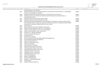 27/02/2019
56
14:58:27
CARTERA DE PROCEDIMIENTOS DE SALUD (CPT)
ESSALUD Fecha:
Hora:
Página:
Código Descripción UnidadGrupo Sección Sub Sección Nivel Grd. Cmp. Cir.
UN SOLO SEGMENTO, CADA SEGMENTO
83907 EXAMENDIAGNOSTICO MOLECULAR; LISIS DE CELULAS PREVIA A LA EXTRACCION DE ACIDO NUCLEICO (P. EJ. ESPECIMENES
DE HECES, TEJIDO EMBEBIDO EN PARAFINA)
83908 EXAMENDIAGNOSTICO MOLECULAR; AMPLIFICACION, SEÑAL, CADA SECUENCIA DE ACIDO NUCLEICO
83909 EXAMENDIAGNOSTICO MOLECULAR, SEPARACION E IDENTIFICACION POR TECNICA DE ALTA RESOLUCION (P. EJ.
ELECTROFORESIS CAPILAR)
83912 EXAMENDIAGNOSTICO MOLECULAR; INTERPRETACION E INFORME
83913 EXAMENDIAGNOSTICO MOLECULAR CON ESTABILIZACION DE ARN
83914 EXAMENIDENTIFICACION DE MUTACIONES MEDIANTE LIGACION ENZIMATICA O EXTENSION DEL PRIMER, SEGMENTO UNICO,
CADA SEGMENTO (EJEMPLO: ENSAYO DE LIGACION DE OLIGONUCLEOTIDOS (OLA), EXTENSION EN CADENA DE BASE
UNICA (SBCE), EXTENSION DEL PRIMER ESPECIFICA DE ALELO (ASPE))
83915 EXAMENNUCLEOTIDASA, 5"
83916 EXAMENINMUNOGLOBULINA OLIGOCLONAL (BANDAS OLIGOCLONALES)
83918 EXAMENDOSAJE DE ACIDOS ORGANICOS; CUANTITATIVO, CADA MUESTRA
83919 EXAMENDOSAJE DE ACIDOS ORGANICOS; CUALITATIVO, CADA MUESTRA
83921 EXAMENDOSAJE DE ACIDO ORGANICO, UNICO, CUANTITATIVO
83925 EXAMENOPIACEOS (P. EJ., MORFINA, MEPERIDINA)
83937 EXAMENOSTEOCALCINA (PROTEINA OSEA GLA)
83945 EXAMENDOSAJE DE OXALATO
83950 EXAMENONCOPROTEINA, HER-2/NEU
83951 EXAMENESTUDIO DE ONCOPROTEINA, DES-GAMMA-CARBOXI-PROTROMBINA (DCP)
83970 EXAMENPARATOHORMONA (HORMONA PARATIROIDEA)
83992 EXAMENDOSAJE DE FENCICLIDINA (PCP)
83993 EXAMENDOSAJE DE CALPROTECTINA, FECAL
84022 EXAMENDOSAJE DE FENOTIAZINA
84030 EXAMENFENILALANINA (PKU), EN SANGRE
84035 EXAMENDOSAJE DE FENILCETONAS, CUALITATIVAS
84106 EXAMENPORFOBILINOGENO EN ORINA; CUALITATIVO
84110 EXAMENPORFOBILINOGENO EN ORINA; CUANTITATIVO
84119 EXAMENPORFIRINAS EN ORINA; CUALITATIVAS
84126 EXAMENPORFIRINAS FECALES; CUANTITATIVAS
84127 EXAMENPORFIRINAS FECALES; CUALITATIVAS
84135 EXAMENDOSAJE DE PREGNANEDIOL
84138 EXAMENDOSAJE DE PREGNANETRIOL
84140 EXAMENDOSAJE DE PREGNENOLONA
84143 EXAMENDOSAJE DE 17-HIDROXIPREGNENOLONA
84144 EXAMENPROGESTERONA
84145 EXAMENDOSAJE DE PROCALCITONINA (PCT)
14:58:2809956952ORptCarProcSld
 