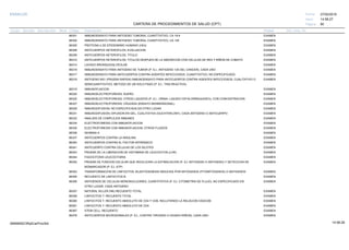 27/02/2019
60
14:58:27
CARTERA DE PROCEDIMIENTOS DE SALUD (CPT)
ESSALUD Fecha:
Hora:
Página:
Código Descripción UnidadGrupo Sección Sub Sección Nivel Grd. Cmp. Cir.
86301 EXAMENINMUNOENSAYO PARA ANTIGENO TUMORAL CUANTITATIVO, CA 19-9
86304 EXAMENINMUNOENSAYO PARA ANTIGENO TUMORAL CUANTITATIVO, CA 125
86305 EXAMENPROTEINA 4 DE EPIDIDIMIMO HUMANO (HE4)
86308 EXAMENANTICUERPOS HETEROFILOS; EVALUACION
86309 EXAMENANTICUERPOS HETEROFILOS; TITULO
86310 EXAMENANTICUERPOS HETEROFILOS; TITULOS DESPUES DE LA ABSORCION CON CELULAS DE RES Y RIÑON DE COBAYO
86314 EXAMENLAVADO BRONQUIOALVEOLAR
86316 EXAMENINMUNOENSAYO PARA ANTIGENO DE TUMOR (P. EJ., ANTIGENO 125 DEL CANCER), CADA UNO
86317 EXAMENINMUNOENSAYO PARA ANTICUERPOS CONTRA AGENTES INFECCIOSOS, CUANTITATIVO, NO ESPECIFICADO.
86318 EXAMENANTIGENO NS1 (PRUEBA RAPIDA) INMUNOENSAYO PARA ANTICUERPOS CONTRA AGENTES INFECCIOSOS, CUALITATIVO O
SEMICUANTITATIVO, METODO DE UN SOLO PASO (P. EJ., TIRA REACTIVA)
86319 EXAMENINMUNOFIJACION
86320 EXAMENINMUNOELECTROFORESIS; SUERO
86325 EXAMENINMUNOELECTROFORESIS; OTROS LIQUIDOS (P. EJ., ORINA, LIQUIDO CEFALORRAQUIDEO), CON CONCENTRACION.
86327 EXAMENINMUNOELECTROFORESIS; CRUZADA (ENSAYO BIDIMENSIONAL)
86329 EXAMENINMUNODIFUSION; NO ESPECIFICADA EN OTRO LUGAR
86331 EXAMENINMUNODIFUSION; DIFUSION EN GEL, CUALITATIVA (OUCHTERLONY), CADA ANTIGENO O ANTICUERPO
86332 EXAMENANALISIS DE COMPLEJOS INMUNES
86334 EXAMENELECTROFORESIS CON INMUNOFIJACION
86335 EXAMENELECTROFORESIS CON INMUNOFIJACION, OTROS FLUIDOS
86336 EXAMENINHIBINA A
86337 EXAMENANTICUERPOS CONTRA LA INSULINA
86340 EXAMENANTICUERPOS CONTRA EL FACTOR INTRINSECO
86341 EXAMENANTICUERPO CONTRA CELULAS DE LOS ISLOTES
86343 EXAMENPRUEBA DE LA LIBERACION DE HISTAMINA DE LEUCOCITOS (LHR)
86344 EXAMENFAGOCITOSIS LEUCOCITARIA
86352 EXAMENPRUEBA DE FUNCION CELULAR QUE INVOLUCRA LA ESTIMULACION (P. EJ. MITOGENO O ANTIGENO) Y DETECCION DE
BIOMARCADOR (P. EJ. ATP)
86353 EXAMENTRANSFORMACION DE LINFOCITOS, BLASTOGENESIS INDUCIDA POR MITOGENOS (FITOMITOGENOS) O ANTIGENOS
86355 EXAMENRECUENTO DE LINFOCITOS B
86356 EXAMENANTIGENOS DE CELULAS MONONUCLEARES, CUANTITATIVA (P. EJ. CITOMETRIA DE FLUJO), NO ESPECIFICADO EN
OTRO LUGAR, CADA ANTIGENO
86357 EXAMENNATURAL KILLER (NK) RECUENTO TOTAL
86359 EXAMENLINFOCITOS T; RECUENTO TOTAL
86360 EXAMENLINFOCITOS T; RECUENTO ABSOLUTO DE CD4 Y CD8, INCLUYENDO LA RELACION CD4/CDB
86361 EXAMENLINFOCITOS T; RECUENTO ABSOLUTO DE CD4
86367 EXAMENSTEM CELL, RECUENTO
86376 EXAMENANTICUERPOS MICROSOMALES (P. EJ., CONTRA TIROIDES O HIGADO-RIÑON), CADA UNO
14:58:2809956952ORptCarProcSld
 
