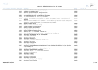 27/02/2019
61
14:58:27
CARTERA DE PROCEDIMIENTOS DE SALUD (CPT)
ESSALUD Fecha:
Hora:
Página:
Código Descripción UnidadGrupo Sección Sub Sección Nivel Grd. Cmp. Cir.
86378 EXAMENPRUEBA DE FACTOR DE INHIBICION DE LA MIGRACION (MIF)
86382 EXAMENPRUEBA DE NEUTRALIZACION VIRICA
86384 EXAMENPRUEBA DE TINCION CON NITROAZUL DE TETRAZOLIO (NTD)
86386 EXAMENPROTEINA 22 DE MATRIZ NUCLEAR (NMP22), CUALITATIVA
86403 EXAMENAGLUTINACION DE PARTICULAS; EVALUACION, CADA ANTICUERPO
86406 EXAMENAGLUTINACION DE PARTICULAS; TITULO, CADA ANTICUERPO
86480 EXAMENPRUEBA DE TUBERCULOSIS, INMUNIDAD MEDIADA POR CELULAS, MEDICION DE INTERFERON GAMMA, RESPUESTA AL
ANTIGENO.
86481 EXAMENPRUEBA DE TUBERCULOSIS, MEDICION DE RESPUESTA A ANTIGENO MEDIADO POR INMUNIDAD CELULAR; ENUMERACION
DE CELULAS T PRODUCTORAS DE GAMMA INTERFERON EN SUSPENSION CELULAR
86485 EXAMENPRUEBAS CUTANEAS; CANDIDA
86486 EXAMENPRUEBAS CUTANEAS, ANTIGENO NO LISTADO
86490 EXAMENPRUEBAS CUTANEAS; COCCIDIOIDOMICOSIS
86510 EXAMENPRUEBAS CUTANEAS; HISTOPLASMOSIS
86588 EXAMENSTREPTOCOCCUS, EVALUACION DIRECTA
86590 EXAMENESTREPTOCINASA, ANTICUERPOS CONTRA
86592 EXAMENPRUEBA DE SIFILIS; CUALITATIVA (P. EJ., VDRL, RPR, ART)
86593 EXAMENMICRO HEMAGLUTINACION DE ANTICUERPOS MHTP; PRUEBA CONFIRMATORIA DE SIFILIS
86594 EXAMENANTICUERPOS ANTITIROIDEOS - ANTI TPO - TIROGLOBULINA
86602 EXAMENANTICUERPOS; ACTINORNYCES
86603 EXAMENANTICUERPOS; ADENOVIRUS
86606 EXAMENANTICUERPOS; ASPERGILLUS
86609 EXAMENANTICUERPOS; BACTERIA, NO ESPECIFICADA EN OTRO LUGAR
86611 EXAMENANTICUERPOS, BARTONELLA
86612 EXAMENANTICUERPOS; BLASTOMYCES
86615 EXAMENANTICUERPOS; BORDETELLA
86617 EXAMENANTICUERPOS; BORRELIA BURGDORFERI (ENFERMEDAD DE LYME), PRUEBA DE CONFIRMACION (P. EJ. POR "WESTERN
BLOT" O "INMUNOBLOT")
86618 EXAMENANTICUERPOS; BORRELIA BURGDORFERI (ENFERMEDAD DE LYME)
86619 EXAMENANTICUERPOS; BORRELIA (FIEBRE REINCIDENTE)
86622 EXAMENANTICUERPOS; BRUCELLA, CUALITATIVO O SEMICUANTITATIVO
86625 EXAMENANTICUERPOS; CAMPILOBACTER
86628 EXAMENANTICUERPOS; CANDIDA
86631 EXAMENANTICUERPOS; CLAMIDIA
86632 EXAMENANTICUERPOS; CLAMIDIA, IGM
86635 EXAMENANTICUERPOS; COCCIDIOIDES
86638 EXAMENANTICUERPOS; COXIELLA BRUNETII (FIEBRE 0)
86641 EXAMENANTICUERPOS; CRYPTOCOCCUS
14:58:2809956952ORptCarProcSld
 