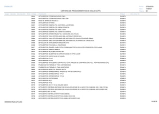 27/02/2019
62
14:58:27
CARTERA DE PROCEDIMIENTOS DE SALUD (CPT)
ESSALUD Fecha:
Hora:
Página:
Código Descripción UnidadGrupo Sección Sub Sección Nivel Grd. Cmp. Cir.
86644 EXAMENANTICUERPOS; CITOMEGALOVIRUS (CMV)
86645 EXAMENANTICUERPOS; CITOMEGALOVIRUS (CMV), IGM
86646 EXAMENROSA DE BENGALA; BRUCELLA
86648 EXAMENANTICUERPOS; DIFTERIA
86651 EXAMENANTICUERPOS; ENCEFALITIS, CALIFORNIA (LA CROSSE)
86652 EXAMENANTICUERPOS; ENCEFALITIS, EQUINA ORIENTAL
86653 EXAMENANTICUERPOS; ENCEFALITIS, SAINT LOUIS
86654 EXAMENANTICUERPOS; ENCEFALITIS, EQUINA OCCIDENTAL
86658 EXAMENANTICUERPOS; ENTEROVIRUS (P. EJ. COXSACKIE, ECO, POLIO)
86663 EXAMENANTICUERPOS; VIRUS EPSTEIN-BARR (EB), ANTIGENO PRECOZ (EA)
86664 EXAMENANTICUERPOS; VIRUS EPSTEIN-BARR (EB), ANTIGENO DE LA NUCLEOCAPSIDE (EBNA)
86665 EXAMENANTICUERPOS; VIRUS EPSTEIN-BARR (EB), ANTIGENO DE LA CAPSIDE DEL VIRUS (VCA)
86666 EXAMENDETECCION DE ANTICUERPOS PARA EHRLICHIA
86668 EXAMENANTICUERPOS; FRANCISELLA TULARENSIS
86671 EXAMENANTICUERPOS; HONGOS, CUALITATIVO O SEMICUANTITATIVO NO ESPECIFICADOS EN OTRO LUGAR.
86674 EXAMENANTICUERPOS, GIARDIA LAMBLIA
86677 EXAMENANTICUERPOS; HELICOBACTER PYLORI
86682 EXAMENANTICUERPOS; HELMINTOS NO ESPECIFICADOS EN OTRO LUGAR
86684 EXAMENANTICUERPOS; HEMOPHILUS INFLUENZA
86687 EXAMENANTICUERPOS; HTLV-1
86688 EXAMENANTICUERPOS; HTLV-2
86689 EXAMENANTICUERPOS; ANTICUERPO CONTRA HTLV O HIV, PRUEBA DE CONFIRMACION (P. EJ., POR "WESTERN BLOT").
86690 EXAMENPRUEBA DE WESTERN BLOT PARA CISTICERCOSIS
86691 EXAMENPRUEBA DE WESTERN BLOT PARA HIDATIDOSIS
86692 EXAMENANTICUERPOS, HEPATITIS, AGENTE DELTA
86694 EXAMENANTICUERPOS; HERPES SIMPLE, PRUEBA DE TIPO NO ESPECIFICO
86695 EXAMENANTICUERPOS; HERPES SIMPLE, TIPO 1
86696 EXAMENANTICUERPOS; HERPES SIMPLE, TIPO 2
86698 EXAMENANTICUERPOS; HISTOPLASMA
86701 EXAMENANTICUERPOS; HIV-1
86702 EXAMENANTICUERPOS; HIV-2
86703 EXAMENANTICUERPOS; HIV-1 Y HIV-2, ANALISIS UNICO
86704 EXAMENANTICUERPO CONTRA EL ANTIGENO DE LA NUCLEOCAPSIDE DE LA HEPATITIS B (HBCAB); IGG E IGM (TOTAL).
86705 EXAMENANTICUERPO CONTRA EL ANTIGENO DE LA NUCLEOCAPSIDE DE LA HEPATITIS B (HBCAB); ANTICUERPO IGM.
86706 EXAMENANTICUERPO ANTI AG HBS
86707 EXAMENANTICUERPO CONTRA LA HEPATITIS BE (HBEAB)
86708 EXAMENANTICUERPO CONTRA LA HEPATITIS A (HAAB); IGG E IGM
86709 EXAMENANTICUERPO CONTRA LA HEPATITIS A (HAAB); ANTICUERPO IGM
14:58:2809956952ORptCarProcSld
 