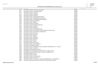 27/02/2019
63
14:58:27
CARTERA DE PROCEDIMIENTOS DE SALUD (CPT)
ESSALUD Fecha:
Hora:
Página:
Código Descripción UnidadGrupo Sección Sub Sección Nivel Grd. Cmp. Cir.
86710 EXAMENANTICUERPO CONTRA EL VIRUS DE LA INFLUENZA
86711 EXAMENANTICUERPO, VIRUS JC (JOHN CUNNINGHAM)
86713 EXAMENANTICUERPO CONTRA; LEGIONELLA
86717 EXAMENANTICUERPO CONTRA; LEISHMANIA
86720 EXAMENANTICUERPO CONTRA LEPTOSPIRA
86723 EXAMENANTICUERPO CONTRA; LISTERIA MONOCITOGENES
86727 EXAMENANTICUERPO CONTRA; CORIOMENINGITIS LINFOCITICA
86729 EXAMENANTICUERPO CONTRA; LYMPHOGRANULORNA VENEREUM
86732 EXAMENANTICUERPO CONTRA; MUCORMICOSIS
86735 EXAMENANTICUERPO CONTRA; PAPERAS
86738 EXAMENANTICUERPO CONTRA; MICOPLASMA
86741 EXAMENANTICUERPO CONTRA NEISSERIA MENINGITIDIS
86744 EXAMENANTICUERPO CONTRA; NOCARDIA
86747 EXAMENANTICUERPO CONTRA; PARVOVIRUS
86750 EXAMENANTICUERPO CONTRA PLASMODIUM (MALARIA)
86753 EXAMENANTICUERPO CONTRA; PROTOZOARIOS, NO ESPECIFICADOS EN OTRO LUGAR
86756 EXAMENANTICUERPO CONTRA; VIRUS SINCICIAL RESPIRATORIO
86757 EXAMENANTICUERPO CONTRA; RICKETTSIA
86759 EXAMENANTICUERPO CONTRA; ROTAVIRUS
86762 EXAMENANTICUERPO CONTRA; RUBEOLA
86765 EXAMENANTICUERPO CONTRA; SARAMPION
86768 EXAMENANTICUERPO CONTRA; SALMONELLA
86771 EXAMENANTICUERPO CONTRA; SHIGELLA
86774 EXAMENANTICUERPO CONTRA; TETANO
86777 EXAMENANTICUERPO CONTRA; TOXOPLASMA
86778 EXAMENANTICUERPO CONTRA; TOXOPLASMA, IGM
86780 EXAMENANTICUERPO; TREPONEMA PALLIDUM
86781 EXAMENANTICUERPO CONTRA; TREPONEMA PALLIDUM, PRUEBA DE CONFIRMACION (P. EJ., FTA-ABS).
86784 EXAMENANTICUERPO CONTRA; TRICHINELLA
86787 EXAMENANTICUERPO CONTRA VARICELLA ZOSTER
86788 EXAMENDETERMINACION DE ANTICUERPOS IGM PARA VIRUS DE LA FIEBRE DEL NILO
86789 EXAMENDETERMINACION DE ANTICUERPOS PARA EL VIRUS DE LA FIEBRE DEL NILO
86790 EXAMENANTICUERPO; DENGUE, IGM - IGG
86793 EXAMENANTICUERPO CONTRA; YERSINIA
86800 EXAMENANTICUERPO CONTRA LA TIROGLOBULINA
86803 EXAMENANTICUERPO CONTRA LA HEPATITIS C;
86804 EXAMENANTICUERPO CONTRA LA HEPATITIS C; PRUEBA DE CONFIRMACION (P. EJ. "INMUNOBLOT")
86807 EXAMENTAMIZAJE EN SUERO DE ANTICUERPOS CITOTOXICOS (PRA); METODO ESTANDAR
14:58:2809956952ORptCarProcSld
 