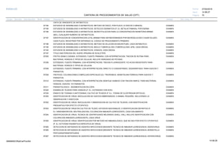 27/02/2019
70
14:58:27
CARTERA DE PROCEDIMIENTOS DE SALUD (CPT)
ESSALUD Fecha:
Hora:
Página:
Código Descripción UnidadGrupo Sección Sub Sección Nivel Grd. Cmp. Cir.
CINTA DE GRADIENTE DE ANTIBIOTICO)
87184 EXAMENESTUDIOS DE SENSIBILIDAD A ANTIBIOTICOS; METODO DE DISCO, POR PLACA (12 DISCOS O MENOS).
87185 EXAMENESTUDIOS DE SENSIBILIDAD A ANTIBIOTICOS; DETECCIO ENZIMATICA (P. EJ. BETALACTAMASA), POR ENZIMA
87186 EXAMENESTUDIOS DE SENSIBILIDAD A ANTIBIOTICOS; MICROTITULACION PARA LA CONCENTRACION INHIBITORIA MINIMA
(MIC), CUALQUIER NUMERO DE ANTIBIOTICOS.
87187 EXAMENIDENTIFICACION DE CONCENTRACION LETAL MINIMA PARA ANTIMICROBIANOS POR MICRODILUCION O AGAR DILUIDO,
CADA PLACA. REGISTRAR POR SEPARADO AL CODIGO DE PROCEDIMIENTO PRIMARIO
87188 EXAMENESTUDIOS DE SENSIBILIDAD A ANTIBIOTICOS; METODO DE DILUCION EN MACROTUBO, CADA ANTIBIOTICO.
87190 EXAMENESTUDIOS DE SENSIBILIDAD A ANTIBIOTICOS; BACILO TUBERCULOSO (TUBERCULOSIS, AFB), CADA DROGA.
87192 EXAMENESTUDIOS DE SENSIBILIDAD A ANTIBIOTICOS; HONGOS, CADA DROGA
87197 EXAMENTITULO BACTERICIDA DEL SUERO (PRUEBA DE SCHLICTER)
87205 EXAMENFROTIS GRAM O GIEMSA. EXTENDIDO, FUENTE PRIMARIA, CON INTERPRETACION; TINCION DE RUTINA PARA
BACTERIAS, HONGOS O TIPOS DE CELULAS. INCLUYE HIDROXIDO DE POTASIO
87206 EXAMENEXTENDIDO, FUENTE PRIMARIA, CON INTERPRETACION; TINCION FLUORESCENTE Y/O ACIDO-RESISTENTE PARA
BACTERIAS, HONGOS O TIPOS DE CELULAS.
87208 EXAMENEXTENDIDO, FUENTE PRIMARIA, CON INTERPRETACION; DIRECTO O CONCENTRADO, DESHIDRATADO, PARA HUEVOS Y
PARASITOS.
87209 EXAMENFROTICES, COLORACIONES COMPLEJAS ESPECIALES (EJ: TRICROMICA, HEMATXILINA FERRICA) PARA HUEVOS Y
PARASITOS.
87210 EXAMENEXTENDIDO, FUENTE PRIMARIA, CON INTERPRETACION; MONTAJE HUMEDO CON TINCION SIMPLE, PARA BACTERIAS,
HONGOS, HUEVOS, Y/O PARASITOS
87211 EXAMENPARASITOLOGICO - SEDIMENTACION EN COPA
87220 EXAMENEXAMEN DE TEJIDOS PARA HONGOS (P. EJ., EXTENDIDO CON KOH)
87230 EXAMENENSAYO DE TOXINAS O ANTITOXINAS, CULTIVO DE TEJIDOS (P. EJ., TOXINA DE CLOSTRIDIUM DIFFICILE).
87250 EXAMENIDENTIFICACION DE VIRUS; INOCULACION DE HUEVOS EMBRIONADOS, O ANIMAL PEQUEÑO, INCLUYENDO LA
OBSERVACION Y DISECCION
87252 EXAMENIDENTIFICACION DE VIRUS; INOCULACION Y OBSERVACION DE CULTIVO DE TEJIDOS, CON IDENTIFICACION
PRESUNTIVA POR EFECTO CITOPATICO
87253 EXAMENIDENTIFICACION DE VIRUS EN CULTIVO DE TEJIDO, ESTUDIOS ADICIONALES. O IDENTIFICACION DEFINITIVA (P.
EJ. HEMOABSORCION, NEUTRALIZACION, COLORACION INMUNOFLUORESCENTE), CADA AISLAMIENTO
87254 EXAMENIDENTIFICACION DE VIRUS, TECNICA DE CENTRIFUGADO MEJORADO (SHELL VIAL), INCLUYE IDENTIFICACION CON
COLORACION INMUNOFLUORESCENTE), CADA VIRUS
87255 EXAMENIDENTIFICACION DE VIRUS; IDENTIFICACION POR METODO NO INMUNOLOGICO, QUE NO SEA POR EFECTO CITOPATICO
(P. EJ. ACTIVIDAD ENZIMATICA ESPECIFICA DE VIRUS)
87260 EXAMENDETECCION DE ANTIGENOS DE AGENTES INFECCIOSOS MEDIANTE TECNICA DE INMUNOFLUORESCENCIA; ADENOVIRUS
87265 EXAMENDETECCION DE ANTIGENOS DE AGENTES INFECCIOSOS MEDIANTE TECNICA DE INMUNOFLUORESCENCIA; BORDETELLA
PERTUSSIS/PARAPERTUSSIS
87267 EXAMENDETECCION DE ANTIGENOS DE AGENTES INFECCIOSOS MEDIANTE TECNICA DE INMUNOFLUORESCENCIA; ENTEROVIRUS,
14:58:2809956952ORptCarProcSld
 